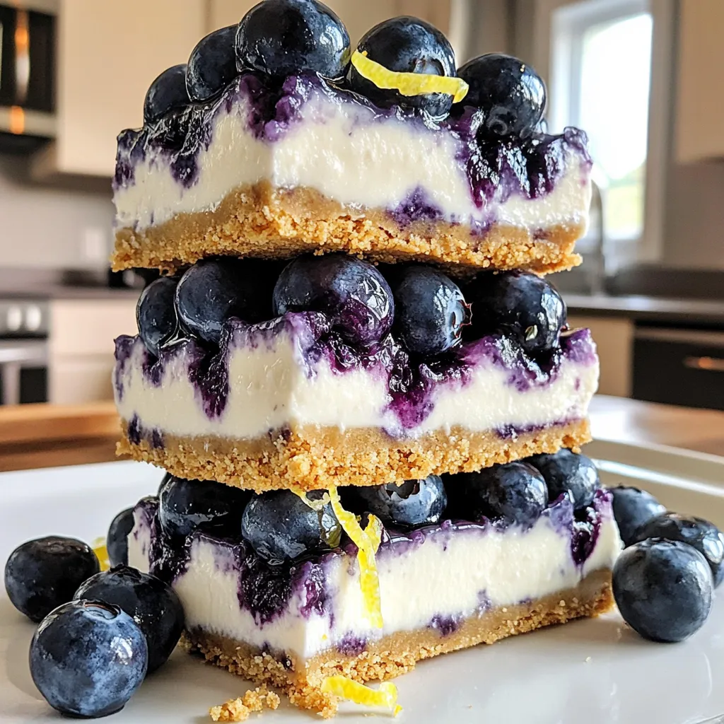 - 1 ½ Tassen Graham-Cracker-Brösel - ½ Tasse ungesalzene Butter, geschmolzen - 16 oz griechischer Joghurt (natur, Vollfett oder fettarm) - 8 oz Frischkäse, weich Für meine Riegel benutze ich Graham-Cracker-Brösel für die Kruste. Sie geben einen tollen Crunch. Die ungesalzene Butter macht die Kruste fest und lecker. Griechischer Joghurt bringt Cremigkeit in die Füllung. Der Frischkäse hilft, alles zusammenzuhalten und macht die Riegel schön weich. - 2 Esslöffel Zucker für die Kruste - ¾ Tasse Zucker für die Füllung - 1 Teelöffel Vanilleextrakt - Schale von 1 Zitrone Zucker ist wichtig für die Süße. Ich benutze auch Vanilleextrakt, um den Geschmack zu verbessern. Die Zitronenschale gibt den Riegeln eine frische Note. Sie macht die Füllung lebendig und schmackhaft. - 1 ½ Tassen frische Blaubeeren - 1 Esslöffel Maisstärke (optional) Frische Blaubeeren sind der Star meiner Riegel. Sie bringen Farbe und Frische. Wenn ich die Füllung dicker machen will, füge ich Maisstärke hinzu. So bleibt die Füllung schön fest, und die Blaubeeren bleiben ganz. - Heize deinen Ofen auf 175°C vor. - Lege eine 23x23 cm große Backform mit Backpapier aus. Lass etwas Papier überhängen. - Mische in einer Schüssel die Graham-Cracker-Brösel, die geschmolzene Butter und 2 Esslöffel Zucker. - Rühre gut, bis die Brösel feucht sind. Drücke die Mischung in die Backform. - Rühre den weichen Frischkäse in einer großen Schüssel glatt. - Füge den griechischen Joghurt, ¾ Tasse Zucker, Eier, Vanilleextrakt und Zitronenschale hinzu. Mische alles gut, bis die Masse cremig ist. - Füge die frischen Blaubeeren vorsichtig zur Füllung hinzu. - Wenn du eine dickere Masse willst, mische auch die Maisstärke unter. - Gieße die Füllung gleichmäßig über die Kruste. - Backe die Mischung 30-35 Minuten. Die Mitte sollte fest, aber leicht wackelig sein. - Lass die Riegel nach dem Backen im Ofen für 1 Stunde abkühlen. - Kühle die Riegel mindestens 4 Stunden oder über Nacht im Kühlschrank. - Hebe die Riegel mit dem Überhang des Papiers aus der Form. - Schneide sie in gleich große Stücke und serviere sie schön angerichtet! Um die besten Riegel zu machen, ist es wichtig, frischen Frischkäse zu verwenden. Achte darauf, dass dieser bei Raumtemperatur ist. Das macht die Mischung cremiger und verhindert Klumpen. Wenn du frische Blaubeeren wählst, achte darauf, dass sie fest und prall sind. So bekommst du den besten Geschmack. Die Präsentation macht viel aus. Ich empfehle, die Riegel mit frischen Früchten zu garnieren. Das sieht nicht nur toll aus, sondern schmeckt auch fantastisch. Serviere die Riegel auf dekorativen Tellern. Ein schöner Teller hebt das Erlebnis und macht die Riegel noch einladender. Wenn du einen Crunch magst, füge etwas Nüsse hinzu. Gehackte Mandeln oder Walnüsse passen gut dazu. Wenn du eine Alternative zu Joghurt oder Käse suchst, probiere pflanzliche Optionen. So kannst du die Riegel an verschiedene Diäten anpassen. {{image_4}} Ich liebe es, mit anderen Früchten zu experimentieren. Himbeeren oder Erdbeeren machen die Riegel frisch und bunt. Diese Beeren passen gut zu dem cremigen Joghurt. Eine Kombination aus verschiedenen Beeren bringt noch mehr Geschmack. Mischen Sie Blaubeeren, Himbeeren und Erdbeeren für ein fruchtiges Erlebnis. Für eine vegane Version ersetzen Sie den Joghurt und den Frischkäse durch pflanzliche Alternativen. Sojajoghurt oder Kokosjoghurt sind gute Optionen. Für die Füllung können Sie zerdrückte Bananen oder Apfelmus anstelle von Eiern verwenden. Diese Zutaten sorgen für die nötige Bindung und Feuchtigkeit. Möchten Sie die Riegel glutenfrei machen? Verwenden Sie glutenfreie Kekse für die Kruste. Diese sind oft in Supermärkten erhältlich. Achten Sie darauf, die anderen Zutaten ebenfalls glutenfrei zu wählen, wie z.B. die Maisstärke. So genießen alle den leckeren Käsekuchen. Um die Frische der Riegel zu sichern, lagere sie im Kühlschrank. Das hilft, die cremige Textur zu bewahren. Verwende luftdichte Behälter, um die Riegel zu schützen. So bleiben sie länger lecker und schmackhaft. Achte darauf, dass die Behälter gut verschlossen sind. Das verhindert, dass andere Gerüche die Riegel beeinflussen. Die Riegel schmecken am besten, wenn du sie innerhalb von fünf Tagen verzehrst. Wenn du sie länger aufbewahren möchtest, friere sie ein. Eingefrorene Riegel bleiben bis zu drei Monate haltbar. Das Einfrieren hilft, den Geschmack und die Konsistenz zu bewahren. Stelle sicher, dass die Riegel gut verpackt sind, um Gefrierbrand zu vermeiden. Um die Riegel nach dem Einfrieren zu genießen, taue sie im Kühlschrank auf. Dies dauert einige Stunden oder über Nacht. So bleiben sie schön cremig. Wenn du bereit bist zu servieren, schneide sie in gleichmäßige Stücke. Du kannst die Riegel mit frischen Blaubeeren garnieren. Das gibt einen tollen Farbkontrast und zusätzlichen Geschmack. Um die Käsekuchenriegel für spezielle Diäten anzupassen, gibt es einige einfache Optionen. Für eine glutenfreie Variante können Sie glutenfreie Graham-Cracker verwenden. Diese sind in vielen Geschäften erhältlich. Alternativ können Sie auch eine Mischung aus Nüssen und Kokosflocken verwenden. Für eine vegane Option ersetzen Sie den Frischkäse und den griechischen Joghurt durch pflanzliche Alternativen. Nutzen Sie auch Leinsamen oder Chiasamen anstelle der Eier. Diese Anpassungen machen die Riegel für jeden geeignet. Ja, Sie können gefrorene Blaubeeren verwenden. Sie sind praktisch und oft günstiger. Gefrorene Blaubeeren können jedoch mehr Flüssigkeit abgeben. Das kann die Füllung wässrig machen. Um dies zu vermeiden, tauen Sie die Blaubeeren zuerst auf und lassen Sie das überschüssige Wasser abtropfen. Frische Blaubeeren haben eine festere Textur und besseres Aroma. Wählen Sie je nach Verfügbarkeit und Geschmack die beste Option für Ihr Rezept. Wenn die Füllung zu flüssig ist, gibt es einfache Lösungen. Fügen Sie etwas Maisstärke hinzu, um die Konsistenz zu verbessern. Mischen Sie die Maisstärke gut in die Füllung ein. Backen Sie die Riegel etwas länger, um die Füllung fester zu machen. Achten Sie darauf, dass die Mitte fest ist, aber sich noch leicht bewegt. Wenn die Füllung immer noch zu flüssig ist, lassen Sie die Riegel nach dem Backen länger im Kühlschrank kühlen. Um die Riegel länger frisch zu halten, bewahren Sie sie im Kühlschrank auf. Nutzen Sie einen luftdichten Behälter, um den Geschmack zu schützen. Die Riegel bleiben so bis zu einer Woche frisch. Für längere Lagerung können Sie die Riegel einfrieren. Wickeln Sie sie gut ein, um Gefrierbrand zu vermeiden. Zum Servieren lassen Sie sie einfach im Kühlschrank auftauen. So genießen Sie die Riegel immer frisch und lecker. Diese Käsekuchenriegel sind einfach, lecker und anpassbar. Wir haben gelernt, wie man die Hauptzutaten wie Graham-Cracker-Brösel, Frischkäse und Blaubeeren richtig einsetzt. Der Schritt-für-Schritt-Prozess hilft dir, perfekt gebackene Riegel zu kreieren. Denke daran, dass einfache Tipps für bessere Ergebnisse sorgen können. Experimentiere mit verschiedenen Früchten oder füge Nüsse hinzu für mehr Textur. Mit den Lagerungshinweisen bleibt dein Genuss lange frisch. Viel Spaß beim Ausprobieren und Teilen!