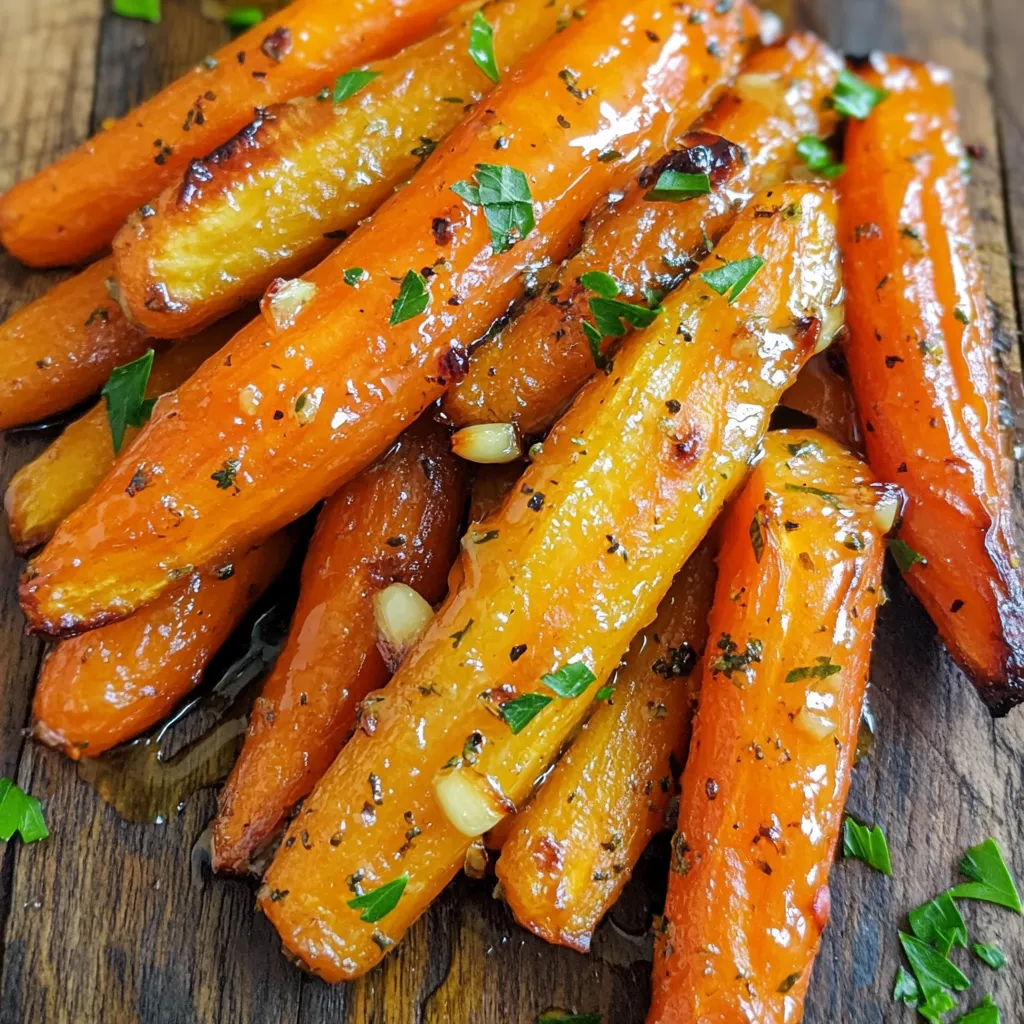 - 500 g Babykarotten, geschält und beschnitten - 3 Esslöffel Honig - 4 Knoblauchzehen, fein gehackt Die Babykarotten sind zart und süß. Sie brauchen keine lange Garzeit. Honig gibt einen tollen süßen Geschmack. Knoblauch bringt viel Aroma. Diese Mischung macht die Karotten besonders lecker. - 1 Teelöffel frische Thymianblätter (oder ½ Teelöffel getrockneter Thymian) - Salz und schwarzer Pfeffer nach Geschmack Thymian ist ein tolles Kraut für den Geschmack. Es passt gut zu Gemüse. Salz und Pfeffer sind wichtig. Sie bringen die Aromen der Karotten hervor. - Frische Petersilie - Zusätzliche Dekoration Frische Petersilie macht das Gericht schön und frisch. Sie bringt auch ein wenig Farbe. Du kannst auch Thymianzweige für die Dekoration verwenden. Dies sieht besonders festlich aus. Heize deinen Ofen auf 200°C (400°F) vor. Das gibt den Karotten die perfekte Hitze. In einer großen Schüssel kombiniere 3 Esslöffel Honig, 2 Esslöffel Olivenöl, 4 fein gehackte Knoblauchzehen und 1 Teelöffel frische Thymianblätter. Füge Salz und Pfeffer nach Geschmack hinzu. Rühre alles gut um, bis die Marinade schön cremig wird. Nimm 500 g Babykarotten und gib sie in die Schüssel. Wälze die Karotten in der Honig-Knoblauch-Mischung. Stelle sicher, dass jede Karotte gleichmäßig bedeckt ist. Das macht sie schmackhaft und süß. Bereite ein Backblech vor, indem du es mit Backpapier auslegst. Lege die Karotten in einer einzigen Schicht darauf. Röste die Karotten für 25-30 Minuten. Wende sie nach der Hälfte der Zeit. So garen sie gleichmäßig. Wenn sie zart und karamellisiert sind, nimm sie aus dem Ofen. Lass sie kurz abkühlen und serviere sie schön garniert mit frischer Petersilie. Um die besten Röstergebnisse für deine Karotten zu erzielen, wende sie während des Garens. Das Wenden hilft, die Karotten gleichmäßig zu bräunen. Nach etwa 15 Minuten solltest du die Karotten im Ofen umdrehen. So entfalten sich die Aromen besser und sie bekommen eine schöne Farbe. Überprüfe die Zartheit der Karotten, indem du mit einer Gabel hineinstechst. Wenn sie leicht durchgehen, sind sie perfekt. Wenn nicht, röste sie noch ein paar Minuten länger. Jedes Ofenmodell kann anders sein, also bleib aufmerksam. Du kannst die Marinade leicht anpassen. Probiere verschiedene Kräuter, um neue Geschmäcker zu entdecken. Frischer Rosmarin oder Oregano geben einen tollen Twist. Auch getrocknete Kräuter funktionieren gut, wenn frische nicht verfügbar sind. Wenn du alternative Süßungsmittel ausprobieren möchtest, verwende Ahornsirup oder Agavendicksaft. Diese Süßstoffe bringen einen eigenen Geschmack mit, der gut zu den Karotten passt. Experimentiere und finde deine Lieblingskombination! {{image_4}} Um dein Gericht noch spannender zu machen, kannst du Nüsse oder Samen hinzufügen. Geröstete Mandeln oder Walnüsse geben einen tollen Crunch. Sie harmonieren gut mit der Süße der Karotten. Auch Kürbiskerne sind eine gute Wahl. Sie bringen eine nussige Note. Du kannst die Karotten auch mit anderen Gemüsearten kombinieren. Zum Beispiel passen Süßkartoffeln oder Zucchini gut dazu. Achte darauf, dass die Garzeit ähnlich ist. So werden alle Gemüse gleichmäßig zart. Diese Honig-Knoblauch-Rösti Karotten sind eine perfekte Beilage zu Hauptgerichten. Sie passen gut zu gebratenem Huhn oder Lamm. Die Süße der Karotten balanciert die herzhaften Aromen wunderbar aus. Du kannst die Karotten auch als Salatbestandteil verwenden. Mische sie mit frischem Spinat oder Rucola. Ein spritziges Dressing aus Zitrone passt sehr gut dazu. So wird dein Salat bunt und gesund. - Kühlschranklagerung: Wenn du noch Karotten übrig hast, lege sie in einen luftdichten Behälter. So bleiben sie frisch. Im Kühlschrank sind sie bis zu fünf Tage haltbar. Achte darauf, sie nicht neben stark riechenden Lebensmitteln zu lagern. - Gefrieroptionen: Wenn du die Karotten länger aufbewahren möchtest, kannst du sie auch einfrieren. Koche die Karotten kurz, bevor du sie einfrierst. So bleiben Geschmack und Textur besser erhalten. Verwende einen gefrierfesten Beutel und beschrifte ihn mit dem Datum. Gefrorene Karotten sind bis zu sechs Monate haltbar. - Wie lange sind sie haltbar?: Frisch zubereitete Honig Knoblauch Rösti Karotten halten sich im Kühlschrank etwa fünf Tage. Wenn du sie einfrierst, sind sie bis zu sechs Monate genießbar. Nach dem Auftauen sollten sie schnell gegessen werden, um den besten Geschmack zu genießen. Um die Honig-Knoblauch Rösti Karotten vegan zu machen, musst du Honig ersetzen. Eine gute Alternative ist Agavensirup oder Ahornsirup. Beide geben eine süße Note und passen gut zu den Karotten. Diese Sirupe sind pflanzlich und bieten einen ähnlichen Geschmack wie Honig. Du kannst die gleiche Menge verwenden, also drei Esslöffel. Ja, du kannst vorgeröstete Karotten aufwärmen. Die besten Methoden sind das Aufwärmen im Ofen oder in einer Pfanne. Im Ofen solltest du sie bei 180°C für etwa 10-15 Minuten aufwärmen. Das sorgt dafür, dass sie knusprig bleiben. In einer Pfanne kannst du sie bei mittlerer Hitze für etwa 5-7 Minuten erwärmen. Füge etwas Olivenöl hinzu, um die Karotten saftig zu halten. Ja, gefrorene Karotten sind eine praktische Option. Du solltest sie jedoch zuerst auftauen. Danach tupfe sie mit einem Küchentuch trocken. So wird die Marinade besser aufgenommen. Wenn du gefrorene Karotten verwendest, röste sie etwas länger, etwa 30-35 Minuten, da sie mehr Feuchtigkeit enthalten. Sie werden trotzdem lecker und zart! Die Hauptzutaten für die Röstkarotten sind einfach: Babykarotten, Honig und Knoblauch. Mit Thymian und einfachen Gewürzen wie Salz und Pfeffer schmecken sie noch besser. Ich habe die Schritte zum Vorbereiten, Marinieren und Rösten klar erklärt. Tipps helfen dir, die perfekten Karotten zu erhalten. Du kannst auch mit Variationen und Garnierungen spielen. Reste lassen sich gut aufbewahren. Denke daran, mit verschiedenen Zutaten zu experimentieren und Spaß beim Kochen zu haben. So werden die Röstkarotten zum Hit bei jedem Essen.