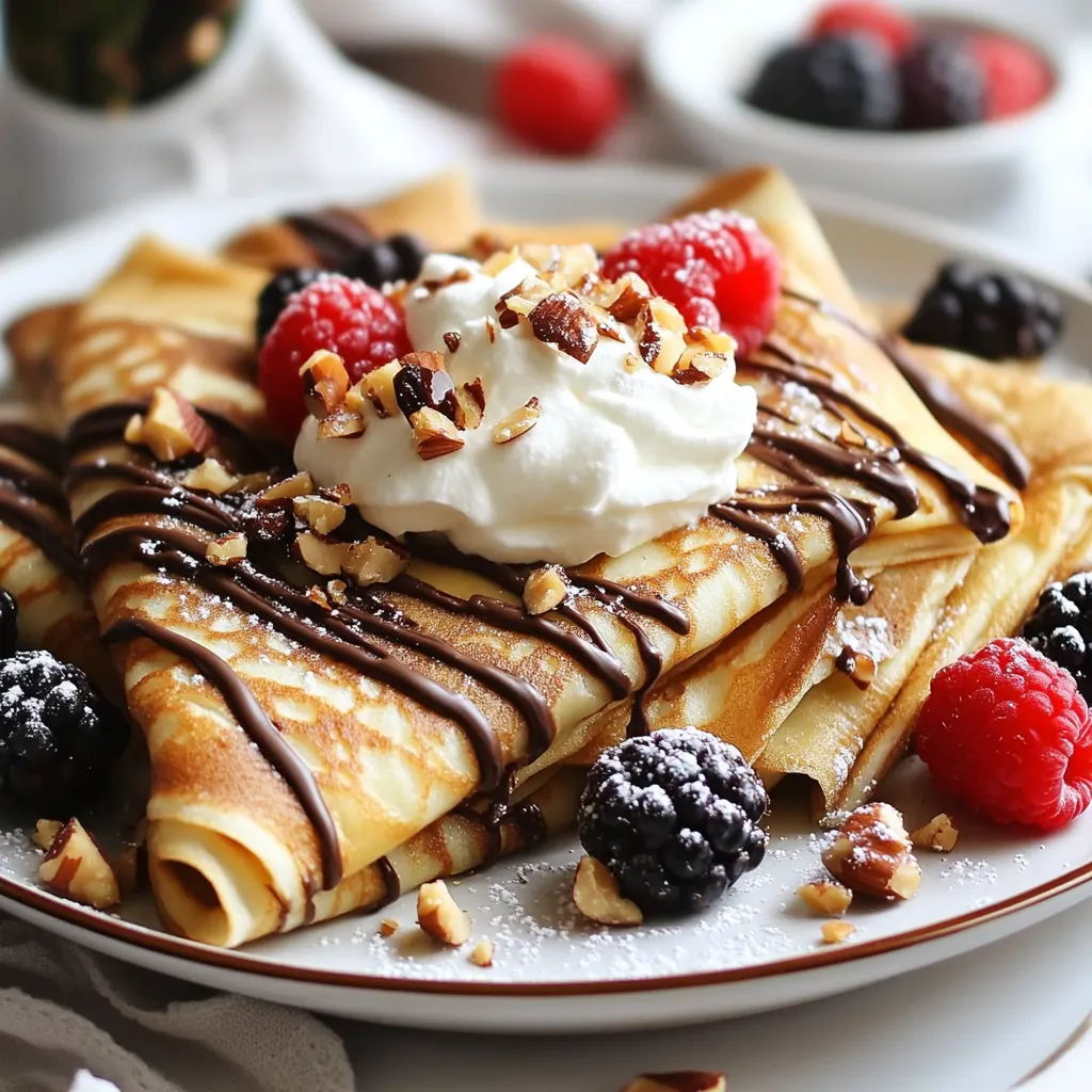 Um die perfekten Schokoladen-Hasselnuss-Crêpes zu machen, benötigst du folgende Zutaten: - 1 Tasse Allzweckmehl - 2 große Eier - 1 1/2 Tassen Milch - 2 Esslöffel geschmolzene Butter - 2 Esslöffel Zucker - 1/2 Teelöffel Vanilleextrakt - Eine Prise Salz - 1/2 Tasse Schokoladen-Hasselnuss-Aufstrich (wie Nutella) - 1/4 Tasse gehackte Haselnüsse (zum Garnieren) - Schlagsahne (zum Servieren) - Frische Beeren (optional, zur Garnierung) Wähle frische Zutaten für den besten Geschmack. Achte auf qualitativ hochwertige Eier und Milch. Das Mehl sollte keine Klumpen haben. Wenn du Haselnüsse kaufst, nimm ungesalzene und frisch gehackte Nüsse. Der Schokoladen-Hasselnuss-Aufstrich sollte cremig sein. So schmilzt er besser in den warmen Crêpes. Wenn du glutenfrei kochen möchtest, verwende glutenfreies Mehl. Für eine vegane Option, ersetze die Eier mit Apfelmus und die Milch mit pflanzlicher Milch. Nutze vegane Butter oder Kokosöl anstelle von geschmolzener Butter. Der Schokoladen-Hasselnuss-Aufstrich kann auch durch Mandel- oder Erdnussbutter ersetzt werden. {{ingredient_image_2}} Zuerst benötigst du eine mittelgroße Schüssel. Vermenge dort das Allzweckmehl, den Zucker und das Salz. Diese trockenen Zutaten sind die Basis für deinen Crêpe-Teig. In einer separaten Schüssel schlage die großen Eier auf. Füge dann die Milch, die geschmolzene Butter und den Vanilleextrakt hinzu. Rühre alles gut um, bis die Mischung glatt ist. Gieße die flüssigen Zutaten langsam in die Schüssel mit dem Mehl. Rühre dabei ständig mit einem Schneebesen. So entsteht ein glatter Teig ohne Klumpen. Lass den Teig 30 Minuten bei Zimmertemperatur ruhen. Das ist wichtig, damit er schön elastisch wird. Jetzt kommt der spannende Teil! Wärm eine beschichtete Pfanne oder Crêpe-Pfanne bei mittlerer Hitze auf. Fette die Pfanne leicht mit Butter oder Öl ein. Gieße etwa 1/4 Tasse Teig in die heiße Pfanne. Bewege die Pfanne schnell, damit der Teig gleichmäßig verteilt wird. Lass den Crêpe 1-2 Minuten backen. Die Ränder heben sich, wenn er fertig ist. Die Unterseite sollte goldbraun sein. Wende den Crêpe vorsichtig und backe die andere Seite eine weitere Minute. Lege den fertigen Crêpe auf einen Teller. Wiederhole das mit dem restlichen Teig. Jetzt sind die Crêpes bereit für die Füllung! Nimm einen großzügigen Esslöffel Schokoladen-Hasselnuss-Aufstrich. Verteile ihn auf eine Hälfte des Crêpes. Falte ihn dann zuerst in der Mitte und dann erneut, um eine Dreiecksform zu bilden. Du kannst ihn auch einfach aufrollen. Richte die warmen Crêpes auf Tellern an. Garniere sie mit Schlagsahne, gehackten Haselnüssen und optional frischen Beeren. So wird dein Gericht noch bunter und leckerer! Ein häufiger Fehler beim Crêpe-Machen ist, den Teig zu dick zu machen. Achte darauf, dass der Teig dünn und glatt ist. Wenn du ihn zu lange rührst, wird er zäh. Rühre nur so lange, bis alles gut vermischt ist. Gib der Pfanne genug Zeit, um heiß zu werden. Wenn die Hitze zu niedrig ist, brennen die Crêpes nicht richtig an und werden nicht knusprig. Um den perfekten Teig zu erhalten, kombiniere die trockenen Zutaten zuerst. Mische Mehl, Zucker und Salz in einer Schüssel. In einer anderen Schüssel vermenge die feuchten Zutaten gut. Diese Mischung zu den trockenen Zutaten gießen und leicht rühren. Lass den Teig dann ruhen. Diese Ruhezeit von 30 Minuten ist wichtig. Sie sorgt dafür, dass die Crêpes weich und geschmeidig werden. Für die besten Crêpes brauchst du einige nützliche Utensilien. Eine beschichtete Pfanne oder eine spezielle Crêpe-Pfanne ist ideal. Diese Pfannen verhindern, dass der Teig kleben bleibt. Ein Teigschaber hilft dir, den Teig gleichmäßig zu verteilen. Ein Schneebesen ist wichtig, um die Zutaten gut zu vermischen. Diese Werkzeuge machen das Crêpe-Machen einfacher und sorgen für ein besseres Ergebnis. Pro Tipps Teig ruhen lassen: Lassen Sie den Teig mindestens 30 Minuten ruhen, damit die Gluten entspannen und die Crêpes zarter werden. Hitze kontrollieren: Achten Sie darauf, die Pfanne auf mittlere Hitze zu stellen, um ein gleichmäßiges Garen der Crêpes zu gewährleisten. Verwendung von Butter: Verwenden Sie Butter zum Einfetten der Pfanne für einen köstlichen Geschmack und eine goldene Farbe der Crêpes. Frische Zutaten: Verwenden Sie frische Beeren und hochwertige Schlagsahne für die Garnitur, um den Geschmack der Crêpes zu verbessern. {{image_4}} Wenn du Schokoladen-Hasselnuss-Crêpes machst, kannst du leicht variieren. Du kannst den Schokoladen-Hasselnuss-Aufstrich mit anderen Nusscremes ersetzen. Mandel- oder Cashewcremes bieten frische Geschmäcker. Du kannst auch dunkle Schokolade verwenden. Diese sorgt für einen intensiveren Schokoladengeschmack. Für eine fruchtige Note kannst du frische Beeren nutzen. Himbeeren oder Erdbeeren passen perfekt. Du kannst sie einfach auf die Füllung legen. Eine andere Option ist, Bananen in Scheiben zu schneiden. Sie harmonieren super mit der Schokolade. Für einen besonderen Kick füge etwas Zimt hinzu. Zimt hebt die Aromen hervor und verleiht mehr Tiefe. Wenn du eine herzhafte Variante suchst, probiere Ziegenkäse oder Spinat. Mit einer milden Käsesorte kannst du einen tollen Kontrast schaffen. Auch gebratene Pilze sind eine gute Wahl. Sie geben den Crêpes einen erdigen Geschmack. Experimentiere mit verschiedenen Kräutern. Frische Kräuter wie Basilikum oder Thymian bringen frischen Wind in deine Crêpes. Crêpes sind einfach zu lagern. Du kannst sie gut einfrieren. Lege die Crêpes zwischen Backpapier. Das verhindert, dass sie zusammenkleben. Verwende einen luftdichten Behälter oder einen Gefrierbeutel. So bleiben sie frisch. Gefrorene Crêpes halten bis zu zwei Monate. Achte darauf, sie gut zu beschriften. Hast du Reste? Lagere sie im Kühlschrank. Lege die Crêpes in einen luftdichten Behälter. So bleiben sie weich und lecker. Sie halten sich dort etwa drei Tage. Wenn du sie länger aufbewahren möchtest, friere sie besser ein. Um die Crêpes wieder warm zu machen, nimm eine Pfanne. Erhitze sie bei mittlerer Temperatur. Lege die Crêpes hinein und wärme sie für ein bis zwei Minuten. Du kannst auch die Mikrowelle nutzen. Stelle sie für 20 bis 30 Sekunden auf hohe Stufe. So bleiben sie zart und lecker. Um die Crêpes glutenfrei zu machen, ersetze das Allzweckmehl durch glutenfreies Mehl. Du kannst eine Mischung aus Reismehl, Mandelmehl und Kartoffelstärke verwenden. Achte darauf, dass die glutenfreien Mehle gut gemischt sind. Dies sorgt für eine glatte Textur. Probiere auch, das Verhältnis von Flüssigkeit leicht zu erhöhen. So bleibt der Teig geschmeidig. Ja, du kannst die Crêpes im Voraus zubereiten. Koche sie einfach, lasse sie abkühlen und lege sie in eine luftdichte Box. Du kannst sie 2-3 Tage im Kühlschrank aufbewahren. Zum Servieren erhitzt du sie in einer Pfanne oder Mikrowelle. Diese Methode spart Zeit und macht das Frühstück oder Dessert einfach. Die besten Tipps für das Wenden von Crêpes sind einfach. Warte, bis die Ränder leicht goldbraun sind. Verwende eine dünne, flexible Spachtel, um die Crêpes vorsichtig anzuheben. Hebe sie langsam und drehe sie schnell um. Übung macht den Meister. Mit der Zeit wirst du perfekt im Wenden sein. In diesem Artikel haben Sie alles über Crêpes gelernt. Wir haben die besten Zutaten und Alternativen für Diäten besprochen. Sie haben eine Schritt-für-Schritt-Anleitung zum Zubereiten bekommen. Sie wissen, wie man häufige Fehler vermeidet und welche Utensilien nützlich sind. Denken Sie an die verschiedenen Variationen, ob süß oder herzhaft. Nutzen Sie die Tipps zur Lagerung, um Crêpes frisch zu halten. Jetzt sind Sie bereit, selbst köstliche Crêpes zu zaubern. Viel Spaß beim Ausprobieren!