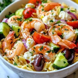 - 450 g große Garnelen, geschält und entdarmt - 240 g Orzo-Pasta - 300 g Kirschtomaten, halbiert - 1 Salatgurke, gewürfelt - 1/2 rote Zwiebel, fein gehackt - 75 g Kalamata-Oliven, entsteint und halbiert - 60 g Feta-Käse, zerbröselt - 45 ml Olivenöl - 30 ml Zitronensaft Ich liebe es, frische Zutaten zu verwenden. Garnelen sind der Star in diesem Salat. Sie bringen einen tollen Geschmack und Textur. Orzo-Pasta gibt dem Gericht eine schöne Füllung. Die Kirschtomaten sorgen für Frische und Süße. Salatgurke bringt Crunch und Farbe. Rote Zwiebeln fügen einen leicht scharfen Geschmack hinzu. Kalamata-Oliven geben einen salzigen Touch. Und Feta-Käse, oh, der macht alles noch besser! - Getrockneter Oregano, Salz und Pfeffer - Frische Petersilie für die Garnitur Die Gewürze sind wichtig für den Geschmack. Getrockneter Oregano bringt ein mediterranes Flair. Salz und Pfeffer betonen die Aromen. Petersilie als Garnitur macht den Salat schön und frisch. Es ist immer gut, frische Kräuter zu verwenden. Sie heben jedes Gericht hervor und machen es lebendig. {{ingredient_image_2}} Zuerst bringst du einen großen Topf mit Salzwasser zum Kochen. Dies ist wichtig, um die Orzo-Pasta perfekt zu kochen. Sobald das Wasser kocht, gib die Orzo-Pasta hinein. Achte darauf, die Pasta etwa 8 bis 10 Minuten zu kochen, bis sie al dente ist. Das bedeutet, dass sie leicht bissfest sein sollte. Nach dem Kochen gießt du die Pasta ab und lässt sie abkühlen. Das ist ein einfacher Schritt, aber sehr wichtig für einen guten Salat. Jetzt kommen die Garnelen an die Reihe. In einer großen Pfanne erhitzt du einen Esslöffel Olivenöl bei mittlerer Hitze. Während das Öl heiß wird, würze die Garnelen mit Salz, Pfeffer und Oregano. Das verleiht ihnen einen tollen Geschmack. Brate die Garnelen etwa 2 bis 3 Minuten auf jeder Seite. Sie sind fertig, wenn sie rosa und undurchsichtig sind. Nimm sie dann vom Herd und lasse sie abkühlen. So bleiben sie saftig und zart. Nun ist es Zeit, alles zusammenzustellen. In einer großen Schüssel vermengst du die abgekühlte Orzo, die Garnelen, Kirschtomaten, gewürfelte Gurke, rote Zwiebel und Kalamata-Oliven. Es sieht nicht nur gut aus, sondern schmeckt auch frisch und lecker. In einer kleinen Schüssel bereitest du die Vinaigrette vor. Mische das restliche Olivenöl, den Zitronensaft, Salz und Pfeffer. Gieße die Vinaigrette über den Salat und hebe alles vorsichtig unter. Zum Schluss fügst du den zerbröselten Feta-Käse hinzu. Rühre alles sanft um. Garnieren kannst du mit frisch gehackter Petersilie. So wird der Salat zum echten Hingucker! - Garzeit und optimale Temperatur: Garnelen sind perfekt, wenn sie rosa und undurchsichtig sind. Braten Sie sie 2-3 Minuten auf jeder Seite. Nutzen Sie mittlere Hitze. So bleiben sie saftig und zart. - Verwendung von frischen oder gefrorenen Garnelen: Frische Garnelen sind am besten. Sie haben mehr Geschmack. Gefrorene Garnelen sind eine gute Option. Lassen Sie sie einfach über Nacht im Kühlschrank auftauen. - Al dente-Zubereitung: Kochen Sie die Orzo-Pasta in sprudelndem Salzwasser. Achten Sie auf die Packungsanweisung. Sie sollte bissfest sein, also al dente. Das sorgt für die beste Textur. - Tipps zum Abkühlen: Nach dem Kochen gut abgießen. Spülen Sie die Orzo unter kaltem Wasser ab. So stoppen Sie den Kochprozess und verhindern, dass sie kleben bleibt. - Servierideen und Garnierungen: Servieren Sie den Salat in einer großen Schüssel. Nutzen Sie einzelne Teller für eine schöne Präsentation. Fügen Sie Zitronenscheiben und Petersilie hinzu. Das sieht ansprechend aus. - Farbige Akzente durch Gemüse und Kräuter: Verwenden Sie bunte Zutaten. Kirschtomaten bringen Farbe und Frische. Gurken und rote Zwiebeln sorgen für Kontrast. Frische Kräuter machen das Gericht lebendig. Pro Tipps Frische Garnelen wählen: Achten Sie darauf, frische oder gut gefrorene Garnelen zu verwenden, um den besten Geschmack und die beste Textur zu erzielen. Orzo richtig kochen: Kochen Sie die Orzo-Pasta al dente, um sicherzustellen, dass sie beim Mischen mit den anderen Zutaten nicht matschig wird. Vinaigrette anpassen: Passen Sie die Vinaigrette nach Ihrem Geschmack an, indem Sie mehr Zitronensaft oder Gewürze hinzufügen, um die Aromen zu intensivieren. Garnitur kreativ gestalten: Verwenden Sie zusätzliches frisches Gemüse oder essbare Blüten, um den Salat noch ansprechender und bunter zu gestalten. {{image_4}} Du kannst deinen Salat mit Jakobsmuscheln oder Muscheln aufpeppen. Diese Meeresfrüchte bringen einen feinen Geschmack. Sie sind leicht zu kochen und passen gut zu Orzo. Einfach die Muscheln in der Pfanne braten, bis sie öffnen. Für einen vegetarischen Twist, ersetze die Garnelen mit gerösteten Kichererbsen oder Tofu. Diese Optionen sind lecker und geben dir neue Texturen. Überlege, Paprika, Avocado oder Spinat hinzuzufügen. Diese Gemüsesorten bringen Farbe und Geschmack. Paprika gibt dir eine süße Note, während Avocado eine cremige Textur bietet. Spinat fügt einen gesunden, grünen Touch hinzu. Du kannst auch je nach Saison variieren. Im Sommer sind frische Erbsen oder Zucchini toll. Im Herbst passen geröstete Kürbiswürfel gut dazu. Experimentiere mit verschiedenen Dressings. Eine Balsamico-Vinaigrette gibt deinem Salat eine süß-saure Note. Du kannst auch ein einfaches Joghurt-Dressing machen. Mische Joghurt mit Zitronensaft, Salz und Pfeffer. Das bringt Frische. Fühle dich frei, mit Kräutern wie Basilikum oder Dill zu spielen. Diese Kräuter geben deinem Salat einen neuen Geschmack. Probiere verschiedene Kombinationen aus und finde deinen Favoriten! Um den Griechischen Garnelen-Orzo-Salat frisch zu halten, wähle einen luftdichten Behälter. Glasbehälter sind ideal, weil sie keine Gerüche aufnehmen. Du kannst auch Plastiktüten verwenden, aber achte darauf, die Luft herauszudrücken. Der Salat bleibt bis zu drei Tage frisch im Kühlschrank. Du kannst den Salat warm genießen. Erhitze ihn sanft in einer Pfanne. Achte darauf, dass die Garnelen nicht zu lange erhitzt werden. Alternativ schmeckt der Salat auch kalt sehr gut. Für die Reste kannst du kreativ werden. Mische den Salat mit etwas frischem Gemüse oder verwandle ihn in eine Wrap-Füllung. So bleibt das Essen spannend und lecker. Die Haltbarkeit des Griechischen Garnelen-Orzo-Salats beträgt etwa 2 bis 3 Tage im Kühlschrank. Um die Frische zu bewahren, lagere den Salat in einem luftdichten Behälter. Achte darauf, die Garnelen gut zu kühlen, da sie verderblich sind. Wenn der Salat an Frische verliert oder unangenehm riecht, solltest du ihn entsorgen. Ja, du kannst die Garnelen ersetzen. Eine tolle Alternative sind Jakobsmuscheln oder gegrillter Fisch. Für eine vegetarische Option nutze Kichererbsen oder gebratene Tofu-Würfel. Diese Optionen bringen auch einen tollen Geschmack und Textur in den Salat. Probiere verschiedene Varianten aus, um deine Lieblingskombination zu finden. Ja, der Griechische Garnelen-Orzo-Salat ist gesund. Er enthält frisches Gemüse, Proteine aus den Garnelen und gesunde Fette aus dem Olivenöl. Kirschtomaten und Gurken bieten wichtige Vitamine und Ballaststoffe. Feta-Käse gibt Geschmack und enthält Calcium. In Maßen ist dieser Salat eine nährstoffreiche Wahl. Dieser Blogbeitrag bot eine einfache Anleitung für einen griechischen Garnelen-Orzo-Salat. Wir haben über die Hauptzutaten und die wichtigen Gewürze gesprochen. Ich erklärte, wie man die Orzo-Pasta und die Garnelen zubereitet. Außerdem gab ich Tipps zur Präsentation und Variationen. Insgesamt ist dieser Salat nicht nur lecker, sondern auch vielseitig. Du kannst ihn leicht anpassen und genießen. Probiere es aus und entdecke, wie einfach es ist, frische Aromen auf den Tisch zu bringen!