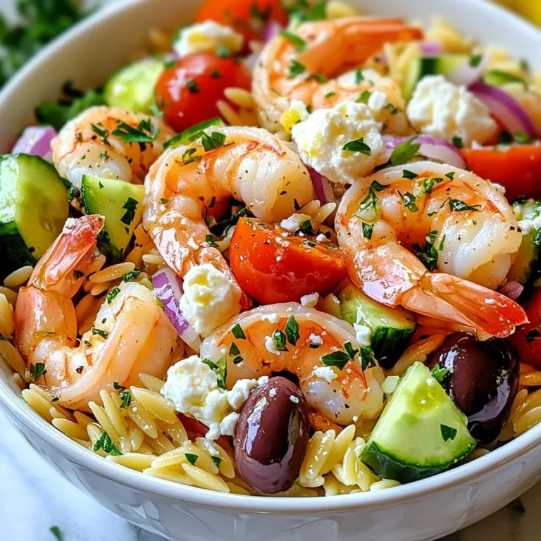 - 450 g große Garnelen, geschält und entdarmt - 240 g Orzo-Pasta - 300 g Kirschtomaten, halbiert - 1 Salatgurke, gewürfelt - 1/2 rote Zwiebel, fein gehackt - 75 g Kalamata-Oliven, entsteint und halbiert - 60 g Feta-Käse, zerbröselt - 45 ml Olivenöl - 30 ml Zitronensaft Ich liebe es, frische Zutaten zu verwenden. Garnelen sind der Star in diesem Salat. Sie bringen einen tollen Geschmack und Textur. Orzo-Pasta gibt dem Gericht eine schöne Füllung. Die Kirschtomaten sorgen für Frische und Süße. Salatgurke bringt Crunch und Farbe. Rote Zwiebeln fügen einen leicht scharfen Geschmack hinzu. Kalamata-Oliven geben einen salzigen Touch. Und Feta-Käse, oh, der macht alles noch besser! - Getrockneter Oregano, Salz und Pfeffer - Frische Petersilie für die Garnitur Die Gewürze sind wichtig für den Geschmack. Getrockneter Oregano bringt ein mediterranes Flair. Salz und Pfeffer betonen die Aromen. Petersilie als Garnitur macht den Salat schön und frisch. Es ist immer gut, frische Kräuter zu verwenden. Sie heben jedes Gericht hervor und machen es lebendig. {{ingredient_image_2}} Zuerst bringst du einen großen Topf mit Salzwasser zum Kochen. Dies ist wichtig, um die Orzo-Pasta perfekt zu kochen. Sobald das Wasser kocht, gib die Orzo-Pasta hinein. Achte darauf, die Pasta etwa 8 bis 10 Minuten zu kochen, bis sie al dente ist. Das bedeutet, dass sie leicht bissfest sein sollte. Nach dem Kochen gießt du die Pasta ab und lässt sie abkühlen. Das ist ein einfacher Schritt, aber sehr wichtig für einen guten Salat. Jetzt kommen die Garnelen an die Reihe. In einer großen Pfanne erhitzt du einen Esslöffel Olivenöl bei mittlerer Hitze. Während das Öl heiß wird, würze die Garnelen mit Salz, Pfeffer und Oregano. Das verleiht ihnen einen tollen Geschmack. Brate die Garnelen etwa 2 bis 3 Minuten auf jeder Seite. Sie sind fertig, wenn sie rosa und undurchsichtig sind. Nimm sie dann vom Herd und lasse sie abkühlen. So bleiben sie saftig und zart. Nun ist es Zeit, alles zusammenzustellen. In einer großen Schüssel vermengst du die abgekühlte Orzo, die Garnelen, Kirschtomaten, gewürfelte Gurke, rote Zwiebel und Kalamata-Oliven. Es sieht nicht nur gut aus, sondern schmeckt auch frisch und lecker. In einer kleinen Schüssel bereitest du die Vinaigrette vor. Mische das restliche Olivenöl, den Zitronensaft, Salz und Pfeffer. Gieße die Vinaigrette über den Salat und hebe alles vorsichtig unter. Zum Schluss fügst du den zerbröselten Feta-Käse hinzu. Rühre alles sanft um. Garnieren kannst du mit frisch gehackter Petersilie. So wird der Salat zum echten Hingucker! - Garzeit und optimale Temperatur: Garnelen sind perfekt, wenn sie rosa und undurchsichtig sind. Braten Sie sie 2-3 Minuten auf jeder Seite. Nutzen Sie mittlere Hitze. So bleiben sie saftig und zart. - Verwendung von frischen oder gefrorenen Garnelen: Frische Garnelen sind am besten. Sie haben mehr Geschmack. Gefrorene Garnelen sind eine gute Option. Lassen Sie sie einfach über Nacht im Kühlschrank auftauen. - Al dente-Zubereitung: Kochen Sie die Orzo-Pasta in sprudelndem Salzwasser. Achten Sie auf die Packungsanweisung. Sie sollte bissfest sein, also al dente. Das sorgt für die beste Textur. - Tipps zum Abkühlen: Nach dem Kochen gut abgießen. Spülen Sie die Orzo unter kaltem Wasser ab. So stoppen Sie den Kochprozess und verhindern, dass sie kleben bleibt. - Servierideen und Garnierungen: Servieren Sie den Salat in einer großen Schüssel. Nutzen Sie einzelne Teller für eine schöne Präsentation. Fügen Sie Zitronenscheiben und Petersilie hinzu. Das sieht ansprechend aus. - Farbige Akzente durch Gemüse und Kräuter: Verwenden Sie bunte Zutaten. Kirschtomaten bringen Farbe und Frische. Gurken und rote Zwiebeln sorgen für Kontrast. Frische Kräuter machen das Gericht lebendig. Pro Tipps Frische Garnelen wählen: Achten Sie darauf, frische oder gut gefrorene Garnelen zu verwenden, um den besten Geschmack und die beste Textur zu erzielen. Orzo richtig kochen: Kochen Sie die Orzo-Pasta al dente, um sicherzustellen, dass sie beim Mischen mit den anderen Zutaten nicht matschig wird. Vinaigrette anpassen: Passen Sie die Vinaigrette nach Ihrem Geschmack an, indem Sie mehr Zitronensaft oder Gewürze hinzufügen, um die Aromen zu intensivieren. Garnitur kreativ gestalten: Verwenden Sie zusätzliches frisches Gemüse oder essbare Blüten, um den Salat noch ansprechender und bunter zu gestalten. {{image_4}} Du kannst deinen Salat mit Jakobsmuscheln oder Muscheln aufpeppen. Diese Meeresfrüchte bringen einen feinen Geschmack. Sie sind leicht zu kochen und passen gut zu Orzo. Einfach die Muscheln in der Pfanne braten, bis sie öffnen. Für einen vegetarischen Twist, ersetze die Garnelen mit gerösteten Kichererbsen oder Tofu. Diese Optionen sind lecker und geben dir neue Texturen. Überlege, Paprika, Avocado oder Spinat hinzuzufügen. Diese Gemüsesorten bringen Farbe und Geschmack. Paprika gibt dir eine süße Note, während Avocado eine cremige Textur bietet. Spinat fügt einen gesunden, grünen Touch hinzu. Du kannst auch je nach Saison variieren. Im Sommer sind frische Erbsen oder Zucchini toll. Im Herbst passen geröstete Kürbiswürfel gut dazu. Experimentiere mit verschiedenen Dressings. Eine Balsamico-Vinaigrette gibt deinem Salat eine süß-saure Note. Du kannst auch ein einfaches Joghurt-Dressing machen. Mische Joghurt mit Zitronensaft, Salz und Pfeffer. Das bringt Frische. Fühle dich frei, mit Kräutern wie Basilikum oder Dill zu spielen. Diese Kräuter geben deinem Salat einen neuen Geschmack. Probiere verschiedene Kombinationen aus und finde deinen Favoriten! Um den Griechischen Garnelen-Orzo-Salat frisch zu halten, wähle einen luftdichten Behälter. Glasbehälter sind ideal, weil sie keine Gerüche aufnehmen. Du kannst auch Plastiktüten verwenden, aber achte darauf, die Luft herauszudrücken. Der Salat bleibt bis zu drei Tage frisch im Kühlschrank. Du kannst den Salat warm genießen. Erhitze ihn sanft in einer Pfanne. Achte darauf, dass die Garnelen nicht zu lange erhitzt werden. Alternativ schmeckt der Salat auch kalt sehr gut. Für die Reste kannst du kreativ werden. Mische den Salat mit etwas frischem Gemüse oder verwandle ihn in eine Wrap-Füllung. So bleibt das Essen spannend und lecker. Die Haltbarkeit des Griechischen Garnelen-Orzo-Salats beträgt etwa 2 bis 3 Tage im Kühlschrank. Um die Frische zu bewahren, lagere den Salat in einem luftdichten Behälter. Achte darauf, die Garnelen gut zu kühlen, da sie verderblich sind. Wenn der Salat an Frische verliert oder unangenehm riecht, solltest du ihn entsorgen. Ja, du kannst die Garnelen ersetzen. Eine tolle Alternative sind Jakobsmuscheln oder gegrillter Fisch. Für eine vegetarische Option nutze Kichererbsen oder gebratene Tofu-Würfel. Diese Optionen bringen auch einen tollen Geschmack und Textur in den Salat. Probiere verschiedene Varianten aus, um deine Lieblingskombination zu finden. Ja, der Griechische Garnelen-Orzo-Salat ist gesund. Er enthält frisches Gemüse, Proteine aus den Garnelen und gesunde Fette aus dem Olivenöl. Kirschtomaten und Gurken bieten wichtige Vitamine und Ballaststoffe. Feta-Käse gibt Geschmack und enthält Calcium. In Maßen ist dieser Salat eine nährstoffreiche Wahl. Dieser Blogbeitrag bot eine einfache Anleitung für einen griechischen Garnelen-Orzo-Salat. Wir haben über die Hauptzutaten und die wichtigen Gewürze gesprochen. Ich erklärte, wie man die Orzo-Pasta und die Garnelen zubereitet. Außerdem gab ich Tipps zur Präsentation und Variationen. Insgesamt ist dieser Salat nicht nur lecker, sondern auch vielseitig. Du kannst ihn leicht anpassen und genießen. Probiere es aus und entdecke, wie einfach es ist, frische Aromen auf den Tisch zu bringen!