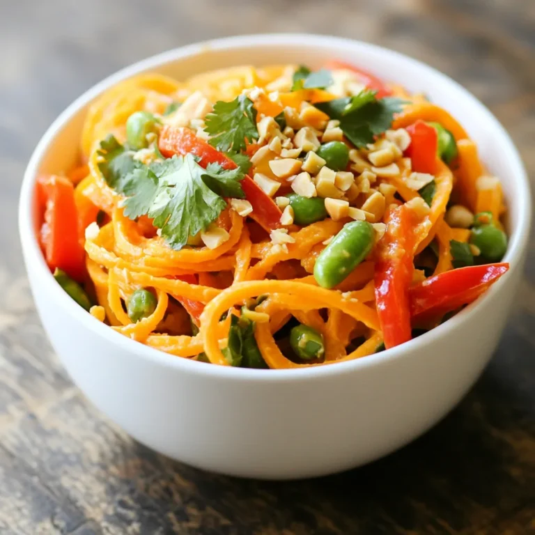 Für dieses Rezept brauchen Sie frische und gesunde Zutaten. Hier sind die Hauptbestandteile: - 2 mittelgroße Süßkartoffeln, spiralisiert zu Nudeln - 1 Tasse rote Paprika, dünn geschnitten - 1 Tasse Karotten, in feine Streifen geschnitten - 1 Tasse Zuckerschoten, geputzt - 3 Frühlingszwiebeln, in Scheiben geschnitten - 1/4 Tasse frischer Koriander, gehackt - 1/2 Tasse cremige Erdnussbutter Süßkartoffeln geben den Nudeln eine schöne Farbe und einen süßen Geschmack. Paprika und Karotten fügen Knusprigkeit hinzu, während Zuckerschoten für eine frische Note sorgen. Die richtigen Gewürze machen das Gericht besonders lecker. Hier sind die Zutaten für die Erdnusssauce: - 3 Esslöffel Sojasauce oder Tamari - 1 Esslöffel Limettensaft - 1 Esslöffel Ahornsirup - 1 Esslöffel Sesamöl - 1 Teelöffel frischer Ingwer, gerieben - 1/2 Teelöffel Knoblauchpulver Diese Kombination bringt die Aromen zusammen. Die Erdnussbutter macht die Sauce cremig, während Limettensaft Frische hinzufügt. Sie können das Gemüse nach Ihrem Geschmack anpassen. Hier sind einige Ideen: - Brokkoli für einen herzhaften Biss - Spinat für zusätzliche Nährstoffe - Zucchini für einen leicht süßen Geschmack Experimentieren Sie mit verschiedenen Gemüsesorten. So erhalten Sie immer neue Geschmäcker und Texturen. {{ingredient_image_2}} Bringe einen großen Topf mit Wasser zum Kochen. Füge die spiralisierten Süßkartoffeln hinzu und koche sie 3-4 Minuten. Die Nudeln sollten zart, aber bissfest sein. Gieße sie ab und stelle sie beiseite. Dies hält die Nudeln frisch und bereit für die nächste Stufe. Erhitze das Sesamöl in einer großen Pfanne bei mittlerer Hitze. Gib die rote Paprika, die Karotten und die Zuckerschoten hinein. Brate das Gemüse 4-5 Minuten lang an. Es sollte gerade zart werden, aber noch etwas Crunch haben. So bleibt der Geschmack frisch und lebendig. Während das Gemüse brät, bereite die Erdnusssauce vor. In einer mittelgroßen Schüssel mische die Erdnussbutter, Sojasauce, Limettensaft, Ahornsirup, geriebenen Ingwer und Knoblauchpulver. Rühre gut, bis die Sauce glatt ist. Wenn sie zu dick ist, füge etwas Wasser hinzu. Die Konsistenz sollte cremig und leicht fließend sein. Gib die gekochten Süßkartoffelnudeln in die Pfanne mit dem Gemüse. Gieße die Erdnusssauce darüber und vermenge alles vorsichtig. Achte darauf, dass die Nudeln gleichmäßig mit der Sauce bedeckt sind. Nimm die Pfanne vom Herd und mische die Frühlingszwiebeln und den Koriander unter. Das verleiht den Nudeln einen frischen Geschmack. Serviere sie in Schalen und garniere sie mit gehackten Erdnüssen. Um die beste Konsistenz für die Erdnusssauce zu erzielen, ist es wichtig, die richtige Menge an Flüssigkeit hinzuzufügen. Beginnen Sie mit der empfohlenen Menge an Wasser. Wenn die Sauce zu dick ist, fügen Sie nach und nach mehr Wasser hinzu. Rühren Sie gut, bis die Sauce glatt und cremig ist. Achten Sie darauf, die Sauce nicht zu lange zu kochen, da sie sonst an Geschmack verlieren kann. Ein kleiner Spritzer Limettensaft am Ende bringt die Aromen zum Strahlen. Sie können viele Gemüsesorten in dieses Gericht einfügen. Brokkoli, Zucchini oder Mangold sind tolle Optionen. Diese Gemüsesorten bringen Farbe und Nährstoffe in Ihre Nudeln. Schneiden Sie das Gemüse in kleine Stücke, damit es schnell gar wird. Experimentieren Sie mit verschiedenen Kombinationen, um Ihren perfekten Geschmack zu finden. Für mehr Geschmack servieren Sie die Nudeln mit frischen Kräutern. Koriander und Frühlingszwiebeln sind ideale Begleiter. Ein paar Spritzer Limettensaft über die Nudeln geben eine frische Note. Streuen Sie gehackte Erdnüsse darüber, um einen schönen Crunch zu erzeugen. Sie können auch etwas scharfe Sauce hinzufügen, wenn Sie es spicy mögen. So wird Ihr Gericht noch köstlicher und aufregender. Pro Tipps Süßkartoffeln richtig vorbereiten: Stellen Sie sicher, dass die Süßkartoffeln gleichmäßig spiralisiert sind, damit sie gleichmäßig garen und die Textur angenehm bleibt. Sauce anpassen: Experimentieren Sie mit der Erdnusssauce, indem Sie verschiedene Gewürze hinzufügen, wie z.B. Chili-Flocken für etwas Schärfe oder Limettenschale für zusätzlichen Frische. Gemüsevariationen: Fühlen Sie sich frei, andere Gemüsesorten wie Brokkoli oder Zucchini hinzuzufügen, um mehr Farbe und Nährstoffe in das Gericht zu bringen. Vorsicht beim Kochen: Überkochen Sie die Süßkartoffelnudeln nicht, da sie schnell weich werden. Testen Sie sie nach 3 Minuten, um die perfekte Konsistenz zu erreichen. {{image_4}} Wenn Sie glutenfrei leben, können Sie Sojasauce durch Tamari ersetzen. Tamari hat einen ähnlichen Geschmack, ist jedoch glutenfrei. Eine weitere Option sind Reisnudeln. Diese Nudeln sind leicht und nehmen die Erdnusssauce gut auf. Verwenden Sie auch frische Kräuter, um den Geschmack zu verstärken. Dieses Rezept ist bereits vegetarisch, aber Sie können es noch aufpeppen. Fügen Sie mehr Gemüse wie Brokkoli oder Zucchini hinzu. Diese Gemüse bringen zusätzliche Nährstoffe und Farbe. Tofu ist auch eine tolle Ergänzung. Braten Sie ihn an, bevor Sie ihn mit den Nudeln vermengen. So erhalten Sie mehr Protein und eine tolle Textur. Möchten Sie es scharf? Fügen Sie frische Chilischoten oder Chilipaste zur Erdnusssauce hinzu. Beginnen Sie mit einer kleinen Menge, um die Schärfe zu testen. Wenn Sie es lieber mild mögen, lassen Sie die Schärfe einfach weg. Eine Prise Cayennepfeffer kann auch für einen kleinen Kick sorgen. Um die Süßkartoffelnudeln frisch zu halten, lagere ich sie in einem luftdichten Behälter. Kühle sie vor dem Einlagern auf Raumtemperatur ab. So bleiben die Nudeln länger frisch. Achte darauf, dass der Behälter gut verschlossen ist, damit keine Luft eindringt. So vermeidest du Austrocknung und Verlust von Geschmack. Wenn du die Nudeln aufwärmen möchtest, gibt es einige einfache Methoden. Ich empfehle, die Nudeln in einer Pfanne bei mittlerer Hitze zu erwärmen. Füge einen Spritzer Wasser oder etwas Öl hinzu, um ein Ankleben zu verhindern. Rühre die Nudeln gut um, bis sie heiß sind. Alternativ kannst du die Nudeln auch in der Mikrowelle aufwärmen. Stelle die Mikrowelle auf mittlere Leistung und erwärme sie 1-2 Minuten lang. Überprüfe zwischendurch die Temperatur. Im Kühlschrank bleiben die Thai Erdnuss-Süßkartoffelnudeln etwa 3-4 Tage frisch. Wenn du sie länger aufbewahren möchtest, friere die Nudeln ein. Achte darauf, sie in einem gefrierfesten Behälter zu lagern. Im Gefrierfach sind sie bis zu 2 Monate haltbar. Vor dem Verzehr einfach im Kühlschrank auftauen und dann wie oben beschrieben aufwärmen. Ja, du kannst die Nudeln im Voraus machen. Koche die Süßkartoffelnudeln und lass sie abkühlen. Bewahre sie dann in einem luftdichten Behälter im Kühlschrank auf. Du kannst sie bis zu drei Tage lagern. Wenn du sie aufwärmst, gib etwas Wasser hinzu, um sie nicht trocken zu machen. Du kannst auch Zucchini-Nudeln verwenden. Sie sind leicht und gesund. Reisnudeln oder Glasnudeln sind eine weitere Option. Diese Nudeln haben eine andere Textur, aber sie passen gut zur Erdnusssauce. Probiere die Nudelart, die dir am besten gefällt. Dieses Gericht hat eine gute Menge an Protein. Die Erdnussbutter bringt viel Protein mit. Eine Portion enthält etwa 10-15 Gramm Protein, abhängig von der verwendeten Menge Erdnussbutter. Das Gemüse trägt ebenfalls zur Proteinmenge bei, ist aber eher eine Beilage. Die Thai Erdnuss-Süßkartoffelnudeln sind gesund und lecker. Wir haben die besten Zutaten, Gewürze und Gemüsevariationen erkundet. Die Schritt-für-Schritt-Anleitung hilft dir, die Nudeln perfekt zuzubereiten. Tipps für die ideale Erdnusssauce und verschiedene Variationen bieten Kreativität. Außerdem haben wir geholfen, die richtige Lagerung und Haltbarkeit zu klären. Egal, ob du ein schnelles Gericht oder etwas Besonderes willst, diese Nudeln sind eine tolle Wahl. Probier es aus!