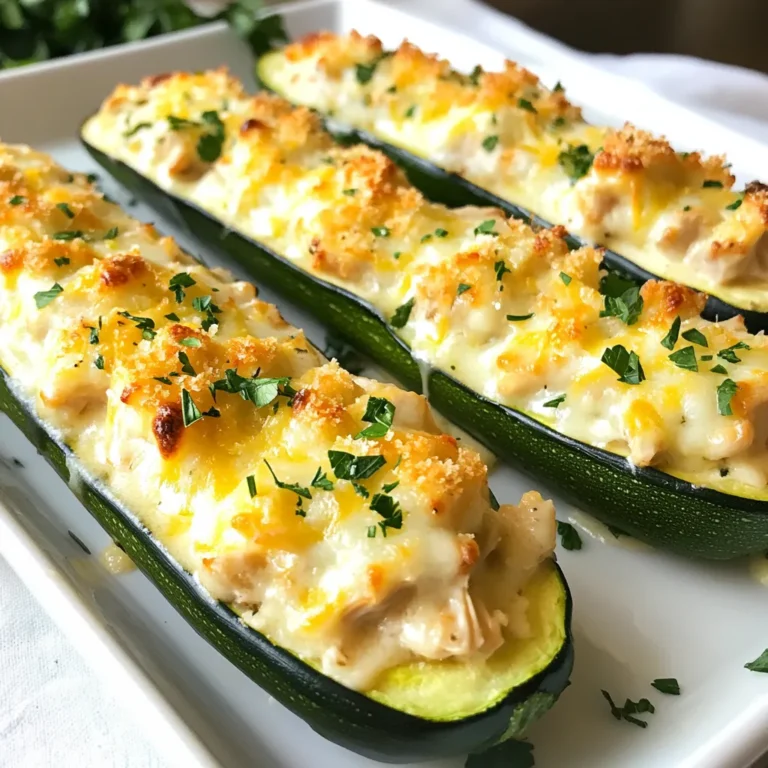 Für die gefüllten Zucchini brauche ich einige wichtige Zutaten. Diese sind: - 4 mittlere Zucchini - 2 Tassen gekochte, zerrissene Hühnchenbrust - 1 Tasse Alfredo-Sauce (gekauft oder selbstgemacht) - 1 Tasse geriebener Mozzarella-Käse - 1/2 Tasse geriebener Parmesan-Käse - 1/2 Teelöffel Knoblauchpulver - 1/2 Teelöffel italienische Gewürzmischung - Salz und Pfeffer nach Geschmack - Frische Petersilie zur Garnierung Ich finde, die Kombination aus Hühnchen und Käse macht diese Zucchini besonders lecker. Die Zucchini selbst sind leicht und gesund. Sie bieten eine perfekte Basis für die Füllung. Die Gewürze sind wichtig, um den Geschmack zu verbessern. Ich benutze Knoblauchpulver und italienische Gewürzmischung. Diese bringen die Aromen wirklich zur Geltung. Für Käse kann ich auch andere Sorten verwenden. Zum Beispiel kann ich Cheddar oder Gouda ausprobieren. Jede Käsesorte gibt dem Gericht einen neuen Geschmack. Frische Zutaten machen einen großen Unterschied. Ich empfehle, frische Zucchini zu wählen. Sie sollten fest und ohne Flecken sein. Für das Hühnchen nutze ich am besten gekochte Brust. Wenn ich Zeit habe, koche ich das Hühnchen selbst. Das gibt mir mehr Kontrolle über den Geschmack. Frische Petersilie bringt Farbe und Frische. Ich streue sie kurz vor dem Servieren darüber. So sieht das Gericht noch ansprechender aus. {{ingredient_image_2}} Zuerst heizen Sie den Ofen auf 190°C vor. Nehmen Sie die Zucchini und schneiden Sie jede der Länge nach in zwei Hälften. Mit einem Löffel oder einem Melonenausstecher entfernen Sie die Kerne. Dies schafft Platz für die Füllung. Achten Sie darauf, die Wände der Zucchini nicht zu dünn zu machen. So bleibt die Zucchini stabil. In einer großen Schüssel kombinieren Sie das zerrissene Hühnchen, die Alfredo-Sauce, den geriebenen Mozzarella und das Knoblauchpulver. Fügen Sie auch die italienische Gewürzmischung sowie Salz und Pfeffer hinzu. Mischen Sie alles gut, bis eine gleichmäßige Masse entsteht. Diese Mischung wird die Zucchini köstlich machen. Füllen Sie jede Zucchinihälfte gleichmäßig mit der Hühnchen- und Alfredo-Mischung. Legen Sie die gefüllten Zucchini auf ein mit Backpapier ausgelegtes Blech. Bestreuen Sie jede Zucchini mit geriebenem Parmesan. Backen Sie die Zucchini 25 bis 30 Minuten lang. Sie sind fertig, wenn der Käse goldbraun wird und die Zucchini zart sind. Lassen Sie die Zucchini einige Minuten abkühlen. Garnieren Sie sie mit frischer Petersilie für einen schönen Look. Um die Zucchini-Füllung perfekt zu machen, sollten Sie frische Zutaten verwenden. Beginnen Sie mit gut gekochtem Hühnchen. Zerrissenes Hühnchen hat die beste Textur. Mischen Sie es mit der Alfredo-Sauce gründlich. So verteilt sich der Geschmack gleichmäßig. Fügen Sie Knoblauchpulver und italienische Gewürze hinzu. Diese geben der Füllung Tiefe. Achten Sie darauf, die Mischung nicht zu trocken zu machen. Ein wenig mehr Sauce kann helfen. Käse ist der Star dieses Gerichts. Verwenden Sie frischen Mozzarella für einen tollen Schmelz. Parmesan sorgt für ein würziges Aroma. Mischen Sie beide Käsesorten in die Füllung. So bleibt sie saftig und lecker. Streuen Sie den Parmesan oben auf die gefüllten Zucchini. Das gibt eine goldene Kruste. Sie können auch andere Käsesorten ausprobieren. Gouda oder Cheddar passen gut dazu. Variationen machen das Gericht spannender. Fügen Sie Spinat oder Pilze zur Füllung hinzu. Das bringt mehr Farbe und Nährstoffe. Auch gewürfelte Tomaten können gut passen. Sie bringen Frische in die Mischung. Für einen scharfen Kick, probieren Sie etwas rote Paprika oder Chili. Diese Zutaten machen die Zucchini noch schmackhafter. Experimentieren Sie mit verschiedenen Kräutern, wie Basilikum oder Oregano. So finden Sie Ihren eigenen, speziellen Geschmack. Pro Tipps Optimale Zucchini auswählen: Wählen Sie feste, gleichmäßige Zucchini ohne Druckstellen oder weiche Stellen. Das sorgt für eine bessere Textur beim Backen. Alfredo-Sauce selber machen: Für einen intensiveren Geschmack können Sie die Alfredo-Sauce selbst zubereiten, indem Sie Butter, Sahne, Knoblauch und Parmesan kombinieren. Zusätzliche Aromen hinzufügen: Experimentieren Sie mit zusätzlichen Gewürzen oder Kräutern wie Oregano oder Thymian, um Ihre Füllung noch aromatischer zu gestalten. Käsevariationen: Sie können verschiedene Käsesorten verwenden, wie z.B. Cheddar oder Gouda, um der Füllung eine neue Geschmacksrichtung zu geben. {{image_4}} Sie möchten eine vegetarische Version? Kein Problem! Verwenden Sie statt Hühnchen gekochte Kichererbsen oder Linsen. Diese sind reich an Proteinen und machen die Füllung lecker und sättigend. Kombinieren Sie die Kichererbsen mit der Alfredo-Sauce, Mozzarella und etwas frischem Spinat. So bleibt das Gericht cremig und nahrhaft. Für eine Low-Carb-Variante können Sie die Zucchini durch Auberginen ersetzen. Diese haben weniger Kohlenhydrate und sind auch sehr schmackhaft. Bereiten Sie die Füllung wie gewohnt zu, aber überspringen Sie die Pasta. So bleibt das Gericht leicht und gesund. Sie können auch etwas Blumenkohlreis zur Füllung hinzufügen, um mehr Volumen zu erhalten. Möchten Sie mehr Geschmack? Fügen Sie frische Kräuter wie Basilikum oder Oregano zur Füllung hinzu. Diese geben der Mischung einen frischen Kick. Auch ein paar getrocknete Tomaten oder Oliven sorgen für eine interessante Note. Wenn Sie es scharf mögen, probieren Sie etwas rote Paprikaflocken in der Füllung. Diese kleinen Extras machen das Gericht noch spannender und aromatischer. Nachdem Sie die Hühnchen Alfredo gefüllten Zucchini zubereitet haben, lagern Sie die Reste im Kühlschrank. Stellen Sie sicher, dass die Zucchini in einem luftdichten Behälter sind. So bleiben sie frisch. Sie können sie bis zu drei Tage aufbewahren. Vermeiden Sie es, sie in der Nähe von stark riechenden Lebensmitteln zu lagern, um den Geschmack zu bewahren. Möchten Sie die gefüllten Zucchini für später aufbewahren? Sie können sie problemlos einfrieren. Lassen Sie die Zucchini zuerst vollständig abkühlen. Wickeln Sie sie dann in Frischhaltefolie und legen Sie sie in einen Gefrierbeutel. So bleiben sie bis zu drei Monate haltbar. Beschriften Sie den Beutel mit dem Datum, damit Sie den Überblick behalten. Um die gefrorenen Zucchini wieder aufzuwärmen, nehmen Sie sie aus dem Gefrierfach und lassen Sie sie im Kühlschrank auftauen. Dann können Sie sie im Ofen oder in der Mikrowelle erwärmen. Wenn Sie den Ofen verwenden, heizen Sie ihn auf 180°C vor. Backen Sie die Zucchini für etwa 15-20 Minuten, bis sie heiß sind. In der Mikrowelle dauert es nur einige Minuten. Achten Sie darauf, sie dabei nicht zu trocken werden zu lassen. Gefüllte Zucchini sind im Kühlschrank etwa 3 bis 5 Tage haltbar. Lagern Sie sie in einem luftdichten Behälter. So bleibt die Frische erhalten. Wenn Sie die Zucchini länger aufbewahren möchten, können Sie sie einfrieren. Achten Sie darauf, die Zucchini gut einzupacken. So vermeiden Sie Gefrierbrand und Geschmackverlust. Ja, Sie können die Alfredo-Sauce ganz einfach selbst machen. Eine schnelle Methode ist, 1 Tasse Sahne in einem Topf zu erhitzen. Fügen Sie dann 1/2 Tasse geriebenen Parmesan und 2 Esslöffel Butter hinzu. Rühren Sie alles, bis der Käse schmilzt und die Sauce dick wird. Sie können auch etwas Knoblauch und Pfeffer hinzufügen, um den Geschmack zu verbessern. Selbstgemachte Sauce ist frisch und lecker. Zu gefüllten Zucchini passen viele Beilagen gut. Ein frischer grüner Salat bringt Farbe auf den Tisch. Auch knuspriges Brot eignet sich gut, um die Sauce aufzutunken. Für eine sättigende Beilage können Sie Quinoa oder Reis zubereiten. Diese Optionen ergänzen das Gericht und machen es noch köstlicher. Gefüllte Zucchini sind einfach und lecker. Wir haben die besten Zutaten und Gewürze besprochen. Ich habe dir die Schritte zur Zubereitung erklärt und dir viele Tipps gegeben. Denk an die Variationen für verschiedene Diäten und Geschmäcker. Außerdem weißt du nun, wie du gefüllte Zucchini richtig lagern kannst. Probier sie aus und mach sie zu deinem neuen Lieblingsgericht! So viel Genuss wartet auf dich.