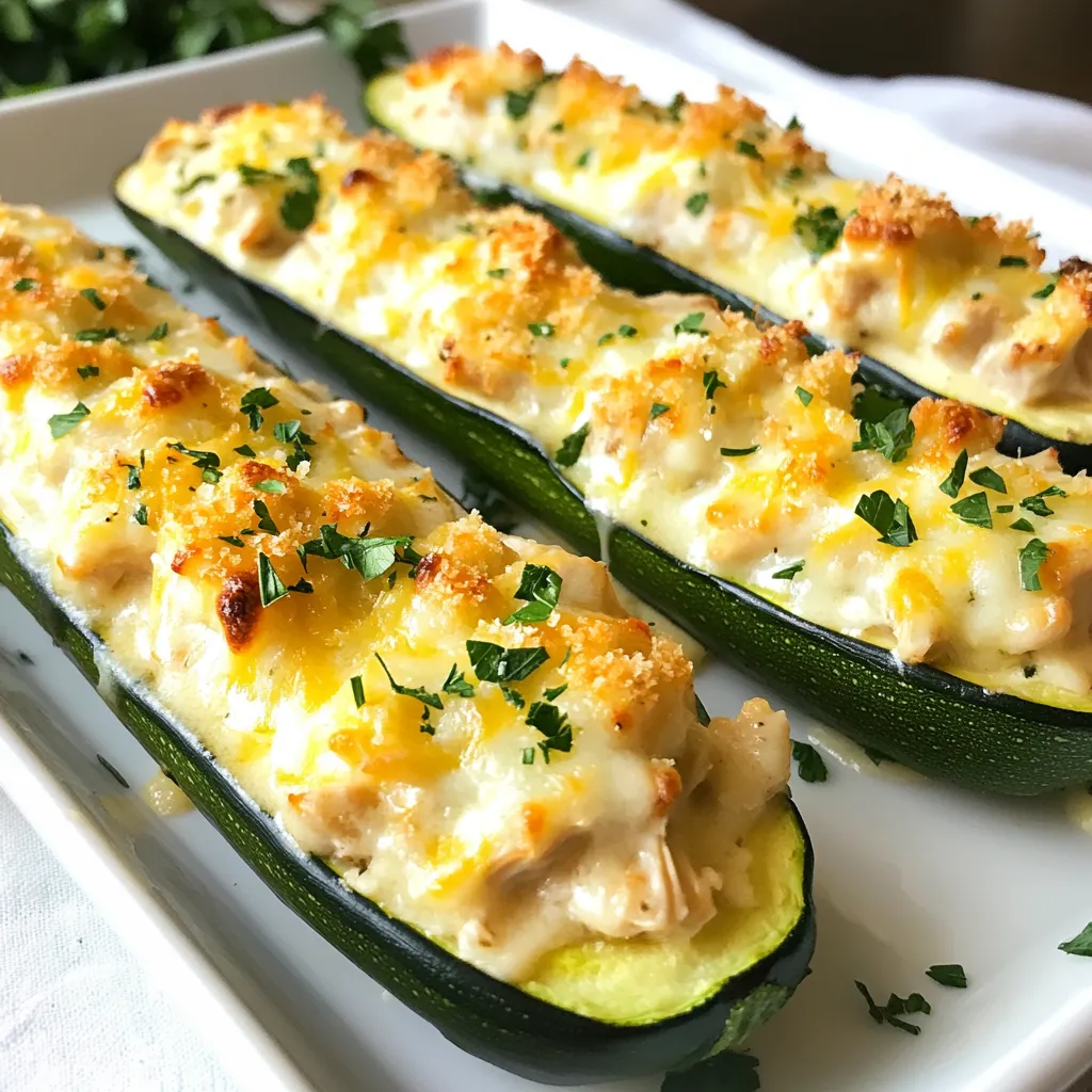 Für die gefüllten Zucchini brauche ich einige wichtige Zutaten. Diese sind: - 4 mittlere Zucchini - 2 Tassen gekochte, zerrissene Hühnchenbrust - 1 Tasse Alfredo-Sauce (gekauft oder selbstgemacht) - 1 Tasse geriebener Mozzarella-Käse - 1/2 Tasse geriebener Parmesan-Käse - 1/2 Teelöffel Knoblauchpulver - 1/2 Teelöffel italienische Gewürzmischung - Salz und Pfeffer nach Geschmack - Frische Petersilie zur Garnierung Ich finde, die Kombination aus Hühnchen und Käse macht diese Zucchini besonders lecker. Die Zucchini selbst sind leicht und gesund. Sie bieten eine perfekte Basis für die Füllung. Die Gewürze sind wichtig, um den Geschmack zu verbessern. Ich benutze Knoblauchpulver und italienische Gewürzmischung. Diese bringen die Aromen wirklich zur Geltung. Für Käse kann ich auch andere Sorten verwenden. Zum Beispiel kann ich Cheddar oder Gouda ausprobieren. Jede Käsesorte gibt dem Gericht einen neuen Geschmack. Frische Zutaten machen einen großen Unterschied. Ich empfehle, frische Zucchini zu wählen. Sie sollten fest und ohne Flecken sein. Für das Hühnchen nutze ich am besten gekochte Brust. Wenn ich Zeit habe, koche ich das Hühnchen selbst. Das gibt mir mehr Kontrolle über den Geschmack. Frische Petersilie bringt Farbe und Frische. Ich streue sie kurz vor dem Servieren darüber. So sieht das Gericht noch ansprechender aus. {{ingredient_image_2}} Zuerst heizen Sie den Ofen auf 190°C vor. Nehmen Sie die Zucchini und schneiden Sie jede der Länge nach in zwei Hälften. Mit einem Löffel oder einem Melonenausstecher entfernen Sie die Kerne. Dies schafft Platz für die Füllung. Achten Sie darauf, die Wände der Zucchini nicht zu dünn zu machen. So bleibt die Zucchini stabil. In einer großen Schüssel kombinieren Sie das zerrissene Hühnchen, die Alfredo-Sauce, den geriebenen Mozzarella und das Knoblauchpulver. Fügen Sie auch die italienische Gewürzmischung sowie Salz und Pfeffer hinzu. Mischen Sie alles gut, bis eine gleichmäßige Masse entsteht. Diese Mischung wird die Zucchini köstlich machen. Füllen Sie jede Zucchinihälfte gleichmäßig mit der Hühnchen- und Alfredo-Mischung. Legen Sie die gefüllten Zucchini auf ein mit Backpapier ausgelegtes Blech. Bestreuen Sie jede Zucchini mit geriebenem Parmesan. Backen Sie die Zucchini 25 bis 30 Minuten lang. Sie sind fertig, wenn der Käse goldbraun wird und die Zucchini zart sind. Lassen Sie die Zucchini einige Minuten abkühlen. Garnieren Sie sie mit frischer Petersilie für einen schönen Look. Um die Zucchini-Füllung perfekt zu machen, sollten Sie frische Zutaten verwenden. Beginnen Sie mit gut gekochtem Hühnchen. Zerrissenes Hühnchen hat die beste Textur. Mischen Sie es mit der Alfredo-Sauce gründlich. So verteilt sich der Geschmack gleichmäßig. Fügen Sie Knoblauchpulver und italienische Gewürze hinzu. Diese geben der Füllung Tiefe. Achten Sie darauf, die Mischung nicht zu trocken zu machen. Ein wenig mehr Sauce kann helfen. Käse ist der Star dieses Gerichts. Verwenden Sie frischen Mozzarella für einen tollen Schmelz. Parmesan sorgt für ein würziges Aroma. Mischen Sie beide Käsesorten in die Füllung. So bleibt sie saftig und lecker. Streuen Sie den Parmesan oben auf die gefüllten Zucchini. Das gibt eine goldene Kruste. Sie können auch andere Käsesorten ausprobieren. Gouda oder Cheddar passen gut dazu. Variationen machen das Gericht spannender. Fügen Sie Spinat oder Pilze zur Füllung hinzu. Das bringt mehr Farbe und Nährstoffe. Auch gewürfelte Tomaten können gut passen. Sie bringen Frische in die Mischung. Für einen scharfen Kick, probieren Sie etwas rote Paprika oder Chili. Diese Zutaten machen die Zucchini noch schmackhafter. Experimentieren Sie mit verschiedenen Kräutern, wie Basilikum oder Oregano. So finden Sie Ihren eigenen, speziellen Geschmack. Pro Tipps Optimale Zucchini auswählen: Wählen Sie feste, gleichmäßige Zucchini ohne Druckstellen oder weiche Stellen. Das sorgt für eine bessere Textur beim Backen. Alfredo-Sauce selber machen: Für einen intensiveren Geschmack können Sie die Alfredo-Sauce selbst zubereiten, indem Sie Butter, Sahne, Knoblauch und Parmesan kombinieren. Zusätzliche Aromen hinzufügen: Experimentieren Sie mit zusätzlichen Gewürzen oder Kräutern wie Oregano oder Thymian, um Ihre Füllung noch aromatischer zu gestalten. Käsevariationen: Sie können verschiedene Käsesorten verwenden, wie z.B. Cheddar oder Gouda, um der Füllung eine neue Geschmacksrichtung zu geben. {{image_4}} Sie möchten eine vegetarische Version? Kein Problem! Verwenden Sie statt Hühnchen gekochte Kichererbsen oder Linsen. Diese sind reich an Proteinen und machen die Füllung lecker und sättigend. Kombinieren Sie die Kichererbsen mit der Alfredo-Sauce, Mozzarella und etwas frischem Spinat. So bleibt das Gericht cremig und nahrhaft. Für eine Low-Carb-Variante können Sie die Zucchini durch Auberginen ersetzen. Diese haben weniger Kohlenhydrate und sind auch sehr schmackhaft. Bereiten Sie die Füllung wie gewohnt zu, aber überspringen Sie die Pasta. So bleibt das Gericht leicht und gesund. Sie können auch etwas Blumenkohlreis zur Füllung hinzufügen, um mehr Volumen zu erhalten. Möchten Sie mehr Geschmack? Fügen Sie frische Kräuter wie Basilikum oder Oregano zur Füllung hinzu. Diese geben der Mischung einen frischen Kick. Auch ein paar getrocknete Tomaten oder Oliven sorgen für eine interessante Note. Wenn Sie es scharf mögen, probieren Sie etwas rote Paprikaflocken in der Füllung. Diese kleinen Extras machen das Gericht noch spannender und aromatischer. Nachdem Sie die Hühnchen Alfredo gefüllten Zucchini zubereitet haben, lagern Sie die Reste im Kühlschrank. Stellen Sie sicher, dass die Zucchini in einem luftdichten Behälter sind. So bleiben sie frisch. Sie können sie bis zu drei Tage aufbewahren. Vermeiden Sie es, sie in der Nähe von stark riechenden Lebensmitteln zu lagern, um den Geschmack zu bewahren. Möchten Sie die gefüllten Zucchini für später aufbewahren? Sie können sie problemlos einfrieren. Lassen Sie die Zucchini zuerst vollständig abkühlen. Wickeln Sie sie dann in Frischhaltefolie und legen Sie sie in einen Gefrierbeutel. So bleiben sie bis zu drei Monate haltbar. Beschriften Sie den Beutel mit dem Datum, damit Sie den Überblick behalten. Um die gefrorenen Zucchini wieder aufzuwärmen, nehmen Sie sie aus dem Gefrierfach und lassen Sie sie im Kühlschrank auftauen. Dann können Sie sie im Ofen oder in der Mikrowelle erwärmen. Wenn Sie den Ofen verwenden, heizen Sie ihn auf 180°C vor. Backen Sie die Zucchini für etwa 15-20 Minuten, bis sie heiß sind. In der Mikrowelle dauert es nur einige Minuten. Achten Sie darauf, sie dabei nicht zu trocken werden zu lassen. Gefüllte Zucchini sind im Kühlschrank etwa 3 bis 5 Tage haltbar. Lagern Sie sie in einem luftdichten Behälter. So bleibt die Frische erhalten. Wenn Sie die Zucchini länger aufbewahren möchten, können Sie sie einfrieren. Achten Sie darauf, die Zucchini gut einzupacken. So vermeiden Sie Gefrierbrand und Geschmackverlust. Ja, Sie können die Alfredo-Sauce ganz einfach selbst machen. Eine schnelle Methode ist, 1 Tasse Sahne in einem Topf zu erhitzen. Fügen Sie dann 1/2 Tasse geriebenen Parmesan und 2 Esslöffel Butter hinzu. Rühren Sie alles, bis der Käse schmilzt und die Sauce dick wird. Sie können auch etwas Knoblauch und Pfeffer hinzufügen, um den Geschmack zu verbessern. Selbstgemachte Sauce ist frisch und lecker. Zu gefüllten Zucchini passen viele Beilagen gut. Ein frischer grüner Salat bringt Farbe auf den Tisch. Auch knuspriges Brot eignet sich gut, um die Sauce aufzutunken. Für eine sättigende Beilage können Sie Quinoa oder Reis zubereiten. Diese Optionen ergänzen das Gericht und machen es noch köstlicher. Gefüllte Zucchini sind einfach und lecker. Wir haben die besten Zutaten und Gewürze besprochen. Ich habe dir die Schritte zur Zubereitung erklärt und dir viele Tipps gegeben. Denk an die Variationen für verschiedene Diäten und Geschmäcker. Außerdem weißt du nun, wie du gefüllte Zucchini richtig lagern kannst. Probier sie aus und mach sie zu deinem neuen Lieblingsgericht! So viel Genuss wartet auf dich.