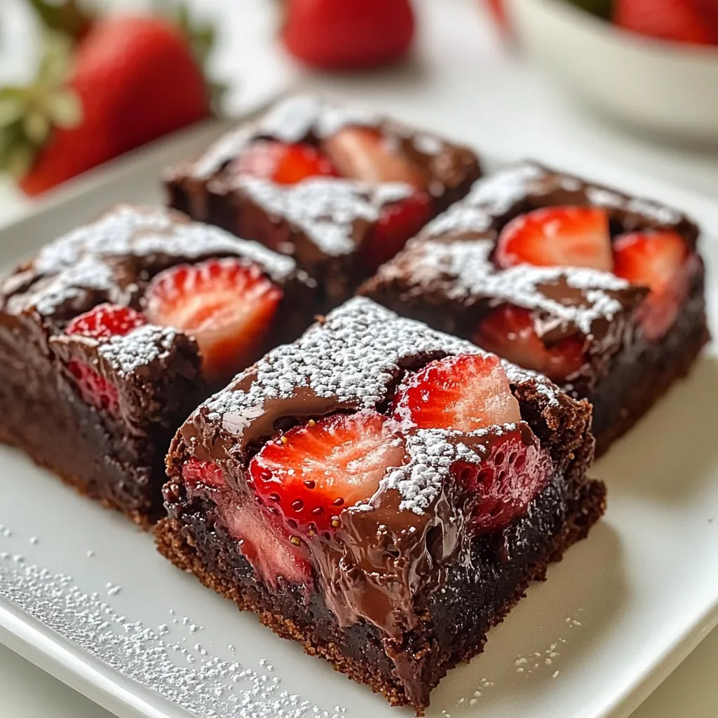 Für die perfekten Schokoladenüberzogenen Erdbeer-Brownies brauchst du: - 1 Tasse ungesalzene Butter, geschmolzen - 2 Tassen Kristallzucker - 4 große Eier - 1 Teelöffel Vanilleextrakt - 1 Tasse Weizenmehl - 1/2 Tasse ungesüßtes Kakaopulver - 1/4 Teelöffel Salz - 1/4 Teelöffel Backpulver - 1 Tasse frische Erdbeeren, entstielt und in Scheiben geschnitten Diese Zutaten bilden die Basis für die saftigen Brownies. Die Kombination aus Butter und Zucker sorgt für einen reichhaltigen Geschmack. Eier bringen die nötige Feuchtigkeit. Für das köstliche Schokoladentopping benötigst du: - 1 Tasse Zartbitterschokoladenstückchen - 1 Esslöffel Pflanzenöl Das Pflanzenöl macht die Schokolade schön glänzend und geschmeidig. So lässt sie sich leicht über die Brownies gießen. Wenn du Erdbeeren auswählst, achte auf folgende Punkte: - Sie sollten fest und rot sein. - Überprüfe, dass sie keine Druckstellen oder braune Flecken haben. - Frische Erdbeeren haben einen süßen Duft. Frische Erdbeeren bringen nicht nur Farbe, sondern auch einen fruchtigen Geschmack in die Brownies. Sie machen das Dessert besonders lecker und einladend. {{ingredient_image_2}} Heize deinen Ofen auf 175°C vor. Das sorgt für eine gleichmäßige Hitze. Nimm eine Backform von 23x33 cm. Fette sie gut ein oder lege sie mit Backpapier aus. Beides hilft beim einfachen Herausnehmen der Brownies. Nimm eine große Schüssel. Gib die geschmolzene Butter und den Kristallzucker hinein. Verquirle sie gut, bis sie sich vermischen. Füge dann die Eier nacheinander hinzu. Rühre nach jedem Ei gut um. Zum Schluss kommt der Vanilleextrakt dazu. Vermenge alles gründlich. Nimm eine separate Schüssel. Siebe das Mehl, Kakaopulver, Salz und Backpulver hinein. Mische die trockenen Zutaten gut. Füge nun diese Mischung nach und nach zu den nassen Zutaten hinzu. Rühre vorsichtig, bis alles gerade so vermischt ist. Achte darauf, nicht zu viel zu rühren. Jetzt kommt der beste Teil! Schneide die frischen Erdbeeren in Scheiben. Hebe sie vorsichtig unter den Brownieteig. Achte darauf, dass sie gleichmäßig verteilt sind. Das gibt den Brownies einen fruchtigen Geschmack. Gieße den Brownieteig in die vorbereitete Backform. Verteile ihn gleichmäßig. Backe die Brownies für 25-30 Minuten. Ein Zahnstocher, den du in die Mitte steckst, sollte größtenteils sauber herauskommen. Ein paar feuchte Krümel sind okay. Während die Brownies abkühlen, schmelze die Zartbitterschokoladenstückchen mit dem Pflanzenöl. Nutze eine mikrowellengeeignete Schüssel. Erhitze die Mischung in 30-Sekunden-Intervallen. Rühre zwischendurch um, bis sie glatt ist. Nachdem die Brownies leicht abgekühlt sind, gieße die geschmolzene Schokolade darüber. Verteile sie gleichmäßig mit einem Spatel. Stelle die Brownies für mindestens 30 Minuten in den Kühlschrank. So kann die Schokolade fest werden. Sobald die Schokolade fest ist, schneide die Brownies in Quadrate. Serviere sie auf einem schönen Teller. Du kannst sie mit Puderzucker bestäuben oder mit frischen Erdbeeren garnieren. So sehen sie noch besser aus! Um perfekte Brownies zu backen, achte auf die Zutaten. Verwende frische, hochwertige Zutaten. Die Butter sollte geschmolzen, aber nicht zu heiß sein. Das sorgt für einen guten Teig. Mische die trockenen Zutaten gut, bevor du sie hinzufügst. Das verhindert Klumpen. Wichtig ist auch, nicht zu viel zu rühren. Ein paar Klümpchen sind okay. Sie helfen, die Brownies saftig zu halten. Schokolade bringt den Genuss in die Brownies. Verwende verschiedene Schokoladensorten für neue Geschmäcker. Zartbitter ist klassisch, aber Milchschokolade kann auch toll sein. Du kannst sogar weiße Schokolade verwenden. Ein Mix aus verschiedenen Schokoladen macht die Brownies noch spannender. Füge Nüsse oder Karamellstückchen hinzu, um eine besondere Note zu erreichen. Ein häufiges Problem sind trockene Brownies. Überbacken sie nicht! Halte die Backzeit im Auge. Ein Zahnstocher sollte feuchte Krümel zeigen, wenn du ihn herausziehst. Zu viel Rühren ist ein weiterer Fehler. Das macht die Brownies zäh. Lass die Brownies nach dem Backen abkühlen, bevor du das Schokoladentopping aufträgst. So bleibt die Schokolade glatt und schön. Pro Tipps Butter richtig schmelzen: Achte darauf, die Butter langsam zu schmelzen, um ein Überhitzen zu vermeiden, das den Geschmack beeinträchtigen kann. Frische Erdbeeren verwenden: Frische, reife Erdbeeren sorgen für den besten Geschmack und die beste Textur in deinen Brownies. Backzeit genau beachten: Überprüfe die Brownies einige Minuten vor der angegebenen Zeit, um ein Überbacken zu vermeiden. Sie sollten leicht feucht und fudgy bleiben. Kühlzeit nicht überspringen: Lass die Brownies nach dem Backen genug Zeit im Kühlschrank, damit die Schokolade fest wird und die Stücke beim Schneiden nicht zerbröckeln. {{image_4}} Wenn du glutenfreie Brownies machen willst, kannst du das Weizenmehl durch Mandelmehl oder Kokosmehl ersetzen. Diese Mehle geben den Brownies einen tollen Geschmack. Achte darauf, die Menge anzupassen, weil diese Mehle anders arbeiten. Mandelmehl macht die Brownies nussig und feucht. Kokosmehl nimmt mehr Flüssigkeit auf. Du kannst auch glutenfreies Backpulver verwenden, um sicherzugehen, dass alles passt. Um die Brownies vegan zu machen, ersetze die Eier durch Apfelmus oder Leinsamen. Für Leinsamen mische einen Esslöffel mit drei Esslöffeln Wasser und lasse es quellen. Das gibt eine ähnliche Textur wie Eier. Verwende pflanzliche Butter oder Kokosöl anstelle der Butter. Achte darauf, dunkle Schokolade zu wählen, die keine Milch enthält. So bekommst du leckere vegane Brownies, die jeder genießen kann. Du kannst die Brownies mit verschiedenen Aromen aufpeppen. Füge eine Prise Zimt oder eine kleine Menge Espresso-Pulver hinzu, um den Schokoladengeschmack zu verstärken. Für eine fruchtige Note kannst du auch pürierte Himbeeren oder Blaubeeren unter den Teig mischen. Wenn du Nüsse magst, füge gehackte Walnüsse oder Mandeln hinzu. Diese Ideen machen deine Brownies noch interessanter und leckerer! Um deine Schokoladenüberzogenen Erdbeer-Brownies frisch zu halten, lege sie in einen luftdichten Behälter. Dies schützt sie vor Luft und Feuchtigkeit. Du kannst auch Wachspapier zwischen die Brownies legen, damit sie nicht zusammenkleben. Achte darauf, die Brownies erst vollständig abkühlen zu lassen, bevor du sie verpackst. Im Kühlschrank halten sich die Brownies bis zu einer Woche. Die kühle Temperatur hilft, die Frische der Erdbeeren zu bewahren. Wenn du sie im Kühlschrank lagerst, decke sie gut ab. So bleiben sie saftig und lecker. Du kannst die Brownies auch auf einen Teller legen und mit Frischhaltefolie abdecken. Wenn du die Brownies länger aufbewahren möchtest, friere sie ein. Lass die Brownies zuerst abkühlen und schneide sie in Stücke. Wickel jedes Stück gut in Frischhaltefolie und lege sie in einen Gefrierbeutel. So bleiben sie bis zu drei Monate frisch. Um sie zu genießen, taue sie einfach bei Raumtemperatur auf. Schokoladenüberzogene Erdbeer-Brownies halten sich bis zu fünf Tage im Kühlschrank. Achte darauf, sie in einem luftdichten Behälter aufzubewahren. So bleiben sie frisch und lecker. Wenn du sie länger aufbewahren möchtest, kannst du sie einfrieren. In diesem Fall halten sie bis zu drei Monate. Ja, du kannst gefrorene Erdbeeren verwenden. Achte darauf, sie vorher aufzutauen und gut abzutropfen. So verhinderst du, dass die Brownies zu feucht werden. Gefrorene Erdbeeren sind praktisch, wenn frische nicht verfügbar sind. Der Geschmack bleibt köstlich und die Farbe schön. Beim Schmelzen von Schokolade ist Vorsicht geboten. Verwende eine mikrowellengeeignete Schüssel und schmelze die Schokolade in kurzen Intervallen von 30 Sekunden. Rühre zwischen den Intervallen um. So verhinderst du, dass die Schokolade verbrennt. Achte auch darauf, dass kein Wasser in die Schokolade gelangt, da dies sie klumpig machen kann. Die Brownies sind einfach gemacht und schmecken köstlich. Wir haben die Hauptzutaten und die besten Tipps für frische Erdbeeren besprochen. In der Schritt-für-Schritt-Anleitung habe ich dir gezeigt, wie du perfekte Brownies backen kannst. Denk daran, verschiedene Schokoladenvariationen auszuprobieren und häufige Fehler zu vermeiden. Gut gelagerte Brownies bleiben frisch und lecker. Du kannst sogar glutenfreie oder vegane Optionen nutzen. Probiere es aus, und genieße deinen selbstgemachten Genuss!