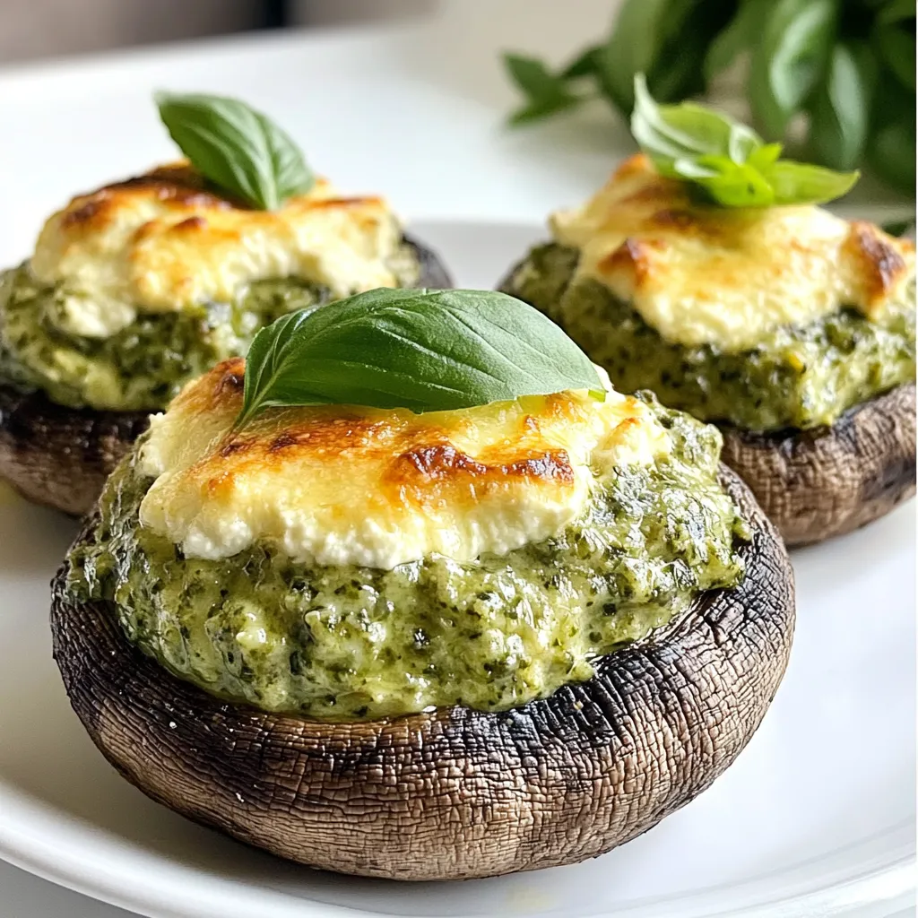 - 12 große Portobello-Champignons - 1 Tasse Ricotta-Käse - 1/2 Tasse frischer Basilikum-Pesto - 1/4 Tasse geriebener Parmesan-Käse - 1/4 Teelöffel Knoblauchpulver - 1/4 Teelöffel rote Paprikaflocken (optional) - Salz und Pfeffer nach Geschmack - 2 Esslöffel Olivenöl - Frische Basilikumblätter zur Dekoration Die Zutaten für Pesto Ricotta gefüllte Champignons sind einfach und frisch. Beginnen wir mit den Hauptzutaten. Die Portobello-Champignons sind groß und perfekt für die Füllung. Sie geben einen tollen Geschmack und eine schöne Textur. Der Ricotta-Käse macht die Füllung cremig. Der frische Basilikum-Pesto bringt ein intensives Aroma, das jeden Bissen besonders macht. In der nächsten Gruppe finden wir Gewürze und Öle. Der Parmesan-Käse fügt einen salzigen Geschmack hinzu. Das Knoblauchpulver gibt ein wenig Würze. Die roten Paprikaflocken sind optional, aber sie bringen eine schöne Schärfe. Salz und Pfeffer runden die Aromen ab. Das Olivenöl sorgt dafür, dass die Champignons beim Backen schön goldbraun werden. Für die Garnitur verwenden wir frische Basilikumblätter. Diese bringen nicht nur Farbe, sondern auch einen frischen Geschmack. Wenn man die gefüllten Champignons serviert, sehen sie toll aus und schmecken noch besser. {{ingredient_image_2}} Heize deinen Ofen auf 190°C (375°F) vor. Dies sorgt dafür, dass die Champignons gleichmäßig garen. Nimm 12 große Portobello-Champignons und entferne die Stiele. Diese Pilze sind perfekt für die Füllung, da sie groß und fleischig sind. In einer Rührschüssel mische 1 Tasse Ricotta-Käse mit 1/2 Tasse frischem Basilikum-Pesto. Das Pesto bringt viel Geschmack. Füge dann 1/4 Tasse geriebenen Parmesan-Käse, 1/4 Teelöffel Knoblauchpulver, und 1/4 Teelöffel rote Paprikaflocken hinzu. Diese Gewürze geben der Füllung einen tollen Kick. Mische alles gut, bis du eine glatte Masse hast. Schmecke die Füllung mit Salz und Pfeffer ab. Bestreiche die Portobello-Champignons mit 2 Esslöffeln Olivenöl. Das Öl hilft, die Champignons schön saftig zu halten. Lege die Pilze mit der Kappe nach oben auf ein Backblech. Fülle jede Kappe großzügig mit der Ricotta-Pesto-Mischung. Forme eine kleine Kuppel auf jeder Kappe. Backe die gefüllten Champignons im Ofen für 20-25 Minuten. Sie sind fertig, wenn sie zart sind und die Oberseite goldbraun blubbert. Lass die Champignons etwas abkühlen, bevor du sie servierst. Um die besten Portobello-Champignons zu finden, achte auf Frische. Die Kappen sollten fest und dick sein. Vermeide Champignons mit braunen Flecken oder schlaffen Kappen. Große Portobello-Champignons sind ideal. Sie bieten genug Platz für die Füllung und haben einen tollen Geschmack. Kaufe sie am besten in einem Bio-Laden oder auf dem Markt. Die Füllung für die Champignons kann einfach angepasst werden. Du kannst verschiedene Käsesorten verwenden, wie Feta oder Mozzarella. Diese Käsesorten bringen neue Texturen und Geschmäcker. Auch das Hinzufügen von Gemüse ist eine gute Idee. Klein geschnittene Paprika oder Spinat passen gut. Sie geben Farbe und Nährstoffe. Experimentiere mit deinen Lieblingszutaten, um deinen eigenen Geschmack zu finden. Zu den gefüllten Champignons passen viele Beilagen. Ein frischer Salat mit leichtem Dressing ergänzt die Aromen. Auch knuspriges Brot ist eine gute Wahl, um die Füllung aufzunehmen. Als Getränk empfehle ich einen leichten Weißwein oder spritzigen Apfelsaft. Diese Getränke harmonieren gut mit dem Geschmack der Pilze und der Füllung. Pro Tipps Frische Kräuter verwenden: Nutzen Sie frisches Basilikum, um das Aroma zu intensivieren und die Farbe der Füllung aufzuhellen. Würze anpassen: Experimentieren Sie mit zusätzlichen Gewürzen wie Oregano oder Thymian, um den Geschmack der Füllung zu variieren. Vorgegarte Pilze: Für eine schnellere Zubereitung können Sie die Champignons leicht blanchieren, bevor Sie sie füllen und backen. Serviervorschlag: Servieren Sie die gefüllten Champignons mit einem Balsamico-Reduktion oder einem frischen Salat für einen zusätzlichen Geschmackskick. {{image_4}} Für vegetarische Füllungen können Sie viele Gemüsesorten ausprobieren. Zucchini, Spinat oder Paprika passen gut. Diese Gemüse geben Geschmack und Textur. Sie können sie klein schneiden und in die Ricotta-Mischung geben. Das macht die Füllung bunter und gesünder. Wenn Sie vegan essen, gibt es tolle Alternativen. Sie können veganen Ricotta aus Cashewkernen oder Tofu machen. Dazu verwenden Sie auch ein pflanzliches Pesto. Diese Varianten sind lecker und passen perfekt zu den Champignons. So können auch Veganer dieses Gericht genießen. Lieben Sie es scharf? Fügen Sie Jalapeños oder scharfe Soße zur Füllung hinzu. Das gibt den gefüllten Champignons einen tollen Kick. Sie können auch frische Chilis verwenden, um die Schärfe zu erhöhen. Diese Variationen sind für alle, die es gerne etwas schärfer mögen. Um die Pesto-Ricotta gefüllten Champignons frisch zu halten, lege sie in einen luftdichten Behälter. Stelle sicher, dass die Champignons abgekühlt sind, bevor du sie lagerst. So bleiben sie bis zu drei Tage im Kühlschrank haltbar. Achte darauf, sie nicht länger als nötig aufzubewahren. Der Geschmack und die Textur bleiben so am besten erhalten. Wenn du die gefüllten Champignons wieder aufwärmen möchtest, nutze den Ofen. Das gibt dir die beste Textur. Heize den Ofen auf 175°C (350°F) vor. Lege die Champignons auf ein Backblech und backe sie für etwa 10 Minuten. So werden sie wieder warm und die Oberseite wird knusprig. Die Mikrowelle kann die Champignons weich machen. Wenn du es eilig hast, ist das eine Option. Um die gefüllten Champignons einzufrieren, lasse sie zuerst ganz abkühlen. Lege sie dann in einen gefrierfesten Behälter oder einen Zip-Beutel. So bleiben sie bis zu drei Monate frisch. Zum Auftauen, lasse sie über Nacht im Kühlschrank. Wenn du bereit bist, sie zu essen, backe sie bei 175°C (350°F) für etwa 15-20 Minuten. So schmecken sie fast wie frisch zubereitet. Gefüllte Champignons sind im Kühlschrank bis zu drei Tage haltbar. Lagern Sie sie in einem luftdichten Behälter. So bleiben sie frisch und lecker. Wenn Sie sie länger aufbewahren möchten, können Sie sie einfrieren. Beachten Sie, dass die Textur beim Auftauen leicht verändert sein kann. Ja, Sie können die Füllung für die gefüllten Champignons im Voraus zubereiten. Mischen Sie Ricotta, Pesto und Gewürze. Bewahren Sie die Mischung in einem luftdichten Behälter im Kühlschrank auf. Sie können dies bis zu zwei Tage im Voraus tun. So sparen Sie Zeit, wenn es zum Kochen kommt. Gefüllte Champignons passen gut zu einem frischen Salat oder knusprigem Brot. Sie können auch eine leichte Pasta oder einen Reisbeilage dazu servieren. Diese Kombinationen ergänzen die Aromen der Champignons. Experimentieren Sie mit verschiedenen Beilagen, um Ihr Gericht zu variieren. Wir haben darüber gesprochen, wie man gefüllte Portobello-Champignons zubereitet. Diese leckere Vorspeise nutzt frischen Ricotta, Pesto und Gewürze für den perfekten Geschmack. Ich habe Tipps gegeben, wie man die besten Champignons auswählt, und Vorschläge für Variationen gemacht. Egal, ob Sie vegetarisch oder vegan essen, die Möglichkeiten sind groß. Denken Sie daran, Reste richtig zu lagern für viele weitere leckere Mahlzeiten. Genießen Sie das Kochen und die Vielfalt, die diese gefüllten Champignons bieten!