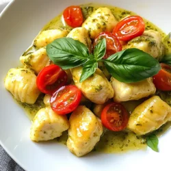 Für dieses leckere Gericht brauchen Sie: - 450 g Hühnerbrust, gewürfelt - 1 Packung (450 g) Gnocchi - 240 ml Schlagsahne - 120 g Pesto-Sauce - 1 Esslöffel Olivenöl - 1/2 Teelöffel Knoblauchpulver - 1/2 Teelöffel Zwiebelpulver - Salz und Pfeffer nach Geschmack - 120 g Kirschtomaten, halbiert - 30 g geriebener Parmesan-Käse - Frische Basilikumblätter zur Garnitur Diese Zutaten machen das Gericht cremig und vollmundig. Die Gnocchi sind der perfekte Träger für die reichhaltige Sauce. Zusätzlich zu den Hauptzutaten können Sie einige Dinge verwenden: - Eine große Pfanne - Einen großen Topf für die Gnocchi - Einen Holzlöffel zum Rühren - Eine Schüssel für die Vorbereitung Ein guter Schäler kann hilfreich sein, um die Tomaten leicht zu halbieren. Wählen Sie frische Zutaten für den besten Geschmack. - Hühnerbrust: Achten Sie darauf, dass das Fleisch frisch und rosa ist. - Gnocchi: Kaufen Sie hochwertige Gnocchi, um die beste Konsistenz zu erhalten. - Pesto: Frisches Pesto hat den besten Geschmack. Wenn nicht verfügbar, verwenden Sie ein hochwertiges Glas-Pesto. - Kirschtomaten: Sie sollten fest und süß sein. Frische Basilikumblätter sind ideal für die Garnitur. Sie geben ein schönes Aroma dazu. {{ingredient_image_2}} Um die Gnocchi perfekt zuzubereiten, bringe einen großen Topf mit gesalzenem Wasser zum Kochen. Sobald das Wasser kocht, füge die Gnocchi hinzu. Koche sie gemäß den Anweisungen auf der Verpackung, bis sie oben schwimmen. Das dauert normalerweise etwa 2-3 Minuten. Danach gieße die Gnocchi ab und stelle sie beiseite. Jetzt kommt das Hühnchen. Erhitze in einer großen Pfanne bei mittlerer Hitze einen Esslöffel Olivenöl. Wenn das Öl heiß ist, füge die gewürfelte Hühnerbrust hinzu. Würze das Hühnchen mit 1/2 Teelöffel Knoblauchpulver, 1/2 Teelöffel Zwiebelpulver, Salz und Pfeffer. Brate das Hühnchen für 6-8 Minuten, bis es goldbraun und durchgegart ist. Gib die gekochten Gnocchi zusammen mit dem Hühnchen in die Pfanne. Gieße 240 ml Schlagsahne und 120 g Pesto-Sauce darüber. Rühre alles gut um, damit sich die Zutaten vermischen. Füge 120 g halbierte Kirschtomaten hinzu und koche die Mischung für weitere 2-3 Minuten. Sie sollten leicht weich werden. Nimm die Pfanne vom Herd und rühre 30 g geriebenen Parmesan-Käse unter. Nach Geschmack nachwürzen. Serviere das Gericht heiß und garniere es mit frischen Basilikumblättern. Ein häufiger Fehler ist, die Gnocchi zu lange zu kochen. Sie sollten nur 2-3 Minuten im Wasser bleiben, bis sie schwimmen. Wenn sie zu lange kochen, werden sie matschig. Ein weiterer Fehler ist, das Hühnchen nicht genug zu würzen. Verwenden Sie Salz, Pfeffer, Knoblauch- und Zwiebelpulver, um den Geschmack zu verbessern. Achten Sie darauf, die Pfanne nicht zu überfüllen. So brät das Hühnchen gleichmäßig. Um Zeit zu sparen, können Sie die Gnocchi und das Hühnchen gleichzeitig zubereiten. Während die Gnocchi kochen, braten Sie das Hühnchen in einer großen Pfanne. So sind beide Komponenten zur gleichen Zeit fertig. Halten Sie die Zutaten bereit, um schnell arbeiten zu können. Vorbereitete Zutaten sparen viel Zeit. Wenn Sie frische Kirschtomaten verwenden, können Sie diese einfach halbieren, während die anderen Zutaten kochen. Präsentation ist wichtig, auch bei einem einfachen Gericht. Servieren Sie die Gnocchi in tiefen Tellern. Streuen Sie zusätzlichen geriebenen Parmesan darüber. Ein paar frische Basilikumblätter sorgen für einen tollen Farbkontrast. Nutzen Sie klare Schalen, um die Farben der Zutaten zu zeigen. Ein Spritzer Olivenöl auf das Gericht kann auch gut aussehen und schmecken. Pro Tipps Frische Kräuter verwenden: Frische Basilikumblätter verleihen dem Gericht ein intensives Aroma und einen frischen Geschmack. Gnocchi nicht überkochen: Achten Sie darauf, die Gnocchi nur kurz zu kochen, bis sie an die Oberfläche steigen, um ihre zarte Textur zu bewahren. Variationen ausprobieren: Fügen Sie zusätzliche Gemüsesorten wie Spinat oder Zucchini hinzu, um mehr Farbe und Nährstoffe in das Gericht zu bringen. Mit Zitronensaft verfeinern: Ein Spritzer frischer Zitronensaft vor dem Servieren kann die Aromen aufhellen und das Gericht aufwerten. {{image_4}} Wenn du eine vegetarische Version machen möchtest, ersetze das Hühnchen durch Tofu oder Kichererbsen. Tofu nimmt den Pesto-Geschmack gut auf. Kichererbsen geben dir eine schöne Textur. Du kannst auch gebratene Pilze verwenden. Sie sind herzhaft und lecker. Dein Gericht kann einfach angepasst werden. Füge mehr Gemüse hinzu, wie Spinat oder Zucchini, für mehr Frische und Farbe. Wenn du es schärfer magst, gib etwas rote Paprika oder Chili-Flocken dazu. Für eine cremigere Sauce kannst du mehr Schlagsahne hinzufügen. Hast du keine Gnocchi? Verwende Pasta oder Reis als Alternativen. Auch Zucchini-Nudeln sind eine tolle Wahl. Wenn du kein Pesto zur Hand hast, püriere frische Kräuter mit etwas Olivenöl und Nüssen. Das gibt einen frischen Geschmack. Wenn Sie Reste von cremigen Pesto-Hühnchen-Gnocchi haben, lagern Sie sie in einem luftdichten Behälter. Lassen Sie das Gericht zuerst auf Raumtemperatur abkühlen. So bleibt der Geschmack frisch. Im Kühlschrank halten sich die Reste bis zu drei Tage. Sie können die Gnocchi auch einfrieren. Verwenden Sie einen gefrierfesten Behälter oder einen Beutel. Achten Sie darauf, die Luft herauszudrücken. So friert das Gericht gleichmäßiger. Zum Auftauen legen Sie die Gnocchi einfach in den Kühlschrank über Nacht. Sie können sie dann in der Mikrowelle oder auf dem Herd erwärmen. Im Kühlschrank bleiben die Gnocchi bis zu drei Tage frisch. Achten Sie darauf, dass sie gut verpackt sind. Prüfen Sie vor dem Essen immer auf Geruch oder Veränderungen. So stellen Sie sicher, dass das Essen sicher ist. Die Gnocchi sind schnell gekocht. Sie brauchen etwa 2-3 Minuten. Wenn sie oben schwimmen, sind sie fertig. Das geht ganz einfach! Ich stelle immer einen Timer für 2 Minuten. So kann ich sicher sein, dass sie perfekt sind. Ja, frisches Pesto ist eine tolle Wahl! Es hat mehr Geschmack und macht das Gericht lebendig. Wenn du frisches Pesto nimmst, schau, dass es gut gewürzt ist. Das gibt deinen Gnocchi eine noch bessere Note. Dazu passen viele Beilagen. Ein einfacher grüner Salat ist frisch und leicht. Auch geröstetes Gemüse macht sich gut. Du kannst auch etwas Brot dazu servieren, um die Sauce aufzutunken. Sei kreativ und finde deine Lieblingskombination! Um zusammenzufassen: In diesem Blogbeitrag haben wir die besten Zutaten für cremige Pesto-Hühnchen-Gnocchi betrachtet. Du hast gelernt, wie du Gnocchi zubereitest und das Hühnchen richtig brätst. Wir haben Tipps gegeben, um häufige Fehler zu vermeiden und Zeit zu sparen. Außerdem haben wir Variationen und Lagerinfos für Reste besprochen. Probier diese einfache Methode aus, um leckere Gnocchi zu genießen. Mit den richtigen Zutaten und etwas Übung gelingt dir das Gericht bestimmt.