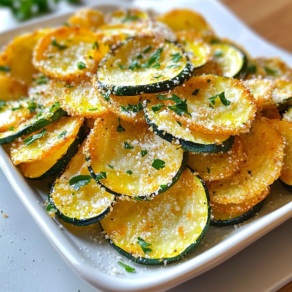 - 2 mittelgroße Zucchini, dünn geschnitten - 1/2 Tasse geriebener Parmesan-Käse - 2 Esslöffel Olivenöl Die Zucchini bildet die Basis dieser köstlichen Chips. Zucchini hat einen milden Geschmack und wird beim Backen schön knusprig. Parmesan-Käse gibt den Chips einen herzhaften, salzigen Geschmack. Olivenöl sorgt dafür, dass die Chips nicht anhaften und gleichmäßig gebacken werden. - 1 Teelöffel Knoblauchpulver - 1 Teelöffel Zwiebelpulver - 1/2 Teelöffel Paprika Knoblauchpulver bringt ein kräftiges Aroma in die Chips. Zwiebelpulver fügt eine süße Note hinzu, die gut zu Zucchini passt. Paprika bringt einen Hauch von Farbe und einen milden Geschmack. Diese Gewürze machen die Chips besonders lecker. - Salz und Pfeffer nach Geschmack - Frische Petersilie, gehackt (zum Garnieren) Salz und Pfeffer sind wichtig für den Geschmack. Sie helfen, die Aromen zu betonen. Die frische Petersilie gibt den Chips einen schönen Farbkontrast und einen frischen Geschmack. Sie ist das perfekte Finish für diese knusprigen Snacks. Mit diesen Zutaten kannst du deine eigenen Knoblauch Parmesan Zucchini Chips ganz einfach zubereiten! {{ingredient_image_2}} Heize deinen Ofen auf 110°C (225°F) vor. Das ist wichtig für knusprige Chips. Lege ein Backblech mit Backpapier aus. So bleiben die Chips nicht kleben. Schneide die Zucchini in dünne Scheiben. Dünne Scheiben werden knuspriger. Gib die Zucchini in eine große Schüssel. Füge das Olivenöl hinzu. Mische alles gut, damit die Zucchini gleichmäßig mit Öl überzogen sind. In einer separaten Schüssel kombiniere die Gewürze. Vermenge den geriebenen Parmesan, das Knoblauchpulver, das Zwiebelpulver, die Paprika, Salz und Pfeffer. Mische alles gründlich. Streue die Käsemischung über die Zucchini. Werfe die Zucchini vorsichtig, damit jede Scheibe gleichmäßig bedeckt ist. Lege die Zucchini-Scheiben in einer einzigen Schicht auf das Backblech. Achte darauf, dass sie sich nicht überlappen. Backe die Chips für 1,5 bis 2 Stunden. Wende die Chips zur Hälfte der Backzeit. So werden sie gleichmäßig knusprig. Nach dem Backen lasse die Chips ein paar Minuten abkühlen. Sie werden beim Abkühlen noch besser. Garniere die Chips mit frischer Petersilie für mehr Geschmack. Um die besten Knoblauch Parmesan Zucchini Chips zu machen, schneide die Zucchini dünn. Eine Dicke von etwa 2 bis 3 mm funktioniert gut. So werden die Chips schön knusprig. Stelle sicher, dass dein Ofen auf 110°C vorgeheizt ist. Backe die Chips für 1,5 bis 2 Stunden. Wende sie zur Hälfte der Zeit, damit sie gleichmäßig garen. Um Sumpfigkeit zu vermeiden, füge etwas Meersalz hinzu, bevor du die Chips backst. Das Salz zieht Feuchtigkeit aus der Zucchini. Dadurch werden die Chips knuspriger. Du kannst das Salz auch nach dem Backen hinzufügen, um den Geschmack zu verstärken. Diese Chips sind perfekt für Snacks oder Partys. Serviere sie mit einem Dip wie Joghurt oder Hummus. Auch ein frischer Salat passt gut dazu. Du kannst die Chips mit frischer Petersilie garnieren, um einen hübschen Farbkontrast zu schaffen. Pro Tipps Die richtige Zucchini auswählen: Wähle feste, glänzende Zucchini ohne Druckstellen, um die besten Chips zu erhalten. Für mehr Geschmack sorgen: Experimentiere mit zusätzlichen Gewürzen wie Chili-Pulver oder italienischen Kräutern für eine interessante Geschmacksnote. Die Backzeit überwachen: Halte die Chips während des Backens im Auge, da die Backzeit je nach Ofen variieren kann. Sie sollten goldbraun und knusprig sein. Richtige Lagerung: Bewahre die Zucchini-Chips in einem luftdichten Behälter auf, um ihre Knusprigkeit zu erhalten. {{image_4}} Du kannst beim Käse kreativ sein. Cheddar oder Gouda sind tolle Alternativen. Diese Käsesorten geben den Chips einen anderen Geschmack. Cheddar hat einen kräftigen, würzigen Geschmack. Gouda ist mild und cremig. Probiere verschiedene Käsesorten, um deinen Favoriten zu finden. Die Gewürze machen deine Chips besonders. Chili-Flocken geben einen scharfen Kick. Wenn du es milder magst, benutze italienische Gewürzmischung. Diese Mischung bringt einen tollen Geschmack mit Kräutern wie Oregano und Basilikum. Experimentiere mit verschiedenen Gewürzen, um deine perfekte Mischung zu kreieren. Du kannst die Chips auch frittieren, statt sie zu backen. Frittieren macht sie besonders knusprig. Erhitze das Öl auf 180°C und gib die Zucchini-Scheiben hinein. Frittiere sie für 2-3 Minuten, bis sie goldbraun sind. Das gibt dir eine schnelle und leckere Option, wenn du Zeit sparen willst. Um deine Knoblauch Parmesan Zucchini Chips frisch zu halten, lege sie in einen luftdichten Behälter. Du kannst auch ein Papiertuch hineinlegen, um Feuchtigkeit zu absorbieren. Stelle den Behälter an einen kühlen, dunklen Ort, wie deine Speisekammer oder einen Schrank. Diese Chips sind am besten frisch, aber sie halten sich bis zu einer Woche. Wenn du sie richtig lagerst, bleiben sie knusprig. Achte darauf, die Chips nicht in den Kühlschrank zu legen, da sie weich werden können. Wenn die Chips weich geworden sind, kannst du sie wieder knusprig machen. Heize den Ofen auf 110°C vor und lege die Chips auf ein Backblech. Backe sie für 5 bis 10 Minuten. So werden sie wieder knusprig und lecker! Die Vorbereitung dauert etwa 15 Minuten. Die Backzeit beträgt 1,5 bis 2 Stunden. Die Temperatur sollte bei 110°C (225°F) liegen. Achte darauf, die Chips zur Hälfte der Backzeit zu wenden. So werden sie gleichmäßig knusprig. Ja, du kannst Zucchini-Chips in einer Heißluftfritteuse zubereiten. Stelle die Temperatur auf etwa 200°C (390°F) ein. Backe die Chips für 15 bis 20 Minuten. Schüttle den Korb alle fünf Minuten. So vermeiden die Chips, dass sie aneinander kleben. Zucchini-Chips sind eine gesunde Snack-Option. Sie enthalten wenig Kalorien und viel Vitamin C. Zucchini hat auch Ballaststoffe, die gut für die Verdauung sind. Der Parmesan-Käse liefert Protein, aber auch etwas Fett. Verwende daher weniger Käse, wenn du Kalorien sparen möchtest. Zucchini-Chips sind einfach und lecker. Wir haben alle wichtigen Zutaten und Schritte durchgesehen. Olivenöl, Gewürze und frische Kräuter machen den Unterschied. Denke daran, die Schnitthöhe und Backzeit anzupassen, um die besten Chips zu erhalten. Du kannst auch kreativ werden mit verschiedenen Käsesorten und Gewürzen. So bleibst du flexibel in der Küche. Mit den richtigen Tipps bleiben deine Chips knusprig und frisch. Viel Spaß beim Ausprobieren und Genießen deiner Zucchini-Chips!
