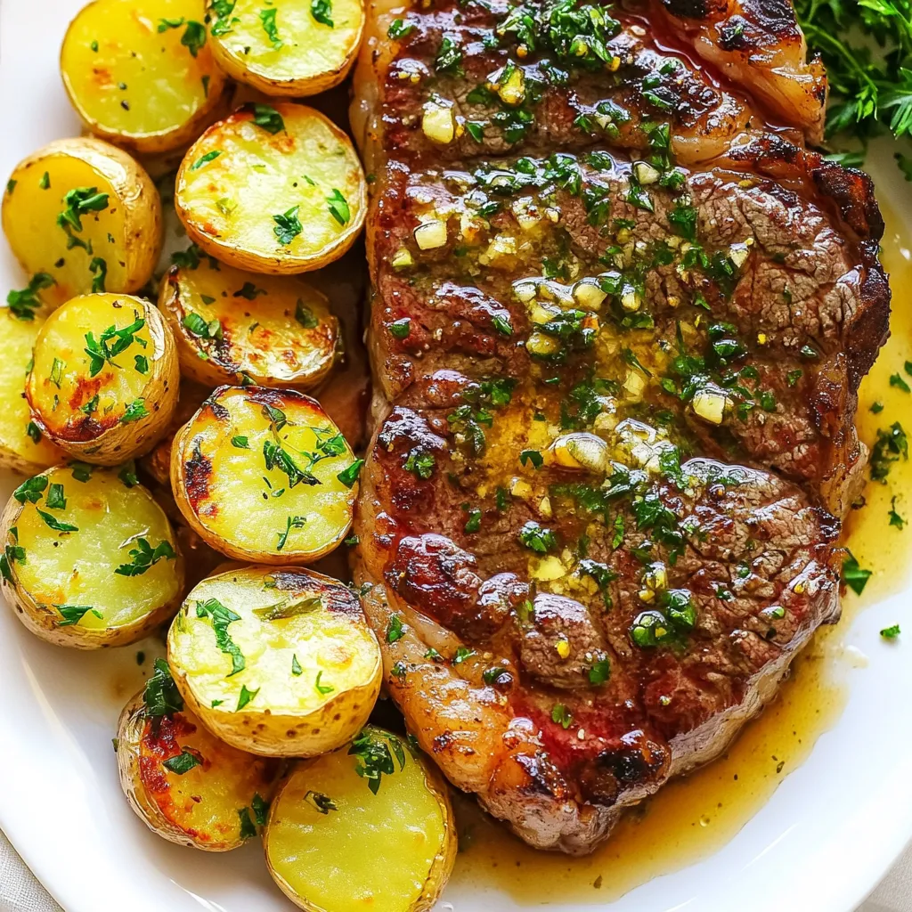 Für dieses köstliche Gericht benötigst du folgende Hauptzutaten: - 2 Ribeye-Steaks (ca. 2,5 cm dick) - 450 g Babykartoffeln, halbiert - 4 Esslöffel ungesalzene Butter - 4 Knoblauchzehen, fein gehackt Diese Zutaten sind einfach zu finden. Ribeye-Steaks sind saftig und zart. Die Babykartoffeln geben dem Gericht eine schöne Textur. Du brauchst auch einige Gewürze und frische Kräuter: - 1 Esslöffel frischer Rosmarin, gehackt - 1 Esslöffel frischer Thymian, gehackt - Salz und Pfeffer nach Geschmack - 2 Esslöffel Olivenöl - Frische Petersilie, gehackt (zur Garnitur) Rosmarin und Thymian verleihen dem Gericht einen wunderbaren Geschmack. Salz und Pfeffer sind wichtig für die Würze. Wähle dein Steak mit Bedacht. Achte auf die Marmorierung. Gute Marmorierung bedeutet mehr Geschmack. Frisches Fleisch hat eine leuchtende Farbe. Kaufe dein Steak am besten beim Metzger deines Vertrauens. Fragen stellen ist wichtig. So bekommst du das beste Stück Fleisch für dein Gericht. {{ingredient_image_2}} Zuerst heize den Ofen auf 200°C vor. Nimm einen großen Topf und fülle ihn mit gesalzenem Wasser. Koche die halbierten Babykartoffeln für etwa 15 Minuten. Sie sollten weich, aber nicht matschig sein. Nach dem Kochen gieße das Wasser ab und stelle die Kartoffeln beiseite. Jetzt kommt der spannende Teil! Erhitze in einer großen, ofenfesten Pfanne 2 Esslöffel Olivenöl bei mittelhoher Hitze. Würze die Ribeye-Steaks auf beiden Seiten mit Salz und Pfeffer. Wenn die Pfanne heiß ist, lege die Steaks hinein. Brate sie für etwa 3 bis 4 Minuten, bis eine goldene Kruste entsteht. Wende die Steaks und füge 2 Esslöffel Butter, den gehackten Knoblauch, Rosmarin und Thymian hinzu. Löffle die geschmolzene Butter über die Steaks. Brate sie für weitere 3 bis 4 Minuten. Wenn die Steaks fertig sind, füge die gekochten Kartoffeln in die Pfanne. Schwenke sie in der Knoblauchbutter. Jetzt ist es Zeit, alles in den Ofen zu geben. Röste die Steaks und Kartoffeln für etwa 10 Minuten. Das gibt dir ein leckeres medium-rare Steak. Lass die Steaks nach dem Backen 5 Minuten ruhen. Serviere die Steaks und Kartoffeln auf einer großen Platte. Beträufle alles mit der restlichen Knoblauchbutter aus der Pfanne und garniere es mit frischer Petersilie. Die Garstufen sind wichtig für ein perfektes Steak. Für medium-rare, brate das Steak 3-4 Minuten pro Seite. Die Innentemperatur sollte etwa 55-57°C betragen. Verwende ein Fleischthermometer für beste Ergebnisse. Für medium, brate es 4-5 Minuten pro Seite. Die Temperatur sollte 60-63°C erreichen. Um knusprige Kartoffeln zu bekommen, koche sie zuerst. Halbiere die Babykartoffeln und koche sie 15 Minuten in gesalzenem Wasser. Das macht sie zart. Nach dem Kochen, brate sie in der Pfanne mit etwas Olivenöl. Lass sie einige Minuten ohne Wenden braten. So werden sie goldbraun und knusprig. Frische Kräuter geben deinem Gericht tollen Geschmack. Nutze Rosmarin und Thymian, wie im Rezept beschrieben. Hacke sie fein und füge sie in die Knoblauchbutter. Du kannst auch Petersilie zur Garnitur verwenden. Das macht das Gericht nicht nur lecker, sondern auch schön anzusehen. Pro Tipps Richtige Temperatur: Stellen Sie sicher, dass die Steaks Zimmertemperatur haben, bevor Sie sie in die Pfanne geben. Dies sorgt für eine gleichmäßigere Garung. Die richtige Pfanne: Verwenden Sie eine schwere, ofenfeste Pfanne, um eine schöne Kruste zu erhalten und die Steaks gleichmäßig zu garen. Knoblauchbutter richtig verwenden: Verwenden Sie die Knoblauchbutter großzügig und löffeln Sie sie über die Steaks, um den vollen Geschmack zu genießen. Ruhen lassen: Lassen Sie die Steaks nach dem Garen mindestens 5 Minuten ruhen, damit die Säfte sich setzen können und das Fleisch zart bleibt. {{image_4}} Wenn Sie andere Steaks ausprobieren möchten, gibt es viele Optionen. Sie können Filetsteak oder Rindersteak verwenden. Beide Sorten sind zart und lecker. Ein gutes Stück flank steak bringt auch viel Geschmack. Achten Sie darauf, die Garzeit anzupassen. Dünnere Steaks benötigen weniger Zeit zum Braten. Wenn Sie Kartoffeln nicht mögen oder eine gesunde Option suchen, nutzen Sie Gemüse. Karotten, Zucchini oder Paprika sind tolle Alternativen. Schneiden Sie das Gemüse in ähnliche Größen wie die Kartoffeln. So garen sie gleichmäßig. Das Gemüse wird ebenfalls in der Knoblauchbutter leicht gebräunt. Dies gibt zusätzliche Aromen. Möchten Sie mehr Geschmack? Fügen Sie etwas Chili oder Paprika hinzu. Diese Gewürze geben dem Gericht eine angenehme Schärfe. Auch zusätzliches Gemüse wie Zwiebeln oder Pilze passt gut. Braten Sie die Zwiebeln zuerst an, bevor Sie die Steaks hinzufügen. So wird alles aromatisch und lecker. Experimentieren Sie mit Kräutern wie Oregano oder Basilikum. Sie geben dem Gericht frische Noten. Um die Reste von Knoblauchbutter Steak und Kartoffeln aufzubewahren, lassen Sie alles zuerst abkühlen. Packen Sie die Reste dann in einen luftdichten Behälter. Achten Sie darauf, dass das Steak und die Kartoffeln gut bedeckt sind. So bleibt der Geschmack frisch. Sie können auch die Knoblauchbutter getrennt aufbewahren. Diese Methode hilft, die Aromen zu bewahren. Um die Reste wieder aufzuwärmen, nutzen Sie eine Pfanne oder den Ofen. Bei der Pfanne erhitzen Sie sie bei mittlerer Hitze. Fügen Sie einen kleinen Löffel Butter hinzu, um das Steak saftig zu machen. Wenn Sie den Ofen benutzen, stellen Sie ihn auf 180°C ein. Decken Sie das Gericht mit Folie ab, um es nicht auszutrocknen. Wärmen Sie es etwa 10-15 Minuten lang auf. So bleibt alles zart und lecker. Im Kühlschrank halten die Reste etwa 3-4 Tage. Achten Sie darauf, dass der Behälter gut verschlossen ist. Wenn Sie das Gericht länger aufbewahren möchten, frieren Sie es ein. Im Gefrierfach bleibt es bis zu 3 Monate frisch. Denken Sie daran, die Portionen gut zu verpacken. So können Sie sie leicht auftauen und genießen, wann immer Sie Lust haben. Braten Sie das Steak etwa 3–4 Minuten auf jeder Seite. Dies gibt Ihnen eine schöne Kruste. Für ein medium-rare Ergebnis rösten Sie es danach 10 Minuten im Ofen. Wenn Sie ein anderes Gargrad möchten, passen Sie die Bratzeit an. Ein dickeres Steak braucht mehr Zeit. Verwenden Sie ein Fleischthermometer, um sicherzugehen. Es sollte 55–60 °C für medium-rare anzeigen. Ja, Sie können das Rezept leicht anpassen. Verdoppeln Sie einfach die Zutaten. Verwenden Sie mehr Steaks und Kartoffeln. Achten Sie darauf, eine größere Pfanne zu nutzen, um alles gleichmäßig zu garen. Wenn Sie mehr Knoblauchbutter machen möchten, erhöhen Sie die Butter und den Knoblauch auch. So bleibt der Geschmack stark und köstlich. Zu Knoblauchbutter Steak und Kartoffeln passen viele Beilagen. Ein frischer grüner Salat bringt Farbe auf den Teller. Gegrilltes Gemüse wie Zucchini oder Paprika ergänzt die Aromen. Auch ein cremiges Kartoffelpüree ist eine tolle Wahl. Für mehr Frische können Sie auch ein einfaches Kräuterbrot servieren. Zusammenfassend haben wir die besten Zutaten für Knoblauchbutter Steak und Kartoffeln erkundet. Ich habe gezeigt, wie man diese Zutaten vorbereitet und zubereitet. Außerdem gab es Tipps für perfekte Steaks und knusprige Kartoffeln. Für Variationen habe ich Alternativen und spannende Zutaten vorgestellt. Denke daran, Reste gut aufzubewahren und richtig aufzuwärmen. So bleibt das Gericht frisch. Mit diesen einfachen Schritten und Tipps gelingt dir ein leckeres Essen, das jeder liebt.