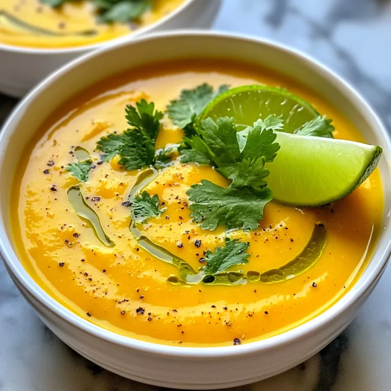 Für ein gelungenes Gericht benötigst du einige Hauptzutaten. Diese bilden die Basis für den tollen Geschmack. - 1 Esslöffel Kokosöl - 1 mittelgroße Zwiebel, gehackt - 3 Knoblauchzehen, fein gehackt - 1 Esslöffel frischer Ingwer, gerieben - 1 Esslöffel Currypulver - 4 Tassen Karotten, geschält und gehackt - 1 Dose (400 ml) Kokosmilch - 3 Tassen Gemüsebrühe - Salz und Pfeffer nach Geschmack - Frischer Koriander, gehackt, zum Garnieren - Limettenschnitze, zum Servieren Diese Zutaten sind wichtig, um den perfekten Geschmack zu erzielen. Die Kombination aus Karotten und Kokosmilch sorgt für eine cremige Textur. Gewürze sind der Schlüssel zu einem guten Geschmack. In dieser Suppe verwende ich Currypulver, um einen warmen, würzigen Geschmack zu schaffen. - Knoblauch und Ingwer bringen Frische und Tiefe. - Salz und Pfeffer sind notwendig, um den Geschmack zu verstärken. Wenn du die Suppe kochst, achte darauf, die Gewürze gut zu rösten. Das bringt ihre Aromen zur Geltung. Es gibt viele Möglichkeiten, diese Suppe anzupassen. Wenn du kein Kokosöl hast, kannst du auch Olivenöl verwenden. - Statt frischem Ingwer kannst du auch Ingwerpulver nehmen. - Wenn du keine Karotten magst, probiere Süßkartoffeln oder Kürbis. - Für eine leichtere Variante kann die Kokosmilch durch Mandelmilch ersetzt werden. Diese Alternativen machen die Suppe flexibel und anpassbar für deinen Geschmack. Experimentiere gerne mit verschiedenen Zutaten! {{ingredient_image_2}} Zuerst sammeln wir alle Zutaten. Du brauchst: - 1 Esslöffel Kokosöl - 1 mittelgroße Zwiebel, gehackt - 3 Knoblauchzehen, fein gehackt - 1 Esslöffel frischer Ingwer, gerieben - 1 Esslöffel Currypulver - 4 Tassen Karotten, geschält und gehackt - 1 Dose (400 ml) Kokosmilch - 3 Tassen Gemüsebrühe - Salz und Pfeffer nach Geschmack - Frischer Koriander, gehackt, zum Garnieren - Limettenschnitze, zum Servieren Achte darauf, die Karotten gut zu schälen und in kleine Stücke zu schneiden. Das hilft, die Garzeit zu verkürzen. Jetzt geht es ans Kochen. Erhitze das Kokosöl in einem großen Topf bei mittlerer Hitze. Füge die gehackte Zwiebel hinzu und dünste sie für 5-7 Minuten, bis sie glasig ist. Dann rührst du den gehackten Knoblauch und den geriebenen Ingwer hinein. Brate sie 1-2 Minuten an, bis sie gut duften. Jetzt kommt das Currypulver dazu. Vermische alles gut und röste die Gewürze für etwa 1 Minute. So entfalten sich die Aromen. Füge dann die gehackten Karotten in den Topf. Mische sie gut mit der Gewürzmischung. Das sorgt für einen tollen Geschmack. Gieße nun die Kokosmilch und die Gemüsebrühe dazu. Bringe die Suppe zum sanften Kochen und reduziere dann die Hitze. Lass die Suppe 20-25 Minuten köcheln. Die Karotten sollten weich werden. Wenn die Karotten zart sind, nimm den Topf vom Herd. Püriere die Suppe mit einem Stabmixer, bis sie ganz glatt ist. Alternativ kannst du die Suppe in einem Standmixer pürieren. Schmecke die Suppe mit Salz und Pfeffer ab. Pass die Gewürze nach deinem Geschmack an. Stelle die Suppe dann bei niedriger Hitze zurück auf den Herd. So bleibt sie warm, bis du sie servierst. Ein häufiger Fehler ist, die Zwiebel zu lange zu braten. Sie sollte glasig, aber nicht braun sein. Achten Sie darauf, das Currypulver kurz zu rösten. So entfalten sich die Aromen besser. Wenn Sie die Karotten nicht gleichmäßig schneiden, werden sie ungleichmäßig gar. Alle Stücke sollten die gleiche Größe haben, damit sie gleichmäßig weich werden. Fügen Sie einen Spritzer Limettensaft hinzu. Dies gibt der Suppe einen frischen Kick. Sie können auch etwas Chili für Schärfe verwenden. Eine Handvoll frischer Spinatblätter kurz vor dem Pürieren verleiht zusätzliche Farbe und Nährstoffe. Wenn Sie die Suppe noch cremiger mögen, geben Sie mehr Kokosmilch hinzu. Die Suppe sollte glatt und cremig sein. Wenn sie zu dick ist, fügen Sie etwas Gemüsebrühe hinzu. Wenn sie zu dünn ist, kochen Sie sie länger, damit die Flüssigkeit verdampft. Ich empfehle, einen Stabmixer zu verwenden. Damit bleibt die Suppe in einem Topf, und Sie müssen nichts umfüllen. Pürieren Sie die Suppe, bis sie die gewünschte Konsistenz hat. Pro Tipps Karottenrösten: Für einen intensiveren Geschmack können Sie die Karotten vorher im Ofen rösten, bevor Sie sie zur Suppe hinzufügen. Kokosmilchalternative: Falls Sie eine leichtere Variante bevorzugen, können Sie die Kokosmilch durch ungesüßte Mandel- oder Hafermilch ersetzen. Gewürze anpassen: Experimentieren Sie mit verschiedenen Gewürzen wie Kreuzkümmel oder Koriandersamen, um der Suppe eine persönliche Note zu verleihen. Servieroptionen: Für eine noch ansprechendere Präsentation können Sie geröstete Kürbiskerne oder einen Schuss Chiliöl als Topping verwenden. {{image_4}} Diese Suppe ist bereits vegan und glutenfrei. Du kannst sie aber anpassen, wenn du magst. Verwende einfach Gemüsebrühe ohne Gluten. Das Kokosöl sorgt für einen tollen Geschmack und ist ebenfalls vegan. Du kannst die Kokosmilch durch Mandelmilch ersetzen, wenn du eine leichtere Variante willst. Fühle dich frei, weitere Gemüse hinzuzufügen. Süßkartoffeln passen gut. Sie bringen eine süße Note. Auch Kürbis oder Zucchini sind hervorragend. Diese Gemüsesorten geben der Suppe mehr Textur und Nährstoffe. Du kannst sie einfach mit den Karotten im Topf kochen. Möchtest du es schärfer? Füge etwas frischen Chili oder Cayennepfeffer hinzu. Das steigert den Geschmack. Wenn du eine mildere Suppe magst, nimm weniger Currypulver. Experimentiere auch mit Kräutern. Frischer Koriander oder Petersilie bringen frische Aromen. Probiere diese Anpassungen aus, um die Suppe nach deinem Geschmack zu gestalten! Um die Kurkuma-Möhren-Kokos-Suppe frisch zu halten, füllen Sie sie in einen luftdichten Behälter. Lassen Sie die Suppe vor dem Verschließen abkühlen. Stellen Sie den Behälter in den Kühlschrank. Die Suppe bleibt so bis zu fünf Tage genießbar. Achten Sie darauf, die Suppe nicht zu lange bei Raumtemperatur stehen zu lassen. Wenn Sie die Suppe aufwärmen möchten, gießen Sie sie in einen Topf. Erhitzen Sie die Suppe bei mittlerer Hitze. Rühren Sie regelmäßig um, damit sie gleichmäßig warm wird. Sie können auch einen Mikrowellenbehälter nutzen. Erwärmen Sie die Suppe in kurzen Intervallen und rühren Sie dazwischen um. So bleibt die Konsistenz schön cremig. Die Suppe ist ideal zum Einfrieren. Füllen Sie sie in gefriergeeignete Behälter. Lassen Sie etwas Platz, damit die Suppe sich beim Gefrieren ausdehnen kann. Im Gefrierfach hält sie bis zu drei Monate. Zum Auftauen legen Sie die gefrorene Suppe über Nacht in den Kühlschrank. Danach können Sie sie wie gewohnt aufwärmen. Die Kurkuma-Möhren-Kokos-Suppe hält sich gut im Kühlschrank. Sie bleibt bis zu fünf Tage frisch. Lagern Sie sie in einem luftdichten Behälter. Achten Sie darauf, die Suppe gut abzukühlen, bevor Sie sie in den Kühlschrank stellen. Wenn Sie die Suppe länger aufbewahren möchten, frieren Sie sie ein. So bleibt sie bis zu drei Monate haltbar. Ja, Sie können die Suppe auch ohne Kokosmilch zubereiten. Verwenden Sie stattdessen eine andere pflanzliche Milch, wie Mandel- oder Hafermilch. Diese Alternativen geben der Suppe einen anderen Geschmack, aber sie bleiben cremig. Sie können auch mehr Gemüsebrühe hinzufügen, um die Konsistenz anzupassen. Experimentieren Sie mit verschiedenen Optionen, um den perfekten Geschmack zu finden. Diese Suppe schmeckt hervorragend mit verschiedenen Beilagen. Einige gute Optionen sind: - Frisches Brot oder Baguette - Reis oder Quinoa - Ein einfacher grüner Salat - Knusprige Croutons Diese Beilagen bringen zusätzliche Textur und Geschmack. Sie ergänzen die Suppe perfekt und machen das Essen noch sättigender. Die Kurkuma-Möhren-Kokos-Suppe ist einfach zuzubereiten. Wir haben die Hauptzutaten, Gewürze und Alternativen besprochen. Du hast gelernt, wie man die Zutaten vorbereitet, die Suppe kocht und richtig püriert. Tipps helfen dir, häufige Fehler zu vermeiden und die Konsistenz zu optimieren. Denk auch an leckere Variationen und die richtige Lagerung der Suppe. Diese leckere, gesunde Suppe passt in jede Küche. Probiere es aus und kreiere dein eigenes Rezept!