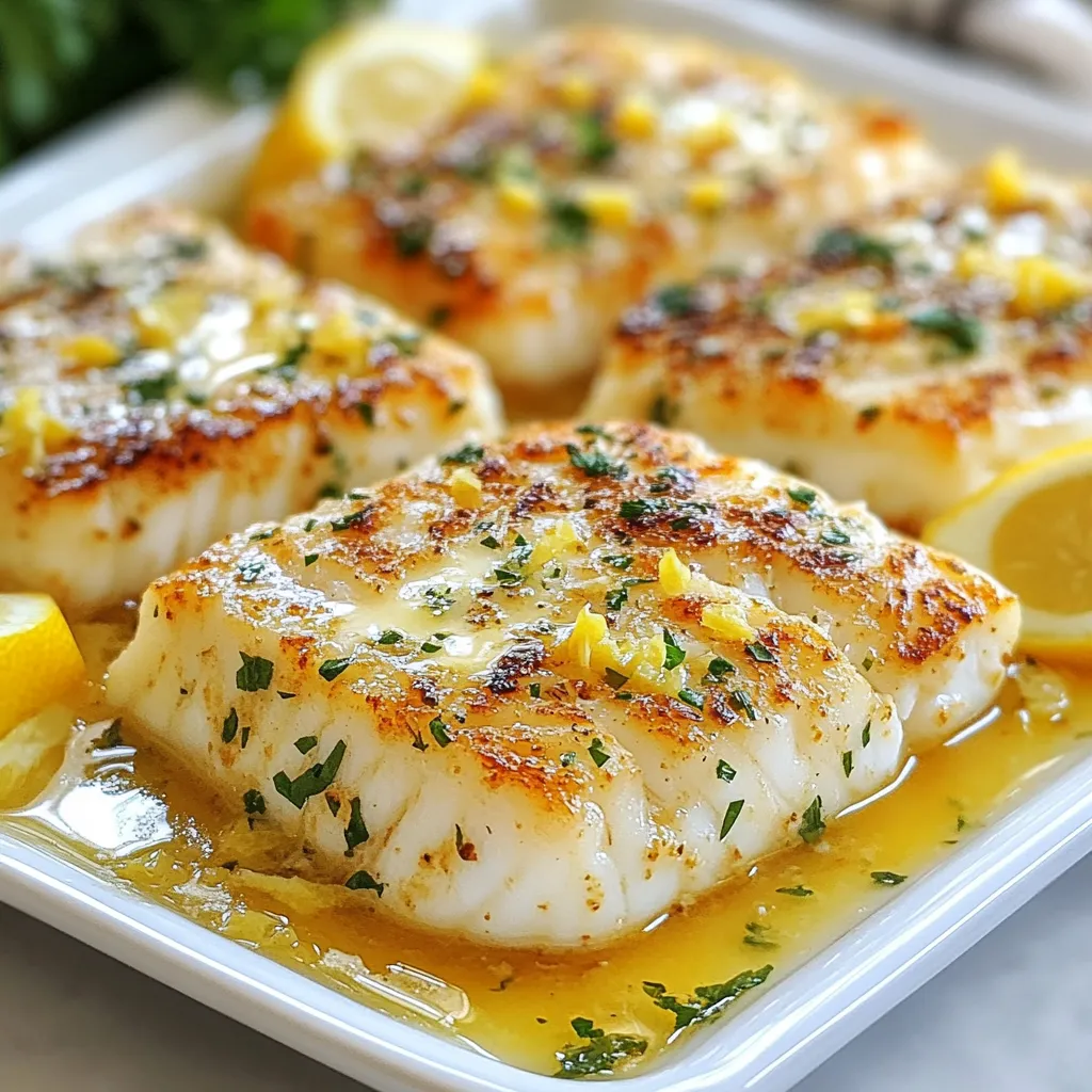 Für diesen köstlichen Knoblauchbutter-Kabeljau benötigst du: - 4 Kabeljaufilets (jeweils etwa 170 Gramm) - 4 Esslöffel ungesalzene Butter - 4 Knoblauchzehen, fein gehackt - Abgeriebene Schale von 1 Zitrone - 2 Esslöffel frischer Zitronensaft Diese Zutaten sind einfach zu finden. Der Kabeljau hat einen milden Geschmack. Er passt gut zu der starken Knoblauchbutter. Für den perfekten Geschmack sind Salz und Pfeffer wichtig. Sie helfen, die Aromen hervorzuheben. Du kannst auch frische Petersilie verwenden. Sie bringt Farbe und Frische ins Gericht. Die Zitrone sorgt für einen spritzigen Kick. Um das Gericht ansprechend zu servieren, garnierst du den Kabeljau mit: - 2 Esslöffel frischer Petersilie, gehackt - Zitronenspalten (zum Servieren) Die Petersilie sieht schön aus und gibt einen frischen Geschmack. Die Zitronenspalten sind ideal, um das Gericht zu verfeinern. Du kannst auch Reis oder Gemüse als Beilage servieren. {{ingredient_image_2}} Zuerst heize deinen Ofen auf 200°C vor. Das sorgt dafür, dass dein Kabeljau gleichmäßig gart. Nehme dann vier Kabeljaufilets und tupfe sie mit Papiertüchern trocken. Das hilft, die Feuchtigkeit zu entfernen. Würze beide Seiten der Filets mit etwas Salz und Pfeffer. So bekommst du den besten Geschmack. Erhitze eine ofenfeste Pfanne bei mittlerer Hitze. Füge vier Esslöffel ungesalzene Butter hinzu und lasse sie schmelzen. Sobald die Butter geschmolzen ist, füge vier fein gehackte Knoblauchzehen hinzu. Brate den Knoblauch etwa eine Minute an und achte darauf, dass er nicht verbrennt. Jetzt füge die abgeriebene Schale und den Saft von einer Zitrone hinzu. Rühre alles gut um. Lege die gewürzten Kabeljaufilets in die Pfanne. Löffle etwas von der Knoblauchbutter über die Filets. Brate sie zwei bis drei Minuten lang an, bis die Unterseite goldbraun ist. Überführe dann die Pfanne in den Ofen. Backe den Kabeljau für etwa 12 bis 15 Minuten. Der Fisch ist fertig, wenn er undurchsichtig ist und leicht mit einer Gabel zerfällt. Nimm die Pfanne heraus und übergieße den Fisch mit der restlichen Knoblauchbutter. Garniere den Kabeljau mit frischer, gehackter Petersilie. Serviere ihn mit Zitronenspalten an der Seite. Die Zitronen sorgen für einen tollen Farbkontrast und bringen Frische ins Gericht. Platziere die Filets auf einer Servierplatte. Übergieße sie mit der Knoblauchbutter und streue die Petersilie darüber. So sieht dein Gericht nicht nur gut aus, sondern schmeckt auch köstlich! Um die besten Kabeljaufilets zu bekommen, achte auf die Frische. Wähle Filets mit einer hellen Farbe und festem Fleisch. Achte darauf, dass die Filets nicht riechen. Sie sollten nach Meer duften. Lagere den Kabeljau im Kühlschrank bis zur Zubereitung. Tupfe die Filets mit einem Papiertuch trocken, bevor du sie würzt. Das hilft, die Gewürze besser haften zu lassen. Die Knoblauchbutter ist der Star des Gerichts. Schmelze die Butter langsam in einer ofenfesten Pfanne. Füge den gehackten Knoblauch hinzu, wenn die Butter heiß ist. Brate den Knoblauch nur kurz an, bis er duftet. Achte darauf, dass er nicht bräunt. Das kann bitter schmecken. Mische die Zitronenschale und den Saft in die Butter. Das bringt einen frischen Geschmack. Ein häufiger Fehler ist, den Kabeljau zu lange zu garen. Das macht den Fisch trocken und zäh. Achte darauf, dass die Unterseite des Filets goldbraun ist, bevor du es in den Ofen gibst. Überprüfe den Fisch nach 12 Minuten. Er sollte undurchsichtig sein und leicht zerfallen. Lass die Knoblauchbutter beim Servieren nicht weg. Sie ist wichtig für das Aroma. Pro Tipps Fisch frisch wählen: Achte darauf, frischen Kabeljau zu kaufen, der fest und glänzend aussieht. Vermeide Filets mit unangenehmem Geruch oder einer matschigen Textur. Knoblauch nicht verbrennen: Achte darauf, den Knoblauch nur kurz anzubraten, damit er nicht bitter wird. Sobald er duftet, ist es Zeit, die anderen Zutaten hinzuzufügen. Zitronensaft frisch pressen: Verwende frischen Zitronensaft anstelle von Flaschenware, um den besten Geschmack zu erzielen. Frische Zitrone hebt das Gericht deutlich hervor. Garnieren für das Auge: Verwende frische Petersilie und Zitronenspalten für die Garnitur, um das Gericht ansprechend zu präsentieren. Eine schöne Präsentation macht das Essen noch köstlicher. {{image_4}} Du kannst verschiedene Fischarten für dieses Rezept nutzen. Seelachs oder Heilbutt sind tolle Alternativen. Diese Fische haben ähnliche Texturen und schmecken gut mit Knoblauch und Zitrone. Achte darauf, die Garzeit anzupassen. Dickere Filets brauchen länger im Ofen. Wenn du eine vegetarische Option möchtest, probiere gebratene Auberginen oder Zucchini. Diese Gemüsesorten nehmen die Knoblauchbutter gut auf. Du kannst auch Tofu verwenden. Mariniere ihn mit Zitronensaft und Knoblauch. So erhält er einen tollen Geschmack. Verleihe deinem Gericht mehr Geschmack mit zusätzlichen Gewürzen. Paprika, Chili oder frische Kräuter wie Thymian passen gut. Du kannst auch Parmesan über den Fisch streuen, bevor du ihn backst. Das gibt eine knusprige Kruste. Experimentiere mit deinen Lieblingszutaten und finde deine perfekte Mischung. Wenn du Reste von Knoblauchbutter-Kabeljau hast, lagere sie in einem luftdichten Behälter. Stelle sicher, dass der Fisch vollständig abgekühlt ist, bevor du ihn in den Kühlschrank stellst. So bleibt der Geschmack frisch. Du kannst die Reste bis zu drei Tage im Kühlschrank aufbewahren. Achte darauf, den Fisch nicht zu lange stehen zu lassen, um die Qualität zu erhalten. Um den Kabeljau wieder aufzuwärmen, benutze eine Pfanne bei mittlerer Hitze. Füge etwas zusätzliche Butter oder Öl hinzu, um den Fisch saftig zu halten. Alternativ kannst du den Kabeljau in der Mikrowelle aufwärmen. Stelle die Mikrowelle auf eine niedrige Stufe und erwärme ihn schrittweise. Das verhindert, dass der Fisch trocken wird. Die frischen Zutaten sind wichtig für den Geschmack. Kabeljau bleibt im Kühlschrank etwa ein bis zwei Tage frisch. Knoblauch und Zitrone sind länger haltbar. Lagere Knoblauch an einem kühlen, trockenen Ort. Zitronen halten sich gut im Kühlschrank oder bei Raumtemperatur, solange sie fest sind. Butter kann bis zu drei Monate im Kühlschrank aufbewahrt werden. Achte darauf, die Haltbarkeitsdaten zu überprüfen, um die beste Qualität zu gewährleisten. Die Zubereitung von Knoblauchbutter-Kabeljau dauert insgesamt 25 Minuten. Davon benötigst du 10 Minuten für die Vorbereitung und 15 Minuten zum Kochen. Du wirst schnell einen leckeren Fisch auf dem Tisch haben. Ja, du kannst gefrorenen Kabeljau verwenden. Achte darauf, ihn vor der Zubereitung gut aufzutauen. Das Auftauen hilft, den Fisch gleichmäßig zu garen. Du kannst ihn einfach über Nacht im Kühlschrank lassen. Zu Knoblauchbutter-Kabeljau passen viele Beilagen. Hier sind einige gute Optionen: - Reis - Kartoffeln - Gedünstetes Gemüse - Salat Du kannst auch knuspriges Brot servieren, um die köstliche Knoblauchbutter aufzusaugen. In diesem Blogbeitrag haben wir die Hauptzutaten für Knoblauchbutter-Kabeljau besprochen. Ich habe eine Schritt-für-Schritt-Anleitung für die Zubereitung gegeben und wichtige Tipps geteilt. Variationen des Gerichts zeigen, dass du alternativ Fisch oder vegetarische Optionen nutzen kannst. Außerdem habe ich die besten Lagerinformationen und häufige Fragen geklärt. Kabeljau mit Knoblauchbutter ist einfach und lecker. Probiere es aus und entdecke neue Geschmackserlebnisse!