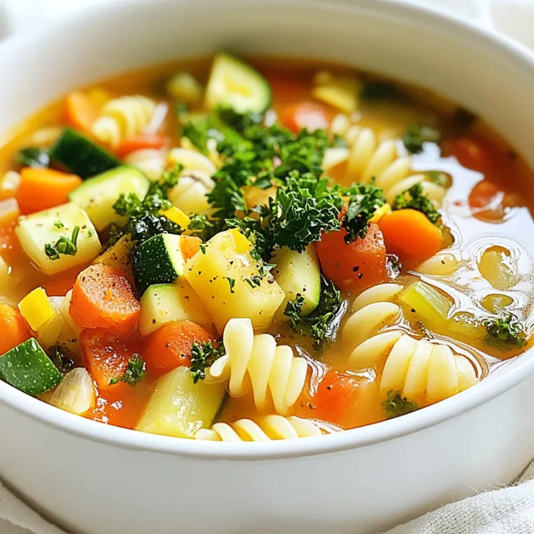 Die Basis für eine gute Minestrone ist einfach. Hier sind die Hauptzutaten, die du brauchst: - 2 Esslöffel Olivenöl - 1 Zwiebel, gewürfelt - 2 Knoblauchzehen, gehackt - 2 Karotten, gewürfelt - 2 Selleriestangen, gewürfelt - 1 Zucchini, gehackt - 1 Tasse grüne Bohnen, geputzt und in 2,5 cm lange Stücke geschnitten - 1 Tasse Grünkohl oder Spinat, gehackt - 1 Dose (400 g) gewürfelte Tomaten, mit Saft - 1 Liter Gemüsebrühe - 1 Dose (425 g) Kidneybohnen, abgetropft und gespült - 1 Teelöffel getrockneter Oregano - 1 Teelöffel getrocknetes Basilikum - Salz und Pfeffer nach Geschmack - 1 Tasse kleine Pasta (z.B. Ditalini oder Elbow) - Frische Petersilie, gehackt (zum Garnieren) Diese Zutaten bringen viel Geschmack und Nährstoffe in die Suppe. Du kannst die Minestrone nach deinem Geschmack anpassen. Hier sind ein paar Gemüseoptionen, die gut passen: - Paprika - Kürbis - Brokkoli - Erbsen Diese Optionen machen die Suppe noch bunter und gesünder. Fühle dich frei, was du magst, hinzuzufügen. Gewürze sind der Schlüssel zu einem tollen Geschmack. Neben Oregano und Basilikum kannst du auch diese hinzufügen: - Thymian - Rosmarin - Lorbeerblätter Diese Kräuter geben der Suppe ein tolles Aroma. Du kannst auch mit Salz und Pfeffer spielen, um den Geschmack zu verbessern. {{ingredient_image_2}} Zuerst müssen wir alle Zutaten bereitstellen. Dies macht den Kochprozess einfacher. Hier sind die Zutaten, die du brauchst: - 2 Esslöffel Olivenöl - 1 Zwiebel, gewürfelt - 2 Knoblauchzehen, gehackt - 2 Karotten, gewürfelt - 2 Selleriestangen, gewürfelt - 1 Zucchini, gehackt - 1 Tasse grüne Bohnen, in Stücke geschnitten - 1 Tasse Grünkohl oder Spinat, gehackt - 1 Dose (400 g) gewürfelte Tomaten, mit Saft - 1 Liter Gemüsebrühe - 1 Dose (425 g) Kidneybohnen, abgetropft - 1 Teelöffel getrockneter Oregano - 1 Teelöffel getrocknetes Basilikum - Salz und Pfeffer nach Geschmack - 1 Tasse kleine Pasta - Frische Petersilie, gehackt Wasche das Gemüse gut und schneide es in kleine Stücke. So kocht alles gleichmäßig und schnell. Jetzt beginnt der Spaß! Erhitze das Olivenöl in einem großen Topf bei mittlerer Hitze. Füge die gewürfelte Zwiebel hinzu und brate sie an, bis sie glasig ist. Das dauert etwa fünf Minuten. Dann kommt der gehackte Knoblauch, die Karotten und der Sellerie dazu. Koche alles für weitere fünf Minuten. Rühre gelegentlich um, bis das Gemüse weich wird. Jetzt ist es Zeit für die Zucchini, die grünen Bohnen und den Grünkohl oder Spinat. Brate alles für etwa fünf Minuten weiter. Gieße die gewürfelten Tomaten mit ihrem Saft und die Gemüsebrühe in den Topf. Bringe alles zum Kochen. Sobald es kocht, reduziere die Hitze und lass die Suppe köcheln. Füge die Kidneybohnen, Oregano, Basilikum, Salz und Pfeffer hinzu. Rühre alles gut durch. Jetzt kommt die kleine Pasta dazu. Lass die Suppe für zehn bis zwölf Minuten weiterköcheln, bis die Pasta al dente ist. Probier die Suppe und passe die Gewürze nach deinem Geschmack an. Nimm den Topf vom Herd und lass die Suppe ein paar Minuten stehen. Serviere die Suppe heiß in Schüsseln. Garniere jede Portion mit frischer, gehackter Petersilie. Jetzt hast du eine leckere und gesunde Minestrone, die voller Gemüse steckt! Um die perfekte Konsistenz für deine Minestrone zu erreichen, achte auf die folgenden Punkte: - Gemüsegröße: Schneide das Gemüse gleichmäßig. Das sorgt für gleichmäßiges Kochen. - Pasta: Füge die Pasta erst spät hinzu. So bleibt sie al dente und matscht nicht. - Kochzeit: Lasse die Suppe nicht zu lange kochen. Das Gemüse soll bissfest bleiben. Einige Fehler können die Suppe ruinieren. Hier sind die häufigsten: - Zu viel Wasser: Achte darauf, die Brühe nicht zu verdünnen. Zu viel Flüssigkeit macht die Suppe wässrig. - Zu wenig Gewürze: Schmecke die Suppe gut ab. Salz und Pfeffer sind wichtig für den Geschmack. - Überkochen: Lass die Suppe nicht zu stark sprudeln. Das kann das Gemüse zerfallen lassen. Die Garzeiten sind entscheidend für den Geschmack und die Textur: - Zwiebeln und Knoblauch: 5 Minuten anbraten, bis sie glasig sind. - Hartes Gemüse: Karotten und Sellerie brauchen etwa 5 Minuten. - Zartes Gemüse: Zucchini und Grünkohl benötigen nur 5 Minuten Kochzeit. Mit diesen Tipps machst du deine Minestrone perfekt! Pro Tipps Gemüse vorbereiten: Für ein intensiveres Aroma sollten Sie das Gemüse gleichmäßig schneiden, damit es gleichmäßig gart. Pasta separat kochen: Um ein Überkochen der Pasta zu vermeiden, kochen Sie die Pasta separat und fügen Sie sie erst beim Servieren hinzu. Gewürze anpassen: Schmecken Sie die Suppe während des Kochens ab und passen Sie die Gewürze nach Ihrem Geschmack an, um den besten Geschmack zu erzielen. Reste aufbewahren: Die Minestrone-Suppe schmeckt am nächsten Tag noch besser. Bewahren Sie Reste in einem luftdichten Behälter im Kühlschrank auf. {{image_4}} Eine vegane Minestrone ist leicht zu machen. Alle Zutaten in diesem Rezept sind pflanzlich. Verwenden Sie einfach Gemüsebrühe ohne Tierprodukte. Diese Suppe bleibt lecker und nahrhaft. Sie können auch etwas Kokosmilch hinzufügen. Das macht die Suppe cremiger und gibt einen anderen Geschmack. Wenn Sie mehr Protein möchten, fügen Sie Linsen hinzu. Sie sind gesund und passen gut in die Suppe. Eine Tasse gekochte Linsen reicht oft aus. Eine andere Option sind Kichererbsen. Diese geben der Minestrone eine tolle Textur. Achten Sie darauf, die Bohnen gut abzuspülen. Für eine glutenfreie Minestrone verwenden Sie glutenfreie Pasta. Es gibt viele Sorten, die gut schmecken. Reisnudeln sind auch eine gute Wahl. Stellen Sie sicher, dass alle anderen Zutaten glutenfrei sind. Das macht die Suppe für alle geeignet. Genießen Sie die Vielfalt! Um die Minestrone frisch zu halten, sollten Sie sie richtig lagern. Lassen Sie die Suppe zuerst abkühlen. Gießen Sie sie dann in einen luftdichten Behälter. Wenn Sie die Suppe im Kühlschrank aufbewahren, hält sie sich etwa 3 bis 4 Tage. Achten Sie darauf, dass der Behälter gut verschlossen ist, um Gerüche zu vermeiden. Wenn Sie die Minestrone aufwärmen möchten, geben Sie sie in einen Topf. Erhitzen Sie die Suppe bei mittlerer Hitze. Rühren Sie oft um, damit sie gleichmäßig warm wird. Sie können auch einen Schuss Wasser oder Brühe hinzufügen, wenn die Suppe zu dick ist. Achten Sie darauf, dass die Suppe gut durchgeheizt ist, aber nicht kocht. Für längere Lagerung können Sie die Minestrone einfrieren. Teilen Sie die Suppe in Portionen auf und füllen Sie sie in Gefrierbeutel oder Behälter. Lassen Sie dabei etwas Platz, da die Suppe beim Gefrieren expandiert. Im Gefrierfach bleibt die Suppe bis zu 3 Monate frisch. Zum Auftauen können Sie die Suppe über Nacht im Kühlschrank lassen oder sie direkt im Topf erhitzen. Die Minestrone hält sich gut im Kühlschrank. Sie bleibt dort etwa 3 bis 5 Tage frisch. Achten Sie darauf, die Suppe in einem luftdichten Behälter zu lagern. So bleibt der Geschmack erhalten. Wenn Sie die Suppe länger aufbewahren wollen, können Sie sie einfrieren. Ja, frisches Gemüse ist eine tolle Wahl! Es bringt mehr Geschmack und Nährstoffe in die Suppe. Verwenden Sie saisonales Gemüse für den besten Geschmack. Denken Sie daran, die Garzeit etwas anzupassen. Frisches Gemüse kann länger brauchen. Um die Suppe würziger zu machen, können Sie verschiedene Gewürze hinzufügen. Chili-Flocken geben einen schönen Kick. Auch mehr Knoblauch oder Zwiebel sorgen für Tiefe. Probieren Sie frische Kräuter wie Basilikum oder Thymian. Diese bringen viel Aroma in die Suppe. Diese Minestrone-Übersicht hat die besten Zutaten und Zubereitungstipps abgedeckt. Du hast gelernt, welche Grundzutaten wichtig sind und wie man die Suppe perfekt kocht. Denk daran, beim Kochen deiner eigenen Variationen kreativ zu sein. Vermeide häufige Fehler, um die ideale Konsistenz zu erreichen. Bewahre Reste richtig auf, damit du sie später genießen kannst. Mit diesen Infos bist du bereit, eine leckere Minestrone zu zaubern. Viel Spaß beim Kochen!