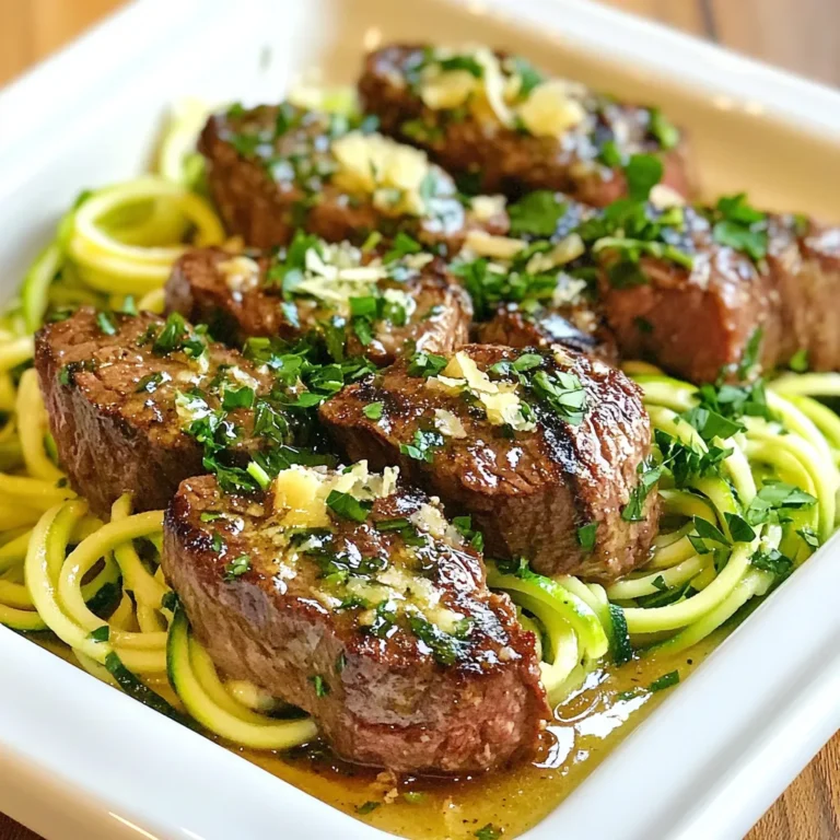 - 450 g Rinderfilet, in mundgerechte Stücke geschnitten - 4 mittelgroße Zucchini, zu Zoodles spiralisieren - 4 Esslöffel ungesalzene Butter - 4 Knoblauchzehen, fein gehackt - 1 Esslöffel Olivenöl - 1 Teelöffel frischer Rosmarin, fein gehackt - 1 Teelöffel frischer Thymian, fein gehackt - Salz und Pfeffer, nach Geschmack - 60 g frisch geriebener Parmesan (optional) - Frische Petersilie, gehackt (zum Garnieren) In diesem Rezept spielen die Zutaten eine große Rolle. Das Rinderfilet ist zart und voller Geschmack. Die Zucchini sorgen für eine frische Note. Die Butter und der Knoblauch geben dem Gericht ein reichhaltiges Aroma. Rosmarin und Thymian fügen eine schöne Kräuternote hinzu, die das Steak perfekt ergänzt. Die Zoodles sind eine großartige, kalorienarme Alternative zu Pasta. Sie bringen eine knackige Textur mit. Parmesan als Garnierung fügt eine salzige Tiefe hinzu. Petersilie bringt eine schöne Farbe ins Spiel und rundet das Gericht ab. Achten Sie darauf, frische Zutaten zu verwenden. So wird Ihr Gericht noch schmackhafter und gesünder. {{ingredient_image_2}} - Spiralisieren der Zucchini: Nimm die Zucchini und benutze einen Spiralschneider. Erstelle lange, dünne Zoodles. Das gibt dir eine tolle Textur. - Feuchtigkeit entfernen: Lege die Zoodles auf ein sauberes Küchentuch. Drücke leicht, um die überschüssige Feuchtigkeit zu entfernen. So werden sie beim Kochen nicht matschig. - Pfanne erhitzen und Öl hinzufügen: Erhitze eine große Pfanne auf mittlerer bis hoher Hitze. Gib einen Esslöffel Olivenöl hinein. - Steakstücke würzen und braten: Nimm die Rinderfiletstücke. Würze sie mit Salz und Pfeffer. Lege sie in die Pfanne und brate sie 3-4 Minuten lang. Sie sollten von allen Seiten braun sein. - Butter schmelzen und Gewürze hinzufügen: Nimm die gleiche Pfanne. Gib 4 Esslöffel Butter hinein. Lass sie schmelzen, dann füge 4 gehackte Knoblauchzehen, Rosmarin und Thymian hinzu. - Aromatisch braten: Brate die Mischung 1-2 Minuten. Pass auf, dass der Knoblauch nicht verbrennt. Der Duft ist wunderbar! - Zucchini in die Pfanne geben: Gib die vorbereiteten Zoodles in die Pfanne. Vermenge sie gut mit der Knoblauchbutter. - Steakbissen zurück in die Pfanne: Füge die Steakbissen wieder hinzu. Mische alles gut durch und lass es eine weitere Minute warm ziehen. - Al dente Kochen: Zoodles sollten knackig sein. Kochen Sie sie nur 2-3 Minuten. So bleiben sie fest und lecker. - Wasserentzug vermeiden: Nach dem Spiralisieren legen Sie die Zoodles auf ein Küchentuch. So entfernen Sie überschüssiges Wasser. Dadurch wird das Gericht nicht matschig. - Andere Fleischsorten: Statt Rinderfilet können Sie Hähnchen oder Schweinefleisch verwenden. Diese Variationen bringen neue Geschmäcker. - Glutenfreie Optionen: Verwenden Sie glutenfreies Öl oder Sojasauce. So bleibt das Gericht für alle geeignet. - Serviertipps: Nutzen Sie eine große Platte. Arrangieren Sie die Zoodles und Steakbissen darauf. So sieht es schön aus. - Farb- und Geschmacksakzente: Bestreuen Sie das Gericht mit frischer Petersilie und Parmesan. Diese Zutaten bringen Farbe und zusätzlichen Geschmack. Pro Tipps Die richtige Zucchini wählen: Wählen Sie frische, feste Zucchini ohne weiche Stellen für die besten Zoodles. Steak richtig anbraten: Lassen Sie das Steak nach dem Anbraten einige Minuten ruhen, damit die Säfte sich setzen können. Knoblauch nicht verbrennen: Geben Sie den Knoblauch erst hinzu, wenn die Butter geschmolzen ist, und rühren Sie ständig um, um ein Anbrennen zu vermeiden. Variationen ausprobieren: Fügen Sie andere Kräuter oder Gewürze hinzu, um das Gericht nach Ihrem Geschmack zu variieren. {{image_4}} Für die Paleo-Version der Knoblauchbutter Steakbissen Zoodles können Sie mageres Fleisch wie Hähnchen oder Pute verwenden. Diese Varianten sind lecker und passen gut zu Zoodles. Sie können auch mehr Gemüse hinzufügen, um den Nährwert zu steigern. Karotten oder Paprika sind tolle Optionen. Anstelle von Butter können Sie Kokosöl verwenden. Es gibt keinen Verlust beim Geschmack. Wenn Sie eine vegetarische Option möchten, lassen Sie das Fleisch weg. Stattdessen können Sie Pilze oder Tofu verwenden. Diese Zutaten nehmen die Knoblauchbutter gut auf. Zucchini bleibt ein toller Nudelersatz. Für mehr Farbe und Geschmack können Sie auch Süßkartoffeln verwenden. Sie sind gesund und fügen eine süße Note hinzu. Experimentieren Sie mit Gewürzen, um neue Geschmäcker zu entdecken. Fügen Sie etwas Paprika oder Kreuzkümmel hinzu, um einen würzigen Kick zu erhalten. Petersilie oder Basilikum können auch für frischen Geschmack sorgen. Seien Sie kreativ! Versuchen Sie auch, verschiedene Öle wie Avocadoöl zu verwenden. Es gibt viele Wege, dieses Gericht zu variieren und anzupassen. Bewahren Sie die Reste in einem luftdichten Behälter auf. Stellen Sie sicher, dass die Reste gut abgekühlt sind, bevor Sie sie in den Kühlschrank stellen. So bleiben die Aromen frisch. Lagern Sie die Knoblauchbutter Steakbissen Zoodles bis zu drei Tage im Kühlschrank. Um die Reste wieder warm zu machen, gibt es zwei Hauptmethoden: Mikrowelle oder Pfanne. In der Mikrowelle heizen Sie die Portionen in 30-Sekunden-Intervallen auf. Rühren Sie zwischendurch um, damit alles gleichmäßig warm wird. In der Pfanne erhitzen Sie etwas Olivenöl bei mittlerer Hitze. Fügen Sie die Reste hinzu und rühren Sie gut um, bis sie warm sind. Diese Methode bewahrt den Geschmack besser. Die Reste halten sich im Kühlschrank bis zu drei Tage. Nach dieser Zeit könnten die Zoodles matschig werden und das Steak könnte seinen Geschmack verlieren. Es ist am besten, die Reste so schnell wie möglich zu genießen. Wenn Sie sie länger aufbewahren möchten, frieren Sie sie ein. In einem gefrierfesten Behälter können sie bis zu drei Monate halten. Achten Sie darauf, die Portionen gut zu verpacken, damit sie nicht austrocknen. Die Zubereitung dauert etwa 10 Minuten. Die Kochzeit liegt bei etwa 20 Minuten. Insgesamt benötigst du also etwa 30 Minuten für das gesamte Gericht. So kannst du schnell ein leckeres Essen auf den Tisch bringen. Ja, du kannst einige Schritte im Voraus machen. Du kannst die Zoodles schon am Vortag spiralisieren und im Kühlschrank lagern. Das Steak kann auch mariniert werden, um den Geschmack zu intensivieren. Stelle sicher, dass du alles gut abdeckst, um die Frische zu bewahren. Wenn du keinen Parmesan magst oder eine Alternative suchst, probiere andere Käsesorten. Feta oder Pecorino sind gute Optionen. Für eine vegane Variante kannst du Nährhefe verwenden. Das gibt einen ähnlichen Geschmack ohne Milchprodukte. Dieses Rezept für Knoblauchbutter Steakbissen mit Zoodles ist einfach und lecker. Du hast gelernt, welche Zutaten du brauchst und wie du sie zubereitest. Die Tipps helfen dir, die perfekten Zoodles zu machen. Auch Variationen wie die vegetarische Option sind möglich. Denke daran, wie du die Reste lagerst und aufwärmst. Du kannst deine eigene Note hinzufügen und kreativ sein. Diese Gerichte bringen Genuss und Abwechslung auf deinen Tisch. Lass das Kochen Spaß machen!