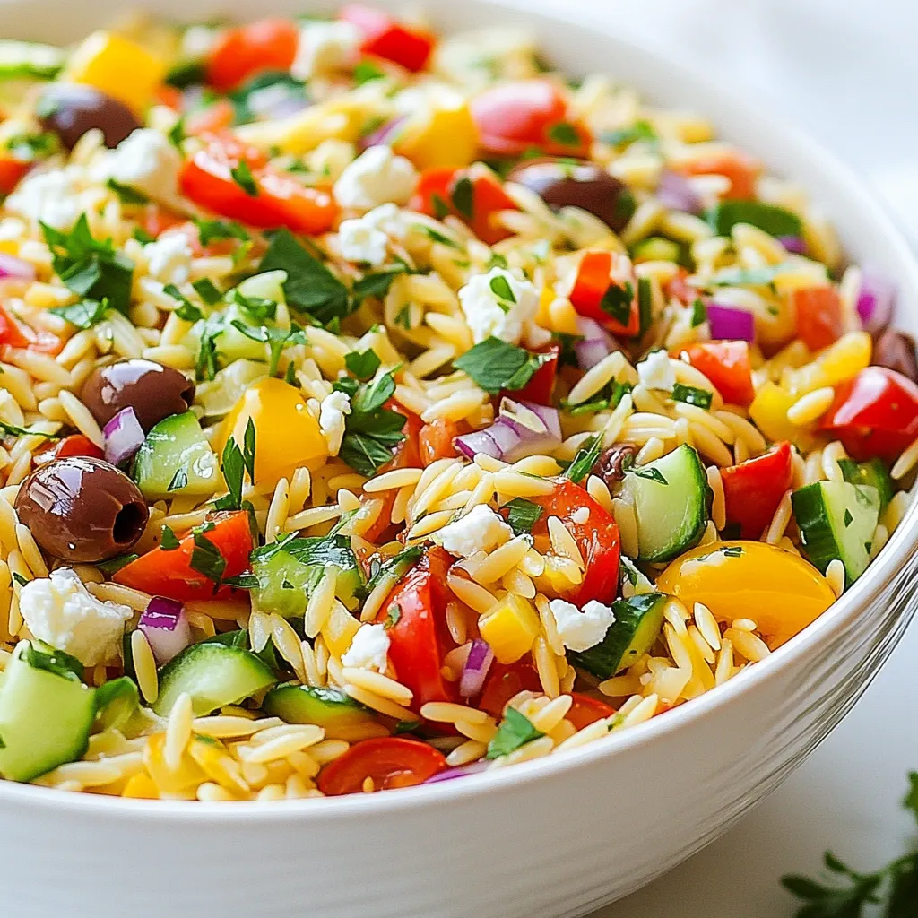 Die Zutaten für den Mediterranen Orzo-Pasta-Salat sind einfach und frisch. Hier sind die Hauptzutaten, die du benötigst: - 1 Tasse Orzo-Pasta - 1 Tasse Kirschtomaten, halbiert - 1 Gurke, gewürfelt - 1 rote Paprika, gewürfelt - 1/2 rote Zwiebel, fein gehackt - 1 Tasse Kalamata-Oliven, entsteint und in Scheiben geschnitten - 1/2 Tasse Feta-Käse, zerbröselt - 1/4 Tasse frische Petersilie, gehackt - 3 Esslöffel Olivenöl - 2 Esslöffel Zitronensaft - 1 Teelöffel getrockneter Oregano - Salz und Pfeffer nach Geschmack Frische Zutaten sind das Herz dieses Salats. Jede Zutat bringt ihren eigenen Geschmack und Nährstoffe mit. Kirschtomaten geben eine süße Note, während die Gurke für einen knackigen Biss sorgt. Rote Paprika bringt Farbe und Vitamine. Kalamata-Oliven fügen ein salziges Aroma hinzu. Feta-Käse sorgt für Cremigkeit und einen herzhaften Geschmack. Petersilie bringt Frische und macht den Salat lebendig. Achte beim Einkaufen auf Qualität. Wähle frische Kirschtomaten, die fest sind und glänzen. Gurken sollten fest und ohne Druckstellen sein. Bei der roten Paprika achte auf eine glatte Haut. Wähle Kalamata-Oliven, die gut riechen und eine schöne Farbe haben. Der Feta-Käse sollte cremig und nicht bröckelig sein. Frische Petersilie sollte grün und duftend sein. Hochwertige Zutaten machen den Salat noch besser. {{ingredient_image_2}} Um die Orzo-Pasta zuzubereiten, bringe einen großen Topf mit Salzwasser zum Kochen. Füge dann 1 Tasse Orzo-Pasta hinzu. Koche sie 8 bis 10 Minuten, bis sie al dente ist. Wenn die Pasta fertig ist, lasse sie in einem Sieb abtropfen. Spüle die Pasta unter kaltem Wasser ab, damit der Garprozess stoppt. Lasse die Orzo vollständig abkühlen. Dies sorgt für die perfekte Textur im Salat. In einer großen Schüssel vermenge die gewürfelte Gurke, die halbierten Kirschtomaten, die gewürfelte rote Paprika, die fein gehackte rote Zwiebel, die in Scheiben geschnittenen Kalamata-Oliven und den zerbröselten Feta-Käse. Achte darauf, die Zutaten vorsichtig zu vermengen, damit sie nicht zerdrückt werden. Diese Mischung sorgt für den frischen, knackigen Geschmack. In einer kleinen Schüssel verquirle das Olivenöl, den Zitronensaft, den getrockneten Oregano sowie Salz und Pfeffer. Gieße das Dressing über die Gemüsemischung. Füge dann die abgekühlte Orzo-Pasta hinzu. Vermenge alles sanft, bis alle Zutaten gut vermischt sind. Hebe die gehackte Petersilie unter den Salat. Bedecke den Salat mit Frischhaltefolie und lasse ihn mindestens 30 Minuten im Kühlschrank kühlen. So können die Aromen richtig durchziehen. Die Garzeit für Orzo-Pasta ist wichtig. Kochen Sie die Pasta für 8 bis 10 Minuten. Achten Sie darauf, dass sie al dente bleibt. So bleibt die Pasta fest und hat Biss. Nach dem Kochen spülen Sie sie mit kaltem Wasser ab. Das stoppt den Garprozess und verhindert ein Verkleben. Dieses Rezept ist sehr anpassbar. Fügen Sie Ihre Lieblingsgemüse hinzu. Zucchini oder Artischocken passen gut. Auch die Kräuter können variieren. Frischer Basilikum oder Dill bringen neue Aromen. Für einen anderen Geschmack können Sie auch Mozzarella verwenden. Seien Sie kreativ und passen Sie den Salat an Ihren Geschmack an. Präsentation macht viel aus. Servieren Sie den Salat in einer großen, schönen Schüssel. Garnieren Sie ihn mit extra Feta und Petersilie. Für ein schönes Bild schichten Sie die Zutaten. So kommen die bunten Farben gut zur Geltung. Kühlen Sie den Salat vor dem Servieren. So ziehen die Aromen besser durch und der Salat schmeckt frisch. Pro Tipps Frische Zutaten verwenden: Verwenden Sie immer frisches Gemüse und Kräuter für den besten Geschmack und die beste Textur. Orzo perfekt kochen: Achten Sie darauf, die Orzo-Pasta al dente zu kochen, damit sie beim Mischen mit dem Gemüse nicht matschig wird. Vorsichtig vermengen: Mischen Sie die Zutaten sanft, um zu verhindern, dass der Feta zerbricht und die Struktur des Salats beeinträchtigt wird. Vor dem Servieren kühlen: Lassen Sie den Salat mindestens 30 Minuten im Kühlschrank ziehen, damit die Aromen gut durchziehen und intensiver werden. {{image_4}} Wenn Sie eine vegetarische oder vegane Version möchten, lassen Sie den Feta-Käse weg. Stattdessen können Sie Avocado hinzufügen. Avocado bringt Cremigkeit und gesunde Fette. Sie können auch ein pflanzliches Dressing verwenden, um den Geschmack zu erhöhen. Um den Salat noch schmackhafter zu machen, fügen Sie geröstete Pinienkerne hinzu. Diese geben einen nussigen Geschmack und einen schönen Crunch. Gehackte frische Minze oder Basilikum können auch neue Aromen bringen. Wenn Sie etwas Schärfe mögen, probieren Sie gehackte Peperoni oder Jalapeños. Für eine glutenfreie Option nutzen Sie glutenfreie Orzo-Pasta. Diese gibt es in vielen Supermärkten. Sie können auch Quinoa verwenden. Quinoa hat einen tollen Biss und passt gut zu den anderen geschmackvollen Zutaten. Um den mediterranen Orzo-Pasta-Salat frisch zu halten, lege ihn in einen luftdichten Behälter. So bleibt der Salat knackig und lecker. Stelle sicher, dass du ihn nicht zu lange stehen lässt, um den besten Geschmack zu genießen. Im Kühlschrank hält der Salat etwa 3 bis 5 Tage. Achte darauf, dass du ihn gut abdeckst. Nach einigen Tagen kann die Pasta die Dressing-Feuchtigkeit aufnehmen und weniger frisch schmecken. Wenn der Salat nach ein paar Tagen trocken wird, füge etwas Olivenöl und Zitronensaft hinzu. Das bringt den Geschmack zurück. Rühre alles gut um, damit die Zutaten gleichmäßig verteilt sind. Du kannst auch frische Kräuter hinzufügen, um die Frische zu steigern. Ja, du kannst Orzo-Pasta im Voraus zubereiten. Koche die Pasta und lasse sie abkühlen. Bewahre die abgekühlte Pasta in einem luftdichten Behälter im Kühlschrank auf. So bleibt sie frisch. Du kannst die Pasta bis zu drei Tage im Voraus machen. Dies spart Zeit, wenn du den Salat zubereitest. Um den Salat würziger zu machen, füge mehr Gewürze hinzu. Du kannst frische Kräuter wie Basilikum oder Oregano verwenden. Auch eine Prise Chili oder Paprika bringt mehr Schärfe. Probiere auch, mehr Feta-Käse hinzuzufügen. Er gibt einen salzigen, würzigen Geschmack. Zu diesem Salat passen viele Beilagen gut. Gegrilltes Hähnchen oder Garnelen sind tolle Optionen. Auch eine Scheibe Brot oder Fladenbrot ergänzt den Salat prima. Du kannst auch eine leichte Suppe servieren. So hast du eine ausgewogene Mahlzeit. Dieser Artikel zeigt, wie du einen leckeren mediterranen Orzo-Pasta-Salat machst. Wir haben über die besten Zutaten, die Zubereitung und Tipps zum Servieren gesprochen. Frische Zutaten sind entscheidend für den Geschmack. Denk daran, das Gericht nach deinem Geschmack zu verändern. Lagere es richtig und genieße es auch später. Der Orzo-Pasta-Salat ist einfach zuzubereiten und passt gut zu vielen Gerichten. Nutze die Tipps und variiere das Rezept, um es einzigartig zu machen. Probiere es aus und finde deine Lieblingsversion!