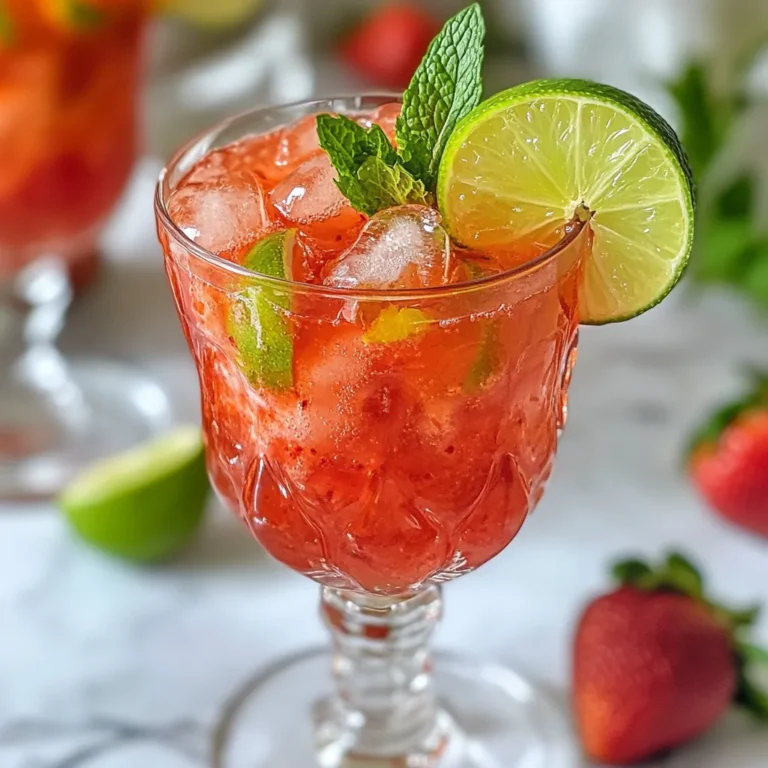 Für einen köstlichen Erdbeer-Limetten-Spritzer brauchen Sie einige frische Zutaten. Hier sind die Hauptzutaten: - 2 Tassen frische Erdbeeren, entstielt und halbiert - 1/2 Tasse Limettensaft (enthält etwa 4-5 Limetten) - 4 Tassen Sprudelwasser oder Club Soda - 1/4 Tasse Honig oder Agavendicksaft - Frische Minzblätter zur Garnitur - Eiswürfel Diese Zutaten sorgen für einen fruchtigen und spritzigen Geschmack. Manchmal möchten Sie eine andere Süße ausprobieren. Hier sind einige Alternativen: - Ahornsirup: Er ist natürlich und hat einen einzigartigen Geschmack. - Kokosblütenzucker: Dieser Zucker hat einen milden Geschmack und ist gesund. - Stevia: Eine kalorienfreie Option für eine süße Note. Wählen Sie Ihre Lieblingssüße, um den Spritzer anzupassen. Erdbeeren sind das Herzstück dieses Getränks. Um die besten zu wählen, beachten Sie diese Tipps: - Wählen Sie tiefrote Erdbeeren. Sie sind am süßesten. - Achten Sie auf feste Beeren. Vermeiden Sie matschige oder beschädigte Früchte. - Riechen Sie an den Erdbeeren. Ein süßer Duft zeigt Frische an. Mit diesen Tipps finden Sie die perfekten Erdbeeren für Ihren Spritzer. {{ingredient_image_2}} Zuerst wasche ich die Erdbeeren gut. Ich entferne die grünen Blätter und halbiere sie. Dann gebe ich die Erdbeeren in einen Mixer. Diese frischen Erdbeeren sind der Hauptgeschmacksträger. Ich füge 1/4 Tasse Honig oder Agavendicksaft in den Mixer hinzu. Danach püriere ich alles, bis es glatt ist. Du kannst auch einige Stücke lassen, wenn du magst. In einem großen Krug mische ich das Erdbeerpüree mit 1/2 Tasse Limettensaft. Das gibt dem Getränk eine frische Note. Jetzt gieße ich langsam 4 Tassen Sprudelwasser dazu. Ich rühre vorsichtig um, damit die Spritzigkeit bleibt. Es ist wichtig, die Mischung zu probieren. So kann ich die Süße nach Bedarf anpassen. Ich fülle Gläser mit Eiswürfeln. Dann gieße ich den Erdbeer-Limetten-Mix darüber. Als letzten Schliff garniere ich jedes Glas mit frischen Minzblättern und einer Limettenscheibe. Das sieht nicht nur schön aus, sondern macht den Drink auch noch frischer. Die Süße ist wichtig für den Erdbeer-Limetten-Spritzer. Ich empfehle, mit etwas Honig zu starten. Mixe ihn mit den Erdbeeren. Probiere die Mischung und passe die Süße an. Füge mehr Honig hinzu, wenn du es süßer magst. Agavendicksaft ist auch eine gute Wahl. Er hat einen milden Geschmack und löst sich leicht auf. Um Überschäumung zu vermeiden, füge das Sprudelwasser langsam hinzu. Gieße es vorsichtig in den Krug. Rühre dann sanft um. Dadurch bleibt die Spritzigkeit erhalten. Wenn du zu stark rührst, entsteht viel Schaum. Das kann deinen Drink weniger appetitlich machen. Für besondere Anlässe kannst du kreativ sein. Verwende schöne Gläser oder sogar Gläser mit Strohhalmen. Garniere die Drinks mit frischen Minzblättern. Eine Limettenscheibe am Rand sieht toll aus. Du kannst auch Erdbeerscheiben auf den Rand stecken. Das macht den Spritzer noch einladender. Pro Tips Frische Erdbeeren wählen: Achten Sie darauf, reife und saftige Erdbeeren zu verwenden, um den besten Geschmack zu erzielen. Die Farbe sollte leuchtend rot sein und die Beeren sollten fest, aber nicht zu hart sein. Limettensaft frisch pressen: Verwenden Sie frischen Limettensaft für ein intensiveres Aroma. Das Aroma von frisch gepressten Zitrusfrüchten hebt das gesamte Getränk auf ein neues Level. Sprudelwasser vorsichtig hinzufügen: Gießen Sie das Sprudelwasser langsam und rühren Sie vorsichtig um, um die Kohlensäure zu bewahren. Zu kräftiges Rühren kann die Spritzigkeit des Getränks mindern. Garnitur kreativ gestalten: Experimentieren Sie mit verschiedenen Garnituren wie Limettenscheiben, frischen Minzblättern oder sogar essbaren Blüten, um das Getränk optisch ansprechend zu machen und zusätzliche Aromen hinzuzufügen. {{image_4}} Um einen spritzigen Kick hinzuzufügen, probiere diesen Spritzer mit Sekt. Füge einfach eine Flasche Sekt zu deinem Erdbeer-Limetten-Mix hinzu. Das gibt dem Getränk mehr Tiefe und prickelnde Freude. Um es noch besser zu machen, wähle einen trockenen Sekt. So bleibt die Balance zwischen Süße und Säure perfekt. Du kannst den Erdbeer-Limetten-Spritzer leicht verändern. Verwende statt Erdbeeren Himbeeren oder Blaubeeren. Mische auch verschiedene Beeren für eine bunte Mischung. Diese Variationen bringen frische Aromen in dein Getränk. Denk daran, die Beeren gut zu pürieren, um die besten Ergebnisse zu erzielen. Für eine kalorienärmere Variante kannst du Zuckeralternativen verwenden. Süßstoffe wie Stevia oder Erythrit sind gute Optionen. Du kannst auch den Honig oder Agavendicksaft ganz weglassen. Das Getränk bleibt frisch und lecker. Achte darauf, frisch gepressten Limettensaft zu nutzen, um den Geschmack nicht zu verlieren. Wenn Sie Reste des Erdbeer-Limetten-Spritzers haben, lagern Sie diese in einem festen Behälter. Ein luftdichter Krug ist ideal. Stellen Sie sicher, dass der Behälter sauber ist. So bleibt der Geschmack frisch. Lagern Sie den Spritzer im Kühlschrank. Verbrauchen Sie die Reste innerhalb von zwei Tagen für den besten Geschmack. Der Erdbeer-Limetten-Spritzer hält sich im Kühlschrank etwa zwei Tage. Nach dieser Zeit kann die Frische nachlassen. Die Spritzigkeit des Wassers vermindert sich. Wenn Sie ihn länger aufbewahren, wird der Geschmack weniger intensiv. Achten Sie darauf, vor dem Trinken zu riechen und zu probieren. So stellen Sie sicher, dass es noch gut ist. Wenn Sie diesen Drink für eine Feier vorbereiten, können Sie die Erdbeeren und den Limettensaft im Voraus mischen. Machen Sie das am selben Tag, an dem Sie den Spritzer servieren. Fügen Sie das Sprudelwasser erst kurz vor dem Servieren hinzu. So bleibt der Spritzer spritzig und frisch. Garnieren Sie die Gläser mit Minze und Limettenscheiben, bevor Sie sie servieren. Ja, gefrorene Erdbeeren sind eine gute Wahl. Sie bieten einen tollen Geschmack. Achten Sie darauf, die Erdbeeren vorher auftauen zu lassen. So wird das Püree schön glatt. Wenn Sie gefrorene Erdbeeren nutzen, fügen Sie weniger Eis hinzu. So bleibt der Drink erfrischend. Limettensaft ist frisch gepresst und hat einen sauren Geschmack. Limettensirup enthält Zucker und ist süßer. Verwenden Sie Limettensaft für einen frischen Kick. Limettensirup kann die Süße erhöhen. Passen Sie die Menge je nach Geschmack an. Um den Erdbeer-Limetten-Spritzer ohne Zucker zu machen, nutzen Sie frische Früchte. Statt Honig oder Sirup können Sie Stevia oder Erythrit verwenden. Diese Süßstoffe sind kalorienarm. Mischen Sie die Zutaten wie im Rezept. So bleibt der Spritzer leicht und erfrischend. Der Erdbeer-Limetten-Spritzer ist erfrischend und einfach zuzubereiten. Wir haben die besten Zutaten, Tipps zur Zubereitung und passende Variationen besprochen. Denken Sie daran, die Süße nach Ihrem Geschmack anzupassen und Ihr Getränk schön zu präsentieren. Dieser Spritzer ist nicht nur ein Hit auf Partys, sondern auch gesund und vielseitig. Nutzen Sie die Reste klug und bereiten Sie im Voraus vor. Jetzt sind Sie bereit, diesen leckeren Spritzer selbst zu machen! Probieren Sie es aus und genießen Sie den erfrischenden Geschmack.