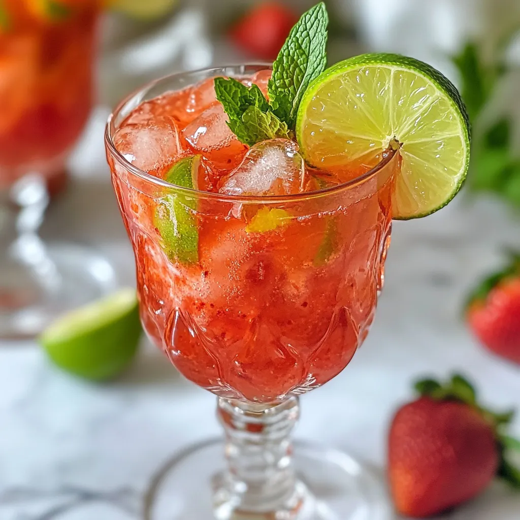 Für einen köstlichen Erdbeer-Limetten-Spritzer brauchen Sie einige frische Zutaten. Hier sind die Hauptzutaten: - 2 Tassen frische Erdbeeren, entstielt und halbiert - 1/2 Tasse Limettensaft (enthält etwa 4-5 Limetten) - 4 Tassen Sprudelwasser oder Club Soda - 1/4 Tasse Honig oder Agavendicksaft - Frische Minzblätter zur Garnitur - Eiswürfel Diese Zutaten sorgen für einen fruchtigen und spritzigen Geschmack. Manchmal möchten Sie eine andere Süße ausprobieren. Hier sind einige Alternativen: - Ahornsirup: Er ist natürlich und hat einen einzigartigen Geschmack. - Kokosblütenzucker: Dieser Zucker hat einen milden Geschmack und ist gesund. - Stevia: Eine kalorienfreie Option für eine süße Note. Wählen Sie Ihre Lieblingssüße, um den Spritzer anzupassen. Erdbeeren sind das Herzstück dieses Getränks. Um die besten zu wählen, beachten Sie diese Tipps: - Wählen Sie tiefrote Erdbeeren. Sie sind am süßesten. - Achten Sie auf feste Beeren. Vermeiden Sie matschige oder beschädigte Früchte. - Riechen Sie an den Erdbeeren. Ein süßer Duft zeigt Frische an. Mit diesen Tipps finden Sie die perfekten Erdbeeren für Ihren Spritzer. {{ingredient_image_2}} Zuerst wasche ich die Erdbeeren gut. Ich entferne die grünen Blätter und halbiere sie. Dann gebe ich die Erdbeeren in einen Mixer. Diese frischen Erdbeeren sind der Hauptgeschmacksträger. Ich füge 1/4 Tasse Honig oder Agavendicksaft in den Mixer hinzu. Danach püriere ich alles, bis es glatt ist. Du kannst auch einige Stücke lassen, wenn du magst. In einem großen Krug mische ich das Erdbeerpüree mit 1/2 Tasse Limettensaft. Das gibt dem Getränk eine frische Note. Jetzt gieße ich langsam 4 Tassen Sprudelwasser dazu. Ich rühre vorsichtig um, damit die Spritzigkeit bleibt. Es ist wichtig, die Mischung zu probieren. So kann ich die Süße nach Bedarf anpassen. Ich fülle Gläser mit Eiswürfeln. Dann gieße ich den Erdbeer-Limetten-Mix darüber. Als letzten Schliff garniere ich jedes Glas mit frischen Minzblättern und einer Limettenscheibe. Das sieht nicht nur schön aus, sondern macht den Drink auch noch frischer. Die Süße ist wichtig für den Erdbeer-Limetten-Spritzer. Ich empfehle, mit etwas Honig zu starten. Mixe ihn mit den Erdbeeren. Probiere die Mischung und passe die Süße an. Füge mehr Honig hinzu, wenn du es süßer magst. Agavendicksaft ist auch eine gute Wahl. Er hat einen milden Geschmack und löst sich leicht auf. Um Überschäumung zu vermeiden, füge das Sprudelwasser langsam hinzu. Gieße es vorsichtig in den Krug. Rühre dann sanft um. Dadurch bleibt die Spritzigkeit erhalten. Wenn du zu stark rührst, entsteht viel Schaum. Das kann deinen Drink weniger appetitlich machen. Für besondere Anlässe kannst du kreativ sein. Verwende schöne Gläser oder sogar Gläser mit Strohhalmen. Garniere die Drinks mit frischen Minzblättern. Eine Limettenscheibe am Rand sieht toll aus. Du kannst auch Erdbeerscheiben auf den Rand stecken. Das macht den Spritzer noch einladender. Pro Tips Frische Erdbeeren wählen: Achten Sie darauf, reife und saftige Erdbeeren zu verwenden, um den besten Geschmack zu erzielen. Die Farbe sollte leuchtend rot sein und die Beeren sollten fest, aber nicht zu hart sein. Limettensaft frisch pressen: Verwenden Sie frischen Limettensaft für ein intensiveres Aroma. Das Aroma von frisch gepressten Zitrusfrüchten hebt das gesamte Getränk auf ein neues Level. Sprudelwasser vorsichtig hinzufügen: Gießen Sie das Sprudelwasser langsam und rühren Sie vorsichtig um, um die Kohlensäure zu bewahren. Zu kräftiges Rühren kann die Spritzigkeit des Getränks mindern. Garnitur kreativ gestalten: Experimentieren Sie mit verschiedenen Garnituren wie Limettenscheiben, frischen Minzblättern oder sogar essbaren Blüten, um das Getränk optisch ansprechend zu machen und zusätzliche Aromen hinzuzufügen. {{image_4}} Um einen spritzigen Kick hinzuzufügen, probiere diesen Spritzer mit Sekt. Füge einfach eine Flasche Sekt zu deinem Erdbeer-Limetten-Mix hinzu. Das gibt dem Getränk mehr Tiefe und prickelnde Freude. Um es noch besser zu machen, wähle einen trockenen Sekt. So bleibt die Balance zwischen Süße und Säure perfekt. Du kannst den Erdbeer-Limetten-Spritzer leicht verändern. Verwende statt Erdbeeren Himbeeren oder Blaubeeren. Mische auch verschiedene Beeren für eine bunte Mischung. Diese Variationen bringen frische Aromen in dein Getränk. Denk daran, die Beeren gut zu pürieren, um die besten Ergebnisse zu erzielen. Für eine kalorienärmere Variante kannst du Zuckeralternativen verwenden. Süßstoffe wie Stevia oder Erythrit sind gute Optionen. Du kannst auch den Honig oder Agavendicksaft ganz weglassen. Das Getränk bleibt frisch und lecker. Achte darauf, frisch gepressten Limettensaft zu nutzen, um den Geschmack nicht zu verlieren. Wenn Sie Reste des Erdbeer-Limetten-Spritzers haben, lagern Sie diese in einem festen Behälter. Ein luftdichter Krug ist ideal. Stellen Sie sicher, dass der Behälter sauber ist. So bleibt der Geschmack frisch. Lagern Sie den Spritzer im Kühlschrank. Verbrauchen Sie die Reste innerhalb von zwei Tagen für den besten Geschmack. Der Erdbeer-Limetten-Spritzer hält sich im Kühlschrank etwa zwei Tage. Nach dieser Zeit kann die Frische nachlassen. Die Spritzigkeit des Wassers vermindert sich. Wenn Sie ihn länger aufbewahren, wird der Geschmack weniger intensiv. Achten Sie darauf, vor dem Trinken zu riechen und zu probieren. So stellen Sie sicher, dass es noch gut ist. Wenn Sie diesen Drink für eine Feier vorbereiten, können Sie die Erdbeeren und den Limettensaft im Voraus mischen. Machen Sie das am selben Tag, an dem Sie den Spritzer servieren. Fügen Sie das Sprudelwasser erst kurz vor dem Servieren hinzu. So bleibt der Spritzer spritzig und frisch. Garnieren Sie die Gläser mit Minze und Limettenscheiben, bevor Sie sie servieren. Ja, gefrorene Erdbeeren sind eine gute Wahl. Sie bieten einen tollen Geschmack. Achten Sie darauf, die Erdbeeren vorher auftauen zu lassen. So wird das Püree schön glatt. Wenn Sie gefrorene Erdbeeren nutzen, fügen Sie weniger Eis hinzu. So bleibt der Drink erfrischend. Limettensaft ist frisch gepresst und hat einen sauren Geschmack. Limettensirup enthält Zucker und ist süßer. Verwenden Sie Limettensaft für einen frischen Kick. Limettensirup kann die Süße erhöhen. Passen Sie die Menge je nach Geschmack an. Um den Erdbeer-Limetten-Spritzer ohne Zucker zu machen, nutzen Sie frische Früchte. Statt Honig oder Sirup können Sie Stevia oder Erythrit verwenden. Diese Süßstoffe sind kalorienarm. Mischen Sie die Zutaten wie im Rezept. So bleibt der Spritzer leicht und erfrischend. Der Erdbeer-Limetten-Spritzer ist erfrischend und einfach zuzubereiten. Wir haben die besten Zutaten, Tipps zur Zubereitung und passende Variationen besprochen. Denken Sie daran, die Süße nach Ihrem Geschmack anzupassen und Ihr Getränk schön zu präsentieren. Dieser Spritzer ist nicht nur ein Hit auf Partys, sondern auch gesund und vielseitig. Nutzen Sie die Reste klug und bereiten Sie im Voraus vor. Jetzt sind Sie bereit, diesen leckeren Spritzer selbst zu machen! Probieren Sie es aus und genießen Sie den erfrischenden Geschmack.