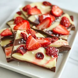 - 1 Tasse Zartbitterschokoladenstückchen - 1 Tasse weiße Schokoladenstückchen - 1 Tasse gefriergetrocknete Erdbeeren - 1 Esslöffel Kokosöl - Meersalz (optional) - Frische Erdbeeren, in Scheiben geschnitten Die Zartbitterschokoladenstückchen geben der Bark eine reiche, tiefe Schokoladennote. Sie sind der Hauptgeschmacksträger. Die weißen Schokoladenstückchen sorgen für einen schönen Kontrast und eine süße Note. Kokosöl hilft, die Schokolade geschmeidig zu machen. Es gibt der Bark auch einen leichten Kokosgeschmack. Gefriergetrocknete Erdbeeren fügen eine fruchtige Textur und einen knusprigen Biss hinzu. Sie bringen Farbe und Frische in jedes Stück. Das Meersalz verstärkt den Geschmack und sorgt für einen interessanten Kontrast zur Süße. Du kannst auch Vollmilchschokolade statt Zartbitter verwenden. Wenn du keine gefriergetrockneten Erdbeeren hast, sind getrocknete Erdbeeren eine gute Wahl. Für eine vegane Option nimm vegane Schokolade und Kokosöl. Wenn du den Kokosgeschmack nicht magst, kannst du auch Pflanzenöl verwenden. {{ingredient_image_2}} Lege ein Backblech mit Backpapier aus. Das verhindert, dass die Schokolade anklebt. Du kannst auch ein Backblech mit Silikon verwenden. Achte darauf, dass das Papier glatt ist. So bleibt die Oberfläche schön. Nehme eine mikrowellengeeignete Schüssel. Füge die Zartbitterschokoladenstückchen und 1/2 Esslöffel Kokosöl hinzu. Erhitze die Mischung in der Mikrowelle. Mache das in 30-Sekunden-Intervallen. Rühre zwischen den Intervallen um. So wird die Schokolade gleichmäßig und glatt. In einer separaten Schüssel schmelze die weißen Schokoladenstückchen. Benutze den restlichen Kokosöl. Wiederhole den gleichen Prozess wie bei der dunklen Schokolade. Achte darauf, dass die weiße Schokolade nicht anbrennt. Gieße die geschmolzene Zartbitterschokolade auf das Backblech. Verteile sie gleichmäßig mit einem Spatel. Träufle die weiße Schokolade in einem Zickzack-Muster darüber. Verwende einen Zahnstocher, um die beiden Schokoladen leicht zu vermischen. Streue die gefriergetrockneten Erdbeeren gleichmäßig darüber. Drücke sie sanft hinein. Optional, bestreue die Bark mit einer Prise Meersalz. Dekoriere die Oberfläche mit frischen Erdbeeren. Stelle das Backblech für etwa 1 Stunde in den Kühlschrank. Wenn die Schokolade fest ist, brich die Bark in Stücke und serviere sie. Um die perfekte Konsistenz für deine Schokoladenbark zu bekommen, schmelze die Schokolade langsam. Benutze die Mikrowelle in 30-Sekunden-Intervallen. Rühre nach jedem Intervall um. So vermeidest du Klumpen und Überhitzung. Wenn die Schokolade glatt ist, kannst du sie gleichmäßig auf das Backblech gießen. Das Kokosöl hilft, die Schokolade flüssiger zu machen. Achte darauf, nicht zu viel Kokosöl zu verwenden. Ein Esslöffel reicht völlig aus. Die Wahl des Schokoladentyps ist wichtig. Zartbitter bringt einen tiefen, reichen Geschmack. Die weiße Schokolade fügt eine süße Note hinzu und sorgt für einen tollen Kontrast. Du kannst auch Milchschokolade verwenden, wenn du es süßer magst. Achte darauf, dass die Schokolade von guter Qualität ist. Hochwertige Schokolade schmilzt besser und schmeckt intensiver. Ein häufiger Fehler ist das Überhitzen der Schokolade. Wenn die Schokolade zu heiß wird, wird sie klumpig und unbrauchbar. Halte die Temperaturen niedrig. Ein weiterer Fehler ist das ungenaue Messen der Zutaten. Verwende eine Tasse für die Schokolade und einen Esslöffel für das Kokosöl. So hast du die richtige Menge. Achte auch darauf, die gefriergetrockneten Erdbeeren gut in die Schokolade zu drücken, damit sie festhalten. Pro Tipps Schokolade temperieren: Temperiere die Schokolade, um eine glänzende Oberfläche zu erzielen und das Schmelzen zu verhindern. Frische Erdbeeren: Verwende frische Erdbeeren, um zusätzlichen Geschmack und eine ansprechende Präsentation zu erreichen. Variationen ausprobieren: Experimentiere mit anderen gefriergetrockneten Früchten wie Himbeeren oder Bananen für unterschiedliche Geschmacksrichtungen. Geschenke verpacken: Teile die Bark in Stücke und verpacke sie schön, um sie als Geschenk zu verwenden oder bei Partys zu servieren. {{image_4}} Du kannst viele Zutaten hinzufügen, um deine Schokoladenbark zu variieren. Hier sind einige Ideen: - Nüsse: Mandeln, Walnüsse oder Haselnüsse geben einen tollen Crunch. - Trockenfrüchte: Cranberries, Aprikosen oder Bananenstückchen passen gut. - Kekskrümel: Zerkleinerte Kekse fügen eine süße Note hinzu. - Kokosraspeln: Diese verleihen einen tropischen Geschmack. Experimentiere und finde heraus, welche Kombination dir am besten schmeckt! Die Wahl der Schokolade ist wichtig. Du kannst verschiedene Sorten verwenden, um den Geschmack zu verändern: - Vollmilchschokolade: Sie ist süß und cremig. - Weiße Schokolade: Diese ist sehr süß und passt gut zu fruchtigen Toppings. - Zartbitterschokolade: Sie hat einen intensiven Geschmack und ist weniger süß. Mische verschiedene Schokoladen für eine interessante Textur und geschmackliche Tiefe. Die Schokoladenbark kann leicht glutenfrei und vegan gemacht werden. Hier sind einige Tipps: - Verwende glutenfreie Schokolade: Achte darauf, dass die Schokolade kein Gluten enthält. - Ersetze Kokosöl durch pflanzliches Öl: Zum Beispiel Sonnenblumenöl oder Rapsöl. - Nutze vegane Schokolade: Es gibt viele Marken, die leckere vegane Schokoladen anbieten. So kannst du die Bark genießen, egal welche Diät du befolgst! Um die Schokoladenüberzogene Erdbeerbark frisch zu halten, lege sie in einen luftdichten Behälter. Dies schützt sie vor Feuchtigkeit und Gerüchen aus dem Kühlschrank. Ich verwende oft eine Plastikbox oder einen Glasbehälter mit Deckel. So bleibt die Bark knusprig und lecker. Die Schokoladenbark hält sich im Kühlschrank etwa zwei Wochen. Achte darauf, sie gut verpackt zu lagern. Wenn du sie im Gefrierfach aufbewahrst, bleibt sie bis zu drei Monate frisch. Das ist perfekt, wenn du sie auf Vorrat machen möchtest. - Kühlschrank: Stelle die Bark in den Kühlschrank, wenn sie fest ist. Verwende einen luftdichten Behälter oder decke sie mit Frischhaltefolie ab. So bleibt sie frisch und schmackhaft. - Gefrierfach: Für längere Lagerung wickel die Bark in Frischhaltefolie ein. Dann lege sie in einen Gefrierbeutel. Vergiss nicht, das Datum darauf zu schreiben. So weißt du, wie lange sie schon drin ist. Mit diesen Tipps bleibt deine Schokoladenüberzogene Erdbeerbark immer köstlich und bereit zum Genießen! Die Bark benötigt etwa 1 Stunde im Kühlschrank, um fest zu werden. Es ist wichtig, die Schokolade vollständig aushärten zu lassen. Wenn du die Bark länger im Kühlschrank lässt, wird sie noch fester. Ja, du kannst die Bark mit vielen verschiedenen Früchten machen. Probiere zum Beispiel gefriergetrocknete Himbeeren oder Mango. Frische Früchte wie Bananen oder Äpfel funktionieren auch gut, aber sie sollten schnell gegessen werden. Die Schokoladenbark bleibt in einem luftdichten Behälter bis zu zwei Wochen frisch. Lagere sie kühl und trocken, um die beste Textur zu erhalten. Wenn du sie länger aufbewahren möchtest, kannst du sie auch einfrieren. Ja, du kannst die Bark im Voraus machen. Bereite sie einfach einige Tage vorher zu. Lass sie gut aushärten und lagere sie dann im Kühlschrank. So hast du einen leckeren Snack bereit, wann immer du ihn brauchst. Die Schokoladenbark ist einfach und macht Spaß. Wir haben die Zutaten, die Anleitung und Tipps behandelt. Du weißt jetzt, wie du die perfekte Konsistenz erreicht. Variationen mit verschiedenen Schokoladensorten und Toppings machen das Rezept spannend. Achte auf die Lagerung, zodat die Bark frisch bleibt. Mit diesen Informationen bist du bereit, deine eigene Schokoladenbark zu kreieren. Viel Freude beim Ausprobieren!