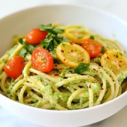 - 340 g Spaghetti oder Linguine - 2 reife Avocados, entsteint und geschält - 120 g frische Korianderblätter - 60 g geriebener Parmesan oder Nährhefe Die Hauptzutaten sind einfach und frisch. Spaghetti oder Linguine geben der Pasta Struktur. Reife Avocados sorgen für eine cremige Sauce. Koriander bringt frische Aromen. Parmesan oder Nährhefe fügen einen herzhaften Geschmack hinzu. - 30 ml Limettensaft - 2 Knoblauchzehen, fein gehackt - 5 ml Olivenöl Limettensaft bringt einen spritzigen Kick. Knoblauch fügt Tiefe hinzu. Olivenöl macht die Sauce geschmeidig. Diese Zutaten sind leicht zu finden und wichtig für den Geschmack. - Salz und Pfeffer - Kirschtomaten, halbiert - Rote Pfefferflocken Salz und Pfeffer sind die Grundgewürze für jedes Gericht. Kirschtomaten fügen eine süße Note hinzu und bringen Farbe. Rote Pfefferflocken geben der Pasta einen leichten Kick. Mit diesen Gewürzen wird das Gericht lebendig. {{ingredient_image_2}} Um die Pasta perfekt zu kochen, bringe einen großen Topf mit gesalzenem Wasser zum Kochen. Füge die Spaghetti oder Linguine hinzu. Koche sie gemäß der Packungsanleitung. Für Al Dente sollte die Pasta bissfest sein. Dies dauert meist 8 bis 10 Minuten. Bevor du die Pasta abgießt, hebe 120 ml vom Kochwasser auf. Das hilft später, die Sauce zu verdünnen. Für die Avocado-Sauce benutze eine Küchenmaschine. Gib die geschälten Avocados, frischen Koriander, Parmesan, Limettensaft, Knoblauch und Olivenöl hinein. Püriere alles gut, bis eine glatte Masse entsteht. Wenn die Sauce zu dick ist, füge nach und nach etwas vom aufbewahrten Pasta-Wasser hinzu. So erreichst du die perfekte Konsistenz. In einer großen Schüssel vermischst du die abgetropfte Pasta mit der Avocado-Sauce. Rühre vorsichtig um, damit die Pasta gleichmäßig beschichtet wird. Wenn die Sauce zu dick bleibt, kannst du mehr vom reservierten Kochwasser hinzufügen. So wird die Textur cremiger und angenehmer. Um die Sauce perfekt zu machen, verwende immer etwas vom Kochwasser. Es hilft, die Sauce cremig zu halten. Wenn die Sauce zu dick ist, füge nach und nach das Wasser hinzu. So erreichst du die gewünschte Konsistenz. Achte darauf, nicht zu viel hinzuzufügen. Ein wenig reicht oft schon! Die Wahl der Avocado ist wichtig. Suche nach reifen, grünen Avocados. Sie sollten leicht auf Druck nachgeben. So sind sie frisch und geschmackvoll. Vermeide schwarze oder harte Avocados. Frische Avocados bringen den besten Geschmack in die Sauce. Präsentiere die Pasta schön, um den Genuss zu steigern. Verwende große, flache Schalen. Die grünen Farben der Avocado und Koriander kommen so gut zur Geltung. Garniere die Pasta mit halbierten Kirschtomaten und etwas frischem Koriander. Für einen extra Kick füge rote Pfefferflocken hinzu. So wird das Gericht nicht nur lecker, sondern auch ansprechend! Pro Tipps Avocados richtig auswählen: Wählen Sie reife Avocados, die leicht auf Druck nachgeben, um eine cremige Sauce zu gewährleisten. Pasta al dente kochen: Kochen Sie die Pasta nur bis sie al dente ist, um eine bessere Textur und ein optimales Geschmackserlebnis zu erzielen. Frische Kräuter verwenden: Nutzen Sie frischen Koriander für das beste Aroma und die volle Geschmacksentfaltung in der Sauce. Vorsichtig würzen: Fügen Sie Salz und Pfeffer schrittweise hinzu, um die perfekte Balance der Aromen zu erreichen, ohne den Geschmack zu überdecken. {{image_4}} Für die vegane Version meiner Avocado-Cilantro-Lime-Pasta verwende ich Nährhefe anstelle von Parmesan. Nährhefe hat einen tollen, käsigen Geschmack. Sie ist auch reich an B-Vitaminen. Um die Sauce cremig zu halten, achte darauf, die Konsistenz mit Pasta-Wasser anzupassen. Das macht die Sauce leicht und lecker, ohne tierische Produkte. Du kannst die Pasta leicht anpassen. Füge Hühnchen oder Gemüse hinzu, um mehr Geschmack zu bekommen. Gegrilltes Hühnchen passt gut zur Avocado-Sauce. Für Gemüse kannst du Zucchini oder Paprika verwenden. Einfach in kleine Stücke schneiden und kurz anbraten. Das bringt frische Farben und mehr Nährstoffe in das Gericht. Für schärfere Optionen kannst du verschiedene Chilis oder scharfe Saucen verwenden. Frische Jalapeños oder Serrano-Chilis bringen einen würzigen Kick. Wenn du es wirklich heiß magst, probiere Habaneros. Auch rote Pfefferflocken sind eine schnelle Lösung. Streue sie einfach über die fertige Pasta. So kannst du den Schärfegrad nach deinem Geschmack anpassen. Bewahren Sie die Reste der Avocado-Cilantro-Lime-Pasta in einem luftdichten Behälter auf. Im Kühlschrank hält sie sich etwa 2 bis 3 Tage. Achten Sie darauf, die Reste schnell zu kühlen, um die Frische zu erhalten. Um Oxidation zu vermeiden, decken Sie die Pasta gut ab. Eine Schicht Olivenöl kann helfen, die Farbe zu bewahren. Falls Sie die Pasta länger aufbewahren möchten, können Sie sie einfrieren. Teilen Sie die Pasta in Portionen auf und legen Sie sie in gefriergeeignete Behälter oder Beutel. Die Avocado-Sauce friert nicht so gut ein, da sie ihre Textur verlieren kann. Daher ist es am besten, die Sauce frisch zuzubereiten, wenn Sie die Pasta auftauen. Um die Pasta wieder aufzuwärmen, nutzen Sie einen Topf oder die Mikrowelle. Fügen Sie ein wenig Wasser hinzu, um die Pasta feucht zu halten. Bei niedriger Hitze in einem Topf erwärmen, bis sie warm ist. In der Mikrowelle sollten Sie die Pasta in kurzen Intervallen erhitzen und zwischendurch umrühren. So bleibt die Pasta cremig und lecker. Avocado-Cilantro-Lime-Pasta bleibt im Kühlschrank etwa 2 bis 3 Tage frisch. Um Oxidation zu vermeiden, decke die Pasta gut ab. Eine luftdichte Box ist ideal. Du kannst auch etwas Limettensaft über die Pasta geben. Das hilft, die grüne Farbe der Avocado zu erhalten. Ja, du kannst die Pasta im Voraus zubereiten. Koche die Pasta und bereite die Sauce vor. Lagere die beiden Teile getrennt im Kühlschrank. So bleibt die Pasta al dente. Mische sie kurz vor dem Servieren. Füge eventuell etwas Kochwasser hinzu, um die Sauce cremiger zu machen. Ja, du kannst andere Kräuter verwenden. Petersilie oder Basilikum sind gute Alternativen. Petersilie hat einen milden Geschmack, während Basilikum süßlich ist. Diese Kräuter geben der Pasta einen neuen Twist. Experimentiere mit verschiedenen Kräutern, um deinen perfekten Geschmack zu finden. Die Avocado-Cilantro-Lime-Pasta ist einfach zuzubereiten und macht wirklich Freude. Wir haben die Haupt- und zusätzlichen Zutaten sowie die idealen Gewürze besprochen. Ich habe auch eine Schritt-für-Schritt-Anleitung gegeben, um sicherzustellen, dass deine Pasta perfekt wird. Ebenfalls wichtig sind die Tipps für die Konsistenz und das Anrichten. Denke daran, deine Reste richtig zu lagern. Probiere auch Variationen aus, um das Gericht zu verändern. Mit diesen Ideen machst du deine Pasta zum Highlight jeder Mahlzeit. Viel Spaß beim Kochen!