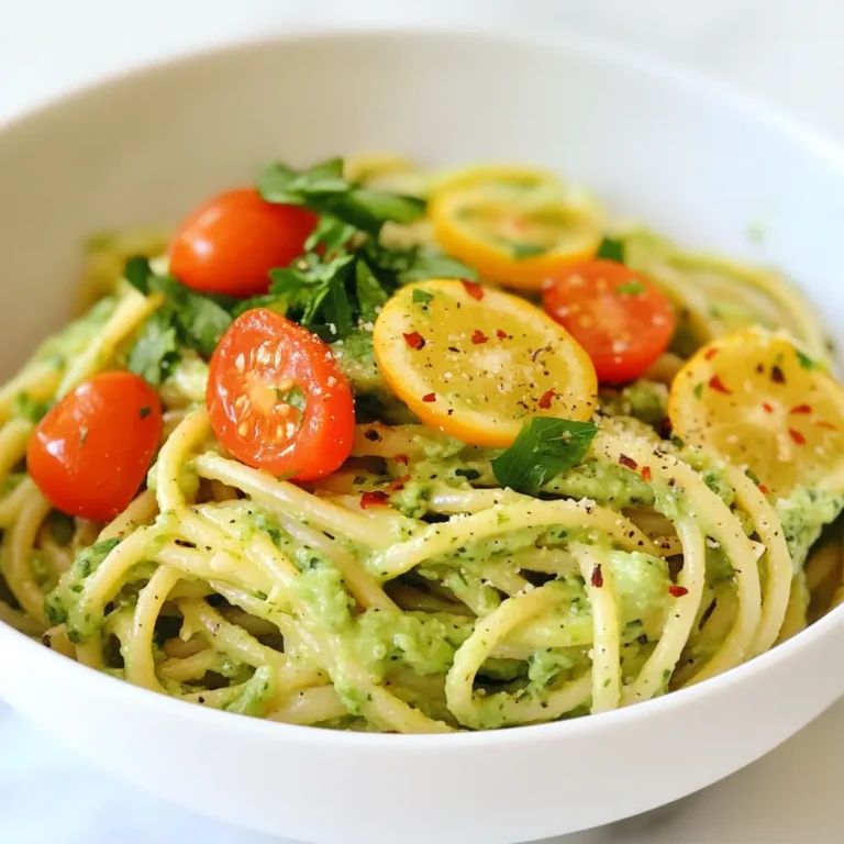- 340 g Spaghetti oder Linguine - 2 reife Avocados, entsteint und geschält - 120 g frische Korianderblätter - 60 g geriebener Parmesan oder Nährhefe Die Hauptzutaten sind einfach und frisch. Spaghetti oder Linguine geben der Pasta Struktur. Reife Avocados sorgen für eine cremige Sauce. Koriander bringt frische Aromen. Parmesan oder Nährhefe fügen einen herzhaften Geschmack hinzu. - 30 ml Limettensaft - 2 Knoblauchzehen, fein gehackt - 5 ml Olivenöl Limettensaft bringt einen spritzigen Kick. Knoblauch fügt Tiefe hinzu. Olivenöl macht die Sauce geschmeidig. Diese Zutaten sind leicht zu finden und wichtig für den Geschmack. - Salz und Pfeffer - Kirschtomaten, halbiert - Rote Pfefferflocken Salz und Pfeffer sind die Grundgewürze für jedes Gericht. Kirschtomaten fügen eine süße Note hinzu und bringen Farbe. Rote Pfefferflocken geben der Pasta einen leichten Kick. Mit diesen Gewürzen wird das Gericht lebendig. {{ingredient_image_2}} Um die Pasta perfekt zu kochen, bringe einen großen Topf mit gesalzenem Wasser zum Kochen. Füge die Spaghetti oder Linguine hinzu. Koche sie gemäß der Packungsanleitung. Für Al Dente sollte die Pasta bissfest sein. Dies dauert meist 8 bis 10 Minuten. Bevor du die Pasta abgießt, hebe 120 ml vom Kochwasser auf. Das hilft später, die Sauce zu verdünnen. Für die Avocado-Sauce benutze eine Küchenmaschine. Gib die geschälten Avocados, frischen Koriander, Parmesan, Limettensaft, Knoblauch und Olivenöl hinein. Püriere alles gut, bis eine glatte Masse entsteht. Wenn die Sauce zu dick ist, füge nach und nach etwas vom aufbewahrten Pasta-Wasser hinzu. So erreichst du die perfekte Konsistenz. In einer großen Schüssel vermischst du die abgetropfte Pasta mit der Avocado-Sauce. Rühre vorsichtig um, damit die Pasta gleichmäßig beschichtet wird. Wenn die Sauce zu dick bleibt, kannst du mehr vom reservierten Kochwasser hinzufügen. So wird die Textur cremiger und angenehmer. Um die Sauce perfekt zu machen, verwende immer etwas vom Kochwasser. Es hilft, die Sauce cremig zu halten. Wenn die Sauce zu dick ist, füge nach und nach das Wasser hinzu. So erreichst du die gewünschte Konsistenz. Achte darauf, nicht zu viel hinzuzufügen. Ein wenig reicht oft schon! Die Wahl der Avocado ist wichtig. Suche nach reifen, grünen Avocados. Sie sollten leicht auf Druck nachgeben. So sind sie frisch und geschmackvoll. Vermeide schwarze oder harte Avocados. Frische Avocados bringen den besten Geschmack in die Sauce. Präsentiere die Pasta schön, um den Genuss zu steigern. Verwende große, flache Schalen. Die grünen Farben der Avocado und Koriander kommen so gut zur Geltung. Garniere die Pasta mit halbierten Kirschtomaten und etwas frischem Koriander. Für einen extra Kick füge rote Pfefferflocken hinzu. So wird das Gericht nicht nur lecker, sondern auch ansprechend! Pro Tipps Avocados richtig auswählen: Wählen Sie reife Avocados, die leicht auf Druck nachgeben, um eine cremige Sauce zu gewährleisten. Pasta al dente kochen: Kochen Sie die Pasta nur bis sie al dente ist, um eine bessere Textur und ein optimales Geschmackserlebnis zu erzielen. Frische Kräuter verwenden: Nutzen Sie frischen Koriander für das beste Aroma und die volle Geschmacksentfaltung in der Sauce. Vorsichtig würzen: Fügen Sie Salz und Pfeffer schrittweise hinzu, um die perfekte Balance der Aromen zu erreichen, ohne den Geschmack zu überdecken. {{image_4}} Für die vegane Version meiner Avocado-Cilantro-Lime-Pasta verwende ich Nährhefe anstelle von Parmesan. Nährhefe hat einen tollen, käsigen Geschmack. Sie ist auch reich an B-Vitaminen. Um die Sauce cremig zu halten, achte darauf, die Konsistenz mit Pasta-Wasser anzupassen. Das macht die Sauce leicht und lecker, ohne tierische Produkte. Du kannst die Pasta leicht anpassen. Füge Hühnchen oder Gemüse hinzu, um mehr Geschmack zu bekommen. Gegrilltes Hühnchen passt gut zur Avocado-Sauce. Für Gemüse kannst du Zucchini oder Paprika verwenden. Einfach in kleine Stücke schneiden und kurz anbraten. Das bringt frische Farben und mehr Nährstoffe in das Gericht. Für schärfere Optionen kannst du verschiedene Chilis oder scharfe Saucen verwenden. Frische Jalapeños oder Serrano-Chilis bringen einen würzigen Kick. Wenn du es wirklich heiß magst, probiere Habaneros. Auch rote Pfefferflocken sind eine schnelle Lösung. Streue sie einfach über die fertige Pasta. So kannst du den Schärfegrad nach deinem Geschmack anpassen. Bewahren Sie die Reste der Avocado-Cilantro-Lime-Pasta in einem luftdichten Behälter auf. Im Kühlschrank hält sie sich etwa 2 bis 3 Tage. Achten Sie darauf, die Reste schnell zu kühlen, um die Frische zu erhalten. Um Oxidation zu vermeiden, decken Sie die Pasta gut ab. Eine Schicht Olivenöl kann helfen, die Farbe zu bewahren. Falls Sie die Pasta länger aufbewahren möchten, können Sie sie einfrieren. Teilen Sie die Pasta in Portionen auf und legen Sie sie in gefriergeeignete Behälter oder Beutel. Die Avocado-Sauce friert nicht so gut ein, da sie ihre Textur verlieren kann. Daher ist es am besten, die Sauce frisch zuzubereiten, wenn Sie die Pasta auftauen. Um die Pasta wieder aufzuwärmen, nutzen Sie einen Topf oder die Mikrowelle. Fügen Sie ein wenig Wasser hinzu, um die Pasta feucht zu halten. Bei niedriger Hitze in einem Topf erwärmen, bis sie warm ist. In der Mikrowelle sollten Sie die Pasta in kurzen Intervallen erhitzen und zwischendurch umrühren. So bleibt die Pasta cremig und lecker. Avocado-Cilantro-Lime-Pasta bleibt im Kühlschrank etwa 2 bis 3 Tage frisch. Um Oxidation zu vermeiden, decke die Pasta gut ab. Eine luftdichte Box ist ideal. Du kannst auch etwas Limettensaft über die Pasta geben. Das hilft, die grüne Farbe der Avocado zu erhalten. Ja, du kannst die Pasta im Voraus zubereiten. Koche die Pasta und bereite die Sauce vor. Lagere die beiden Teile getrennt im Kühlschrank. So bleibt die Pasta al dente. Mische sie kurz vor dem Servieren. Füge eventuell etwas Kochwasser hinzu, um die Sauce cremiger zu machen. Ja, du kannst andere Kräuter verwenden. Petersilie oder Basilikum sind gute Alternativen. Petersilie hat einen milden Geschmack, während Basilikum süßlich ist. Diese Kräuter geben der Pasta einen neuen Twist. Experimentiere mit verschiedenen Kräutern, um deinen perfekten Geschmack zu finden. Die Avocado-Cilantro-Lime-Pasta ist einfach zuzubereiten und macht wirklich Freude. Wir haben die Haupt- und zusätzlichen Zutaten sowie die idealen Gewürze besprochen. Ich habe auch eine Schritt-für-Schritt-Anleitung gegeben, um sicherzustellen, dass deine Pasta perfekt wird. Ebenfalls wichtig sind die Tipps für die Konsistenz und das Anrichten. Denke daran, deine Reste richtig zu lagern. Probiere auch Variationen aus, um das Gericht zu verändern. Mit diesen Ideen machst du deine Pasta zum Highlight jeder Mahlzeit. Viel Spaß beim Kochen!