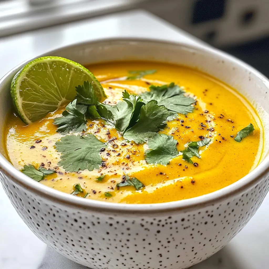 Für eine köstliche Turmeric Ginger Carrot Soup brauchst du folgende Hauptzutaten: - 4 große Karotten, grob gehackt - 1 mittlere Zwiebel, gewürfelt - 2 Knoblauchzehen, fein gehackt - 1 Esslöffel frischer Ingwer, gerieben - 1 Esslöffel gemahlener Kurkuma - 4 Tassen Gemüsebrühe - 1 Dose (400 ml) Kokosmilch Diese Zutaten bilden die Basis für die Suppe. Die Karotten bringen eine natürliche Süße mit. Die Zwiebel und der Knoblauch sorgen für einen tollen Geschmack. Ingwer und Kurkuma geben der Suppe ihre besondere Note. Gemüsebrühe und Kokosmilch sorgen für die nötige Flüssigkeit und Cremigkeit. Zusätzlich zu den Hauptzutaten benötigst du: - 2 Esslöffel Olivenöl - 1 Teelöffel Salz - ½ Teelöffel schwarzer Pfeffer Olivenöl ist wichtig, um die Aromen zu entfalten. Salz und Pfeffer bringen die Aromen in Einklang. Diese Gewürze helfen, den Geschmack der Suppe zu verbessern, also zögere nicht, sie nach deinem Geschmack anzupassen. Die Garnierung macht die Suppe noch ansprechender. Hier sind meine Vorschläge: - Frischer Koriander zur Garnierung - Limettenviertel zum Servieren Koriander bringt Frische und Farbe. Ein Spritzer Limette am Ende gibt einen spritzigen Kick. Diese einfachen Garnierungen heben das Gericht hervor und machen es zu einem echten Genuss. {{ingredient_image_2}} Um die Turmeric Ginger Carrot Soup zuzubereiten, beginne mit der Vorbereitung der Zutaten. Du brauchst: - 4 große Karotten, grob gehackt - 1 mittlere Zwiebel, gewürfelt - 2 Knoblauchzehen, fein gehackt - 1 Esslöffel frischer Ingwer, gerieben - 1 Esslöffel gemahlener Kurkuma - 4 Tassen Gemüsebrühe - 1 Dose (400 ml) Kokosmilch - 2 Esslöffel Olivenöl - 1 Teelöffel Salz - ½ Teelöffel schwarzer Pfeffer - Frischer Koriander zur Garnierung - Limettenviertel zum Servieren Stelle sicher, dass alle Zutaten frisch sind. Das macht die Suppe noch leckerer. Erhitze ein großes Topf bei mittlerer Hitze und gib das Olivenöl hinein. Füge die gewürfelte Zwiebel hinzu und dünste sie für etwa 5 Minuten. Sie sollte weich und durchsichtig sein. Jetzt kommt der aromatische Teil. Füge den gehackten Knoblauch, den geriebenen Ingwer und den gemahlenen Kurkuma hinzu. Brate diese Mischung für etwa 2 Minuten. Der Duft wird dir das Wasser im Mund zusammenlaufen lassen. Jetzt kommen die Karotten. Gib sie in den Topf und gieße die Gemüsebrühe darüber. Bring die Mischung zum Kochen, reduziere dann die Hitze. Lass alles zugedeckt etwa 20 Minuten köcheln, bis die Karotten zart sind. Nimm den Topf vom Herd. Jetzt ist es Zeit, die Suppe zu pürieren. Du kannst einen Stabmixer verwenden, um die Suppe glatt zu machen. Alternativ fülle die Mischung vorsichtig in einen Standmixer. Püriere sie, bis die Konsistenz sämig ist. Stelle den Topf wieder auf niedrige Hitze. Rühre die Kokosmilch ein und würze die Suppe mit Salz und schwarzem Pfeffer. Lass sie für weitere 5 Minuten erhitzen, aber lass sie nicht kochen. Bevor du die Suppe servierst, probiere sie. Passen die Gewürze? Justiere nach Belieben. Die Suppe ist nun bereit zum Genießen! Um die Suppe perfekt zu würzen, beginne mit den Basisgewürzen. Salz und Pfeffer sind wichtig. Sie heben den Geschmack der Karotten hervor. Du kannst auch mehr Kurkuma hinzufügen. So wird der Geschmack intensiver. Probiere es aus, während du kochst. Schmecke die Suppe vor dem Servieren ab. Das macht den Unterschied. Du kannst der Suppe viele Aromen hinzufügen. Probiere frische Kräuter wie Thymian oder Petersilie. Ein Spritzer Limettensaft hebt die Aromen an. Möchtest du etwas Schärfe? Füge eine Prise Cayennepfeffer hinzu. Kokosmilch sorgt für eine cremige Textur. Experimentiere mit diesen Zutaten. So machst du jedes Mal etwas Neues. Die Konsistenz der Suppe ist wichtig. Du möchtest eine samtige Textur. Wenn die Suppe zu dick ist, füge mehr Gemüsebrühe hinzu. Ist sie zu dünn? Lass sie länger köcheln. Püriere die Suppe gut, um Klumpen zu vermeiden. Du kannst sie auch durch ein Sieb gießen. So wird sie noch feiner. Pro Tipps Karotten richtig schneiden: Achte darauf, die Karotten gleichmäßig zu hacken, damit sie gleichmäßig garen und die Suppe eine einheitliche Konsistenz erhält. Frische Gewürze verwenden: Wenn möglich, verwende frischen Ingwer und frischen Koriander für ein intensiveres Aroma und einen frischeren Geschmack. Vorsichtig pürieren: Wenn du die Suppe in einem Standmixer pürierst, lasse die Mischung etwas abkühlen, um Spritzer zu vermeiden und deine Sicherheit zu gewährleisten. Variationen hinzufügen: Experimentiere mit zusätzlichen Gewürzen wie Kreuzkümmel oder Chili, um der Suppe eine persönliche Note zu verleihen. {{image_4}} Du kannst die Turmeric Ginger Carrot Soup einfach vegan machen. Verwende dazu Gemüsebrühe ohne tierische Produkte. Statt Kokosmilch kannst du Mandel- oder Hafermilch nutzen. Diese Optionen geben der Suppe einen neuen Geschmack und sind trotzdem lecker und cremig. Experimentiere mit verschiedenen Zutaten. Du kannst Süßkartoffeln anstelle von Karotten verwenden. Das macht die Suppe süßer. Füge auch etwas Curry-Pulver hinzu, um einen neuen Kick zu bekommen. Wenn du magst, kannst du auch einen Spritzer Apfelessig für etwas Säure beifügen. Für allergikerfreundliche Varianten ist es wichtig, die Zutaten zu prüfen. Verwende glutenfreie Brühe für Menschen mit Glutenunverträglichkeit. Wenn du Nüsse meiden musst, achte darauf, eine milchfreie Alternative ohne Nüsse zu wählen. So bleibt die Suppe für alle genießbar und lecker. Um die Turmeric Ginger Carrot Soup frisch zu halten, lagere sie in einem luftdichten Behälter. Lass die Suppe zuerst abkühlen. Stelle sicher, dass der Behälter trocken ist. Du kannst die Suppe bis zu fünf Tage im Kühlschrank aufbewahren. Achte darauf, dass du sie nicht in einem offenen Behälter lagerst. So bleibt der Geschmack besser erhalten. Wenn du die Suppe länger aufbewahren möchtest, friere sie ein. Verwende gefrierfeste Behälter oder Beutel. Teile die Suppe in Portionen auf, um sie leicht zu nutzen. Achte darauf, etwas Platz im Behälter zu lassen, damit die Suppe beim Gefrieren expandieren kann. Die Suppe bleibt bis zu drei Monate im Gefrierfach frisch. Um die Suppe wieder aufzuwärmen, gib sie in einen Topf. Erhitze sie bei mittlerer Hitze und rühre oft um. Du kannst auch die Mikrowelle nutzen. Stelle die Suppe in eine mikrowellengeeignete Schüssel. Erwärme sie in kurzen Intervallen und rühre zwischendurch um. Wenn die Suppe zu dick ist, füge etwas Brühe oder Wasser hinzu, bis die gewünschte Konsistenz erreicht ist. Ja, die Suppe ist sehr gesund. Karotten sind reich an Vitamin A. Dieses Vitamin hilft deinen Augen und stärkt dein Immunsystem. Ingwer hat entzündungshemmende Eigenschaften. Kurkuma unterstützt die Gesundheit der Gelenke. Kokosmilch fügt gesunde Fette hinzu. Diese gesunden Zutaten machen die Suppe nahrhaft und lecker. Ja, du kannst die Suppe im Voraus machen. Bereite die Suppe einfach zu und lasse sie abkühlen. Fülle sie dann in einen luftdichten Behälter. So bleibt die Suppe frisch. Sie hält sich bis zu fünf Tage im Kühlschrank. Du kannst sie auch einfrieren. Tiefgefroren bleibt sie bis zu drei Monate gut. Um die Schärfe der Suppe anzupassen, kannst du verschiedene Dinge tun. Füge mehr Ingwer hinzu, wenn du es würziger magst. Wenn du die Schärfe reduzieren möchtest, lasse den Ingwer weg. Du kannst auch weniger Pfeffer verwenden. Probiere die Suppe, bevor du mehr Gewürze hinzufügst. So findest du den perfekten Geschmack für dich. Die Karottensuppe ist einfach zuzubereiten und voller Geschmack. Wir haben die Hauptzutaten, Gewürze, und Garnierungen besprochen. Außerdem gab es eine Schritt-für-Schritt-Anleitung für das Kochen und Pürieren. Wir habe Tipps gegeben, wie man den perfekten Geschmack und die richtige Konsistenz erhält. Auch Variationen und Lagerinformationen wurden behandelt. Zusammengefasst bietet diese Suppe viele Möglichkeiten, um deinen Gaumen zu erfreuen. Sei kreativ und passe sie nach deinem Geschmack an!