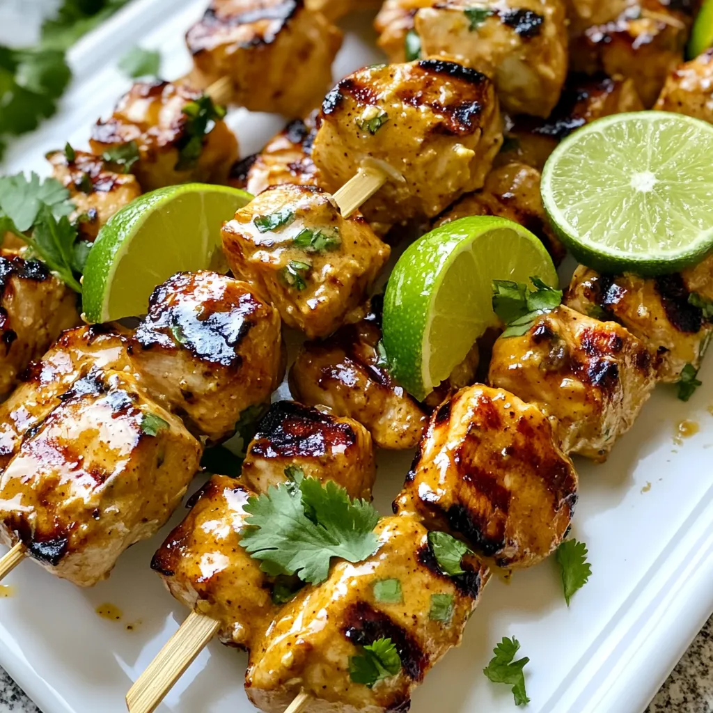 Für diese leckeren Spieße benötigen wir folgende Hauptzutaten: - 680 g Hühnerbeine ohne Haut und Knochen, in 2,5 cm große Würfel geschnitten - 80 ml cremige Erdnussbutter - 30 ml Sojasauce - 30 ml Honig - 30 ml frisch gepresster Limettensaft - 15 ml Sesamöl - 5 g frischer Ingwer, gerieben - 2 Knoblauchzehen, fein gehackt - 2 g Cayennepfeffer (optional, für etwas Schärfe) - Holzspieße, 30 Minuten in Wasser eingeweicht Die Hühnerbeine sind perfekt, weil sie saftig und geschmackvoll sind. Sie lassen sich leicht marinieren und grillen. Die Marinade ist der Schlüssel zu diesem Gericht. Hier sind die Zutaten dafür: - 80 ml cremige Erdnussbutter - 30 ml Sojasauce - 30 ml Honig - 30 ml frisch gepresster Limettensaft - 15 ml Sesamöl - 5 g frischer Ingwer, gerieben - 2 Knoblauchzehen, fein gehackt - 2 g Cayennepfeffer (optional) Diese Mischung bringt süße, salzige und würzige Aromen zusammen. Der Limettensaft gibt Frische und der Ingwer bringt einen tollen Kick. Frische Zutaten sind wichtig für den Geschmack. Achte beim Einkauf auf diese Tipps: - Wähle Hühnerbeine mit einer schönen, rosafarbenen Farbe. Sie sollten gut riechen. - Die Erdnussbutter sollte cremig und ohne Zusatzstoffe sein. - Verwende frische Limetten für den Saft. Sie sollten fest und schwer sein. - Wähle frischen Ingwer, der fest und unbeschädigt ist. Mit diesen Tipps sicherst du dir die besten Aromen für deine Erdnuss-Limetten-Hühnchenspieße. {{ingredient_image_2}} Um den besten Geschmack zu erreichen, marinieren wir das Hühnerfleisch. Beginne mit einer großen Schüssel. Mische die cremige Erdnussbutter, Sojasauce, Honig, frisch gepressten Limettensaft, Sesamöl, geriebenen Ingwer, und gehackten Knoblauch. Wenn du etwas Schärfe magst, füge Cayennepfeffer hinzu. Rühre alles gut um. Die Marinade sollte glatt sein. Jetzt gib die Hühnerstücke in die Marinade. Achte darauf, dass jedes Stück gut bedeckt ist. Decke die Schüssel ab und stelle sie für mindestens eine Stunde in den Kühlschrank. Über Nacht marinieren gibt noch mehr Geschmack. Während das Huhn mariniert, bereite den Grill vor. Heize den Grill auf mittelhohe Hitze vor. Das dauert etwa 10 bis 15 Minuten. So erreichen wir die perfekte Hitze für die Spieße. Vergiss nicht, die Holzspieße 30 Minuten vorher in Wasser einzuweichen. Das hilft, dass sie beim Grillen nicht verbrennen. Jetzt ist es Zeit, die Spieße zu grillen. Stecke die marinierten Hühnerstücke auf die eingeweichten Spieße. Lass etwas Platz zwischen den Stücken, damit sie gleichmäßig garen. Lege die Spieße auf den heißen Grill. Grill sie für etwa 8 bis 10 Minuten. Wende die Spieße gelegentlich. Das Huhn sollte eine Innentemperatur von 75°C erreichen. Nimm die Spieße vom Grill und lass sie einige Minuten ruhen. So bleibt das Huhn saftig und lecker. Grillen ist eine Kunst. Um perfekte Erdnuss-Limetten-Hühnchenspieße zu machen, musst du den Grill richtig nutzen. Heize den Grill auf mittelhohe Hitze vor. Das sorgt dafür, dass das Huhn schnell gart und einen schönen Grillgeschmack bekommt. Lege die Spieße schräg auf den Grill. So erhitzt sich das Fleisch gleichmäßig. Wende die Spieße jede zwei bis drei Minuten. So vermeidest du ein Anbrennen. Die Marinierzeit ist wichtig. Lass das Huhn mindestens eine Stunde marinieren. So nimmt es den vollen Geschmack der Marinade auf. Für noch mehr Aroma kannst du es über Nacht im Kühlschrank lassen. Je länger das Huhn mariniert, desto besser wird der Geschmack. Die Kombination aus Erdnussbutter, Limette und Honig wird so intensiv. Trockenes Huhn ist ein häufiges Problem. Um das zu verhindern, achte auf die Grillzeit. Gar das Huhn nur bis 75°C. Nutze ein Fleischthermometer, um sicherzugehen. Lass die Spieße nach dem Grillen ruhen. So bleibt das Fleisch saftig und zart. Wenn du die Spieße gleich servierst, wird der Genuss noch besser. Pro Tipps Marinierzeit maximieren: Lasse das Huhn über Nacht marinieren, um den Geschmack zu intensivieren und das Fleisch zarter zu machen. Grilltemperatur überprüfen: Stelle sicher, dass der Grill die richtige Temperatur hat, bevor du die Spieße auflegst, um ein gleichmäßiges Garen zu gewährleisten. Ruhen lassen: Lass die Spieße nach dem Grillen ein paar Minuten ruhen, damit sich die Säfte im Fleisch verteilen können. Variationen hinzufügen: Experimentiere mit verschiedenen Gemüsesorten zwischen den Hühnchenstücken, um Farbe und zusätzlichen Geschmack zu verleihen. {{image_4}} Du kannst die Hühnerbeine durch Tofu ersetzen. Tofu nimmt die Marinade gut auf. Wähle festen Tofu für die besten Ergebnisse. Schneide ihn in Würfel und mariniere ihn wie das Huhn. Lass den Tofu mindestens eine Stunde im Kühlschrank. Grill die Tofu-Spieße für etwa 8-10 Minuten. Sie werden knusprig und lecker! Die Marinade ist sehr anpassungsfähig. Du kannst verschiedene Gewürze hinzufügen, um neue Geschmäcker zu kreieren. Probiere geräucherten Paprika für einen rauchigen Geschmack. Füge etwas Koriander oder Kreuzkümmel für mehr Tiefe hinzu. Für Schärfe kannst du mehr Cayennepfeffer verwenden. Experimentiere, um deine perfekte Kombination zu finden! Die Spieße passen gut zu vielen Beilagen. Serviere sie mit Reis oder Quinoa für eine sättigende Mahlzeit. Ein frischer Salat mit Gurken und Karotten bringt einen tollen Kontrast. Auch gegrilltes Gemüse eignet sich perfekt dazu. Du kannst die Spieße auch mit einer Erdnuss-Dip-Sauce servieren. So wird das Gericht noch leckerer! Wenn du die marinierten Spieße aufbewahren möchtest, lege sie in einen luftdichten Behälter. Die Marinade hilft, das Hühnerfleisch frisch zu halten. Stelle sicher, dass die Spieße gut abgedeckt sind. Im Kühlschrank bleiben sie so bis zu zwei Tage haltbar. Wenn du die Marinade nicht mehr benötigst, kannst du sie auch in einem Glas aufbewahren. Falls du Reste hast, lagere sie ebenfalls in einem luftdichten Behälter. Das gekochte Hühnerfleisch hält sich im Kühlschrank etwa drei Tage. Wenn du die Spieße länger aufbewahren möchtest, friere sie ein. Achte darauf, sie in einen gefrierfesten Behälter zu geben. So bleiben sie bis zu drei Monate frisch. Zum Wiedererwärmen der Spieße empfehle ich, sie im Ofen oder auf dem Grill zu erhitzen. Heize den Ofen auf 180 Grad Celsius vor. Lege die Spieße auf ein Backblech und backe sie etwa 10-15 Minuten. Wenn du den Grill verwendest, lege die Spieße auf mittlere Hitze für 5-7 Minuten. Wende sie zwischendurch, damit sie gleichmäßig warm werden. So bleiben die Spieße saftig und lecker. Die Marinierung des Hühnerfleisches dauert mindestens 1 Stunde. Für mehr Geschmack empfehle ich, es über Nacht im Kühlschrank zu lassen. So zieht die Marinade tief in das Fleisch ein. Das macht das Huhn zart und voller Aromen. Ja, du kannst die Spieße auch im Ofen zubereiten. Heize den Ofen auf 200°C vor. Lege die Spieße auf ein Backblech und backe sie etwa 15-20 Minuten. Wende die Spieße einmal, damit sie gleichmäßig garen. Achte darauf, dass das Huhn eine Innentemperatur von 75°C erreicht. Zu den Erdnuss-Limetten-Hühnchenspießen passen viele Beilagen. Hier sind einige Ideen: - Frischer grüner Salat - Reis oder Quinoa - Gegrilltes Gemüse, wie Zucchini oder Paprika - Ein fruchtiger Gurkensalat Diese Beilagen ergänzen die Aromen und sorgen für eine bunte Mahlzeit. Erdnuss-Limetten-Hühnchenspieße sind einfach und lecker. Du hast die wichtigen Zutaten und Schritte kennengelernt. Konzentriere dich auf frische Zutaten und gute Marinade. Mit den besten Techniken und Grillanleitungen erreichst du tollen Geschmack. Wenn du kreativ bist, kannst du Varianten wie Tofu ausprobieren. Denke daran, wie du die Reste aufbewahrst und wieder aufwärmst. Genieß das Kochen und die tollen Ergebnisse!
