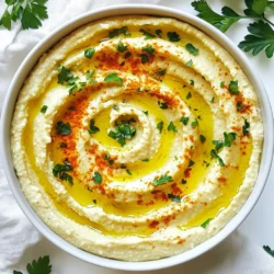 Um einen köstlichen cremigen gerösteten Knoblauch-Hummus zuzubereiten, brauchst du: - 1 Dose (425 g) Kichererbsen, abgetropft und abgespült - 60 ml Tahini - 60 ml Olivenöl - 4 Zehen gerösteter Knoblauch - 30 ml Zitronensaft - 1 Teelöffel gemahlener Kreuzkümmel - 1/2 Teelöffel Salz (nach Geschmack anpassen) - 60 ml Wasser (optional mehr) Diese Zutaten bilden die Basis für einen tiefen und reichhaltigen Geschmack. Kichererbsen geben die nötige Cremigkeit. Tahini fügt einen nussigen Geschmack hinzu. Olivenöl sorgt für eine schöne Textur. Gerösteter Knoblauch bringt ein süßes, mildes Aroma. Zitronensaft bringt Frische und Balance. Kreuzkümmel fügt eine warme Note hinzu. Um deinen Hummus noch ansprechender zu machen, kannst du ihn mit folgenden Zutaten garnieren: - Frische Petersilie, zum Garnieren - Paprika, zum Garnieren Diese Garnierungen bringen Farbe und zusätzlichen Geschmack. Du kannst auch frisches Gemüse oder Pita-Brot als Beilage verwenden. Karottensticks und Gurkenscheiben sind ebenfalls lecker. Diese Kombination macht das Essen noch spannender. Die Zutaten für Hummus sind nicht nur köstlich, sondern auch gesund. Kichererbsen sind reich an Protein und Ballaststoffen. Sie helfen, dich satt zu halten. Tahini liefert gesunde Fette und wichtige Mineralstoffe. Olivenöl unterstützt dein Herz mit guten Fetten. Zitronensaft bringt Vitamin C. Kreuzkümmel hat Antioxidantien, die gut für die Gesundheit sind. Insgesamt bietet dieser Hummus eine nahrhafte Option, die gut schmeckt und gut für dich ist. {{ingredient_image_2}} Um den Knoblauch zu rösten, heize deinen Ofen auf 200 °C vor. Nimm eine ganze Knoblauchknolle und schneide die Spitze ab. Träufle etwas Olivenöl darüber. Wickele die Knolle in Aluminiumfolie ein. Röste sie im Ofen für 30-35 Minuten. Der Knoblauch ist fertig, wenn die Zehen weich und karamellisiert sind. Lass ihn etwas abkühlen, bevor du ihn weiterverarbeitest. Gib die abgetropften Kichererbsen in eine Küchenmaschine. Füge das Tahini, die gerösteten Knoblauchzehen, das Olivenöl, den Zitronensaft, den gemahlenen Kreuzkümmel und das Salz hinzu. Mixe alles gut durch. Während du die Mischung pulsierst, füge langsam Wasser hinzu. Das Wasser hilft, die Konsistenz cremig zu machen. Wenn der Hummus zu dick ist, füge mehr Wasser hinzu, jeweils einen Esslöffel. Probiere den Hummus, wenn er fertig ist. Schmecke ihn ab und passe die Gewürze an. Füge bei Bedarf mehr Salz, Zitronensaft oder Knoblauch hinzu. Der Hummus sollte cremig und gut gewürzt sein. Für eine schöne Präsentation forme mit einem Löffel einen Schwung auf der Oberfläche. Träufle etwas Olivenöl darüber, bestreue ihn mit Paprika und garniere mit frischer Petersilie. Ein häufiger Fehler ist, den Knoblauch nicht richtig zu rösten. Achte darauf, die Knoblauchknolle vollständig in Alufolie zu wickeln. Dies hilft, die Feuchtigkeit zu halten und verhindert, dass der Knoblauch verbrennt. Ein anderer Fehler ist, zu wenig Wasser hinzuzufügen. Beginne mit weniger Wasser und füge nach Bedarf mehr hinzu. So bekommst du die perfekte cremige Konsistenz. Um Knoblauch zu rösten, heize deinen Ofen auf 200 °C vor. Schneide die Spitze der Knoblauchknolle ab und träufele etwas Olivenöl darüber. Wickele die Knolle fest in Alufolie ein. Röste sie 30-35 Minuten lang. Du kannst auch eine Pfanne nutzen, um den Knoblauch auf dem Herd zu rösten. Einfach die Zehen in etwas Öl bei mittlerer Hitze anbraten, bis sie goldbraun sind. Für einen besonders cremigen Hummus kannst du ein wenig Joghurt hinzufügen. Dies gibt dem Hummus eine zusätzliche, samtige Textur. Ein weiterer Tipp ist, die Kichererbsen vor dem Mixen zu schälen. Dies klingt nach viel Arbeit, aber es macht den Hummus noch glatter. Probiere auch, mehr gerösteten Knoblauch hinzuzufügen, um den Geschmack zu intensivieren. Pro Tipps Knoblauch richtig rösten: Achte darauf, den Knoblauch nicht zu überrösten, da er sonst bitter werden kann. Er sollte weich und karamellisiert sein. Für eine extra cremige Konsistenz: Verwende kaltes Wasser, um die Mischung zu emulgieren. Das hilft, eine besonders glatte Textur zu erzielen. Variationen ausprobieren: Experimentiere mit zusätzlichen Zutaten wie gerösteten Paprika oder Oliven für verschiedene Geschmacksrichtungen. Hummus aufbewahren: Bewahre das Hummus in einem luftdichten Behälter im Kühlschrank auf. Es bleibt dort bis zu einer Woche frisch. {{image_4}} Um deinen Hummus aufzupeppen, füge frische Kräuter hinzu. Basilikum, Oregano oder Thymian bringen einen tollen Geschmack. Diese Kräuter passen gut zu dem gerösteten Knoblauch. Mische sie einfach in die Küchenmaschine, bevor du die Kichererbsen hinzufügst. Das gibt deinem Hummus einen mediterranen Flair. Für einen scharfen Kick, probiere Chili oder geräucherte Paprika. Füge eine kleine Menge gemahlenen Chili oder Paprika zu den Zutaten in der Küchenmaschine hinzu. Achte darauf, nicht zu viel zu verwenden. Du willst den Knoblauchgeschmack nicht überdecken. Ein wenig Wärme macht das Essen spannender. Möchtest du eine kalorienärmere Variante? Verwende weniger Olivenöl oder ersetze es durch Wasser. Das macht deinen Hummus leicht, ohne den Geschmack zu verlieren. Für vegane Optionen kannst du sicherstellen, dass alle Zutaten pflanzlich sind. Hummus ist von Natur aus vegan, also keine Sorge! Du kannst auch mehr Gemüse, wie Karotten oder Paprika, in die Mischung einfügen. So steigerst du den Nährstoffgehalt und den Geschmack. Um deinen cremigen gerösteten Knoblauch-Hummus frisch zu halten, lege ihn in einen luftdichten Behälter. Achte darauf, dass der Behälter gut verschlossen ist. So bleibt der Geschmack und die Textur optimal. Lagere den Hummus im Kühlschrank. So bleibt er bis zu fünf Tage lang gut. Um die Haltbarkeit zu verlängern, kannst du eine dünne Schicht Olivenöl obenauf geben. Das Öl schützt den Hummus vor Luft. Achte darauf, dass du immer saubere Utensilien verwendest, wenn du den Hummus entnimmst. So vermeidest du Bakterien. Ja, du kannst Hummus einfrieren! Fülle ihn in einen gefrierfesten Behälter. Lass etwas Platz für die Ausdehnung. Beim Auftauen, lasse ihn im Kühlschrank für ein paar Stunden. Rühre ihn gut durch, um die Konsistenz wiederherzustellen. So bleibt dein Hummus für bis zu drei Monate genießbar. Hummus kann auch ohne Tahini gemacht werden. Ersetze das Tahini einfach durch mehr Olivenöl oder Joghurt. Das gibt deinem Hummus eine cremige Textur. Du kannst auch Nüsse wie Cashews verwenden. Mixe sie zusammen mit Kichererbsen, Knoblauch und Zitronensaft. So bleibt der Geschmack großartig. Ja, du kannst andere Bohnen verwenden. Weiße Bohnen oder schwarze Bohnen sind gute Alternativen. Sie geben dem Hummus einen anderen Geschmack, sind aber genauso lecker. Achte darauf, die Bohnen gut abzuspülen. Das hilft, die Konsistenz zu verbessern. Selbstgemachter Hummus hält sich bis zu einer Woche im Kühlschrank. Bewahre ihn in einem luftdichten Behälter auf. Achte darauf, dass die Oberfläche mit etwas Olivenöl bedeckt ist. Das verhindert, dass der Hummus austrocknet. Wenn du ihn länger aufbewahren möchtest, friere ihn ein. Du hast gelernt, wie man cremigen gerösteten Knoblauch-Hummus zubereitet. Wir haben die Hauptzutaten und Nährstoffe besprochen. Die Schritt-für-Schritt-Anleitung hilft dir, den perfekten Hummus zu mixen. Tipps und Tricks zeigen dir, häufige Fehler zu vermeiden und die besten Röstmöglichkeiten für Knoblauch. Variationen geben dir kreative Ideen, um deinen Hummus zu verfeinern. Achte auf die Lagerung, um die Haltbarkeit zu verlänger. Denke daran, deine Fragen zu klären, wenn du unsicher bist. So wirst du zum Hummus-Profi. Viel Freude beim Zubereiten!