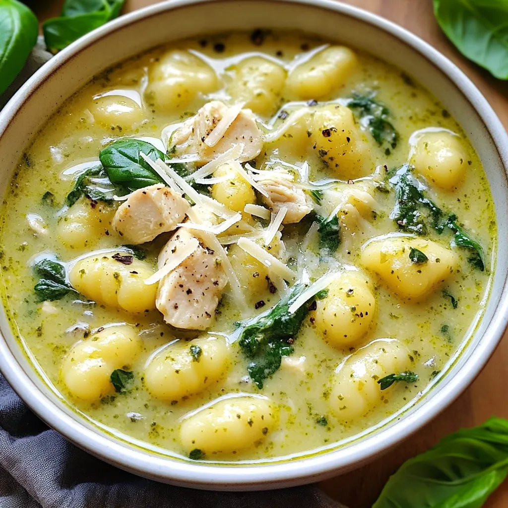 Für die cremige Pesto Hähnchen Gnocchi Suppe brauchst du: - 1 Esslöffel Olivenöl - 1 kleine Zwiebel, gewürfelt - 2 Knoblauchzehen, fein gehackt - 450 g Hähnchenbrustfilet, gewürfelt - 950 ml Hühnerbrühe - 240 ml Schlagsahne - 240 g zubereitetes Basilikumpesto - 450 g Kartoffelgnocchi - 100 g frischer Babyspinat, locker gepackt - 1 Teelöffel getrocknete italienische Kräuter (Oregano, Basilikum, Thymian) - Salz und Pfeffer nach Geschmack - Frisch geriebener Parmesan für das Servieren - Frische Basilikumblätter zur Garnitur Die angegebenen Mengen reichen für vier Portionen. Beginne mit dem Schneiden der Zwiebel und des Knoblauchs. Wenn du das Hähnchen würfelst, achte darauf, gleichmäßige Stücke zu schneiden. So garen sie gleichmäßig. Die Brühe kannst du aus dem Tetrapack nehmen oder selbst kochen. Frische Zutaten machen den Unterschied! Wähle Hähnchenbrust, die rosafarben und fest ist. Achte auf die Zwiebeln; sie sollten fest und ohne Druckstellen sein. Für den Spinat nimm frische, grüne Blätter, die knackig sind. Basilikumpesto kaufe am besten frisch oder mache es selbst aus frischen Kräutern, Nüssen und Olivenöl. {{ingredient_image_2}} Zuerst erhitzt du das Olivenöl in einem großen Topf bei mittlerer Hitze. Füge die gewürfelte Zwiebel hinzu und brate sie 3-4 Minuten lang, bis sie glasig ist. Dann kommt der fein gehackte Knoblauch dazu. Brate ihn für eine Minute, bis er aromatisch duftet. Diese Basis gibt der Suppe viel Geschmack. Jetzt gib die gewürfelten Hähnchenbruststücke in den Topf. Würze das Hähnchen mit Salz, Pfeffer und den italienischen Kräutern. Koche es für etwa 5-7 Minuten. Rühre zwischendurch um, damit das Hähnchen gleichmäßig gart. Es sollte nicht mehr rosa sein, wenn du fertig bist. Gieße nun die Hühnerbrühe und die Schlagsahne in den Topf. Rühre alles gut um, um eine schöne Mischung zu schaffen. Lass die Suppe auf ein sanftes Köcheln kommen. Dies sorgt für eine cremige Basis. Jetzt rührst du das Basilikumpesto unter die Suppe. Bring die Mischung wieder zum Köcheln. Füge dann die Kartoffelgnocchi hinzu. Koche sie gemäß den Anweisungen auf der Verpackung, normalerweise für 2-3 Minuten. Du erkennst, dass die Gnocchi fertig sind, wenn sie an die Oberfläche schwimmen. Wenn die Gnocchi gar sind, hebe den frischen Babyspinat vorsichtig unter. Lass ihn 1-2 Minuten ziehen, bis er verwelkt ist. Der Spinat bringt Farbe und zusätzliche Nährstoffe in die Suppe. Schmecke die Suppe ab und füge nach Bedarf mehr Salz und Pfeffer hinzu. Schöpfe die Suppe in Schalen. Garniere jede Portion mit frisch geriebenem Parmesan und einigen Blättern frischem Basilikum. So sieht deine cremige Pesto Hähnchen Gnocchi Suppe nicht nur gut aus, sie schmeckt auch fantastisch! Um das Hähnchen perfekt zu garen, beginne mit einem heißen Topf. Das Olivenöl sollte heiß sein, wenn du die Zwiebel hinzufügst. So wird das Hähnchen gleichmäßig gar und bleibt saftig. Achte darauf, das Hähnchen in gleichmäßige Stücke zu schneiden. Kleinere Stücke garen schneller und gleichmäßiger. Würze das Hähnchen gut mit Salz, Pfeffer und italienischen Kräutern, damit es voll im Geschmack ist. Die Konsistenz der Suppe hängt von der Menge an Brühe und Sahne ab. Für eine dickere Suppe, reduziere die Brühe leicht oder füge mehr Sahne hinzu. Rühre das Pesto gut ein, damit es sich gleichmäßig verteilt. Achte darauf, die Gnocchi nicht zu lange zu kochen, da sie sonst matschig werden. Wenn du frischen Spinat hinzufügst, lasse ihn nur kurz ziehen. So bleibt er zart und behält seine Farbe. Ein häufiger Fehler ist, das Hähnchen zu lange zu garen. Dies führt zu trockenem Fleisch. Mische die Zutaten gründlich, um ein Anbrennen zu vermeiden. Wenn die Suppe zu dick wird, kannst du mit etwas Brühe nachhelfen. Überprüfe stets den Geschmack und passe die Gewürze an. Ein weiterer Fehler ist, den Spinat zu lange zu kochen. Füge ihn erst kurz vor dem Servieren hinzu, damit er seine Frische behält. Pro Tipps Frisches Basilikum: Verwenden Sie frisches Basilikum anstelle von getrocknetem, um der Suppe ein intensiveres Aroma zu verleihen. Gnocchi selbst machen: Für ein noch besseres Geschmackserlebnis können Sie die Gnocchi auch selbst zubereiten, anstatt fertige zu verwenden. Variationen der Proteine: Diese Suppe lässt sich leicht anpassen; probieren Sie stattdessen Putenbrust oder gar Tofu für eine vegetarische Option. Textur hinzufügen: Für mehr Crunch können Sie geröstete Pinienkerne oder Walnüsse über die Suppe streuen, bevor Sie sie servieren. {{image_4}} Um die cremige Pesto Hähnchen Gnocchi Suppe vegetarisch zu machen, kannst du das Hähnchen durch Tofu oder Kichererbsen ersetzen. Diese Zutaten liefern dir die nötigen Proteine. Du kannst auch mehr Gemüse hinzufügen. Zucchini, Paprika oder Pilze passen gut. Sie bringen noch mehr Geschmack in die Suppe. Gnocchi sind toll, aber du kannst auch andere Teigwaren verwenden. Zum Beispiel sind kleine Pasta wie Tortellini oder Farfalle eine gute Wahl. Auch Reisnudeln bieten eine interessante Textur. Achte nur darauf, die Kochzeit anzupassen. So bleibt alles schön zart und lecker. Du kannst die Gewürze und Kräuter nach deinem Geschmack anpassen. Füge mehr frisches Basilikum oder Petersilie hinzu, um das Aroma zu verstärken. Für einen würzigen Kick sind rote Pfefferflocken eine gute Option. Experimentiere ruhig mit deinen Lieblingsgewürzen. So wird die Suppe immer wieder neu und spannend. Um die cremige Pesto Hähnchen Gnocchi Suppe frisch zu halten, lagere sie in einem luftdichten Behälter. Stelle sicher, dass die Suppe vollständig abgekühlt ist, bevor du sie in den Kühlschrank stellst. Das hilft, Bakterienwachstum zu vermeiden und die Aromen zu bewahren. Vermeide es, die Suppe in einer großen Menge zu lagern. Teile sie stattdessen in Portionen auf. So kannst du die Reste schneller genießen. Im Kühlschrank hält die Suppe etwa 3 bis 4 Tage. Achte darauf, sie gut abzudecken. Wenn du die Suppe länger aufbewahren möchtest, friere sie ein. In einem gefrierfesten Behälter bleibt sie bis zu 3 Monate frisch. Denke daran, etwas Platz im Behälter zu lassen, da sich die Suppe beim Gefrieren ausdehnt. Zum Auftauen lege die Suppe einfach über Nacht in den Kühlschrank. Um die Reste aufzuwärmen, gib die Suppe in einen Topf. Erwärme sie bei mittlerer Hitze und rühre regelmäßig um. Wenn die Suppe zu dick ist, kannst du etwas Hühnerbrühe oder Wasser hinzufügen. Alternativ kannst du die Suppe auch in der Mikrowelle aufwärmen. Gib sie in eine mikrowellengeeignete Schüssel und decke sie ab. Erhitze sie in Intervallen von 1-2 Minuten, bis sie heiß ist. So bleibt die Suppe cremig und lecker. Die Zubereitung dieser leckeren Suppe dauert insgesamt etwa 35 Minuten. Du brauchst 15 Minuten für die Vorbereitung und 20 Minuten für das Kochen. Es ist einfach und schnell! Ja, du kannst ganz einfach frisches Basilikumpesto selbst machen. Du brauchst frisches Basilikum, Pinienkerne, Parmesan, Knoblauch und Olivenöl. Mixe alles in einem Mixer, bis es cremig ist. So hast du einen tollen Geschmack! Ja, du kannst glutenfreie Gnocchi verwenden. Viele Marken bieten glutenfreie Optionen an. Achte beim Kauf auf die Verpackung. So kannst du die Suppe ohne Gluten genießen! Um die Suppe würziger zu machen, kannst du mehr italienische Kräuter hinzufügen. Auch rote Paprika oder Cayennepfeffer geben eine schöne Schärfe. Probiere es aus und finde deine perfekte Mischung! Als Beilage passen frisches Baguette oder ein einfacher grüner Salat gut. Du kannst auch geröstetes Gemüse servieren, um die Aromen zu ergänzen. So wird dein Essen noch besser! Diese Blogpost hat die wichtigen Zutaten für die cremige Pesthühnchen-Gnocchi-Suppe behandelt. Ich habe erklärt, wie man sie zubereitet und welche Tipps helfen, Fehler zu vermeiden. Variationen und Lagerinformationen runden das Thema ab. Kochen kann Spaß machen, wenn man die richtigen Techniken kennt. Denk daran, dass frische Zutaten den besten Geschmack bringen. Mit diesen Infos kannst du deine eigene köstliche Suppe zaubern. Viel Erfolg beim Kochen!