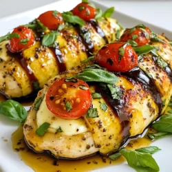 Für dieses Rezept brauchen Sie: - 4 Hähnchenbrustfilets, ohne Haut und Knochen - 1 Tasse frischer Mozzarella, gewürfelt - 1 Tasse Cherry-Tomaten, halbiert - 1/2 Tasse frische Basilikumblätter, gehackt Diese Zutaten machen das Gericht frisch und bunt. Der Mozzarella schmilzt schön und sorgt für eine cremige Textur. Die Tomaten bringen einen süßen und saftigen Biss. Basilikum gibt dem Gericht einen tollen Duft. Für den Geschmack verwenden wir: - 3 Esslöffel Balsamico-Glasur - 2 Esslöffel Olivenöl - 1 Teelöffel Knoblauchpulver - Salz und Pfeffer nach Geschmack Die Balsamico-Glasur sorgt für eine süß-saure Note. Olivenöl hilft beim Braten und gibt einen feinen Geschmack. Knoblauchpulver fügt Tiefe hinzu. Salz und Pfeffer sind wichtig, um alle Aromen zu verstärken. Für die Zubereitung benötigen Sie: - Zahnstochern oder Küchengarn (zum Sichern der Hähnchenbrust) - Eine große, ofenfeste Pfanne Die Zahnstochern oder das Garn helfen, die Füllung im Hähnchen zu halten. Eine ofenfeste Pfanne sorgt für gleichmäßiges Garen. So bleibt das Hähnchen saftig und die Füllung bleibt da, wo sie hingehört. {{ingredient_image_2}} Holen Sie sich zuerst alle Zutaten bereit. Nehmen Sie die Hähnchenbrustfilets und schneiden Sie sie mit einem scharfen Messer. Machen Sie eine Tasche in den dicksten Teil. Seien Sie vorsichtig, damit Sie nicht ganz durchschneiden. In einer großen Schüssel vermengen Sie dann den gewürfelten Mozzarella, die halbierten Cherry-Tomaten und die gehackten Basilikumblätter. Fügen Sie 1 Esslöffel der Balsamico-Glasur hinzu. Rühren Sie vorsichtig um und stellen Sie die Mischung beiseite. Würzen Sie die Hähnchenbrust innen und außen mit Knoblauchpulver, Salz und Pfeffer. Füllen Sie jede Hähnchenbrust großzügig mit der vorbereiteten Mischung. Achten Sie darauf, dass die Füllung gut verteilt ist. Sichern Sie die Öffnungen mit Zahnstochern oder Küchengarn. Dies hilft, die Füllung während des Garens zu halten. Erhitzen Sie in einer großen, ofenfesten Pfanne das Olivenöl bei mittelhoher Hitze. Sobald das Öl heiß ist, legen Sie die gefüllten Hähnchenbrustfilets in die Pfanne. Braten Sie sie auf beiden Seiten goldbraun an (ca. 4-5 Minuten pro Seite). Gießen Sie die restliche Balsamico-Glasur über das Hähnchen. Übertragen Sie die Pfanne dann in den vorgeheizten Ofen. Backen Sie das Hähnchen weitere 20-25 Minuten. Die Innentemperatur sollte 75°C erreichen. Nehmen Sie das Hähnchen aus dem Ofen und lassen Sie es einige Minuten ruhen. Entfernen Sie dann die Zahnstochern oder das Garn. Für das beste Geschmackserlebnis nutzen Sie frische Zutaten. Verwenden Sie hochwertigen Mozzarella und reife Cherry-Tomaten. Der Basilikum gibt ein tolles Aroma. Kombinieren Sie diese mit Salz, Pfeffer und Knoblauchpulver. Seien Sie großzügig bei der Würze, aber bleiben Sie vorsichtig. Zu viel Salz kann den Geschmack verderben. Seien Sie beim Füllen der Hähnchenbrust vorsichtig. Schneiden Sie eine Tasche, aber nicht zu tief. Füllen Sie die Mischung gut, aber lassen Sie etwas Platz. So bleibt die Füllung beim Kochen sicher. Vermeiden Sie es, die Tasche zu überladen. Das hilft, die Füllung trocken zu halten und gibt Platz für die Hitze. Um die Füllung im Hähnchen zu halten, sichern Sie die Öffnung gut. Verwenden Sie Zahnstochern oder Küchengarn. Stellen Sie sicher, dass alles fest verschlossen ist. Braten Sie die gefüllten Hähnchenbrüste gut an. Dies hilft, die Füllung im Inneren zu versiegeln. Achten Sie darauf, die Temperatur nicht zu hoch zu wählen. So bleibt das Hähnchen saftig und die Füllung bleibt drin. Pro Tipps Hähnchenbrust richtig schneiden: Schneiden Sie die Taschen vorsichtig, um sicherzustellen, dass die Füllung nicht herausfällt, und verwenden Sie ein scharfes Messer für präzise Schnitte. Füllung variieren: Experimentieren Sie mit verschiedenen Käsesorten oder fügen Sie Zutaten wie Spinat oder getrocknete Tomaten hinzu, um neue Geschmackskombinationen zu entdecken. Ruhen lassen: Lassen Sie das Hähnchen nach dem Backen einige Minuten ruhen, damit die Säfte sich setzen können, was zu einem saftigeren Ergebnis führt. Serviervorschlag: Servieren Sie die gefüllten Hähnchenbrustfilets mit frischem Gemüse oder einem leichten Salat, um eine ausgewogene Mahlzeit zu kreieren. {{image_4}} Möchten Sie eine fleischfreie Option? Füllen Sie die Hähnchenbrust mit Gemüse! Ich empfehle Zucchini, Spinat oder Paprika. Diese Gemüse bringen frische Aromen. Sie können auch Kichererbsen für mehr Protein hinzufügen. Ein Mix aus Feta und Ricotta passt hervorragend dazu. So erhalten Sie eine leckere, cremige Füllung. Kräuter machen alles besser! Basilikum ist klassisch, aber probieren Sie auch Oregano oder Thymian. Diese Kräuter fügen Tiefe hinzu. Ein Hauch von Chili oder Pfeffer bringt Schärfe. Für einen mediterranen Touch verwenden Sie getrocknete Kräuter. Diese kleinen Änderungen machen das Gericht einzigartig. Mozzarella ist toll, aber nicht die einzige Wahl. Feta verleiht einen salzigen Geschmack. Parmesan bringt eine nussige Note. Auch Gouda oder Cheddar schmecken gut in der Füllung. Experimentieren Sie mit verschiedenen Käsesorten. Das sorgt für neue Geschmackserlebnisse und macht das Rezept spannend. Nach dem Genuss von Caprese gefüllter Hähnchenbrust bleiben oft leckere Reste übrig. Lagern Sie die Restgerichte in einem luftdichten Behälter. So bleibt das Hähnchen frisch und saftig. Stellen Sie sicher, dass das Hähnchen abgekühlt ist, bevor Sie es in den Kühlschrank legen. So vermeiden Sie Kondenswasser, das die Textur beeinträchtigen kann. Um die Reste aufzuwärmen, nutzen Sie den Ofen für beste Ergebnisse. Heizen Sie den Ofen auf 175°C (350°F) vor. Legen Sie das Hähnchen auf ein Backblech und decken Sie es mit Folie ab. So bleibt die Feuchtigkeit erhalten. Erwärmen Sie das Hähnchen für etwa 15 bis 20 Minuten. Alternativ können Sie die Mikrowelle verwenden, aber die Textur kann leiden. Im Kühlschrank bleibt die gefüllte Hähnchenbrust etwa 3 bis 4 Tage frisch. Wenn Sie längere Haltbarkeit wünschen, frieren Sie die Reste ein. Sie können die gefüllte Hähnchenbrust bis zu 3 Monate im Gefrierfach aufbewahren. Achten Sie darauf, das Hähnchen gut zu verpacken, um Gefrierbrand zu vermeiden. Caprese gefüllte Hähnchenbrust braucht etwa 20 bis 25 Minuten im Ofen. Du backst sie bei 190°C (375°F). Die Innentemperatur sollte 75°C (165°F) erreichen. Ich empfehle, ein Fleischthermometer zu verwenden. So weißt du genau, wann das Hähnchen perfekt gegart ist. Zu langes Backen macht das Hähnchen trocken. Behalte es im Auge! Ja, du kannst die Füllung im Voraus zubereiten. Mische Mozzarella, Tomaten und Basilikum und stelle die Mischung in den Kühlschrank. Das geht sehr gut! Du kannst die Füllung bis zu 24 Stunden im Voraus machen. So sparst du Zeit am Kochtag. Denk daran, die Füllung vor dem Füllen auf Zimmertemperatur kommen zu lassen. So verteilt sich der Geschmack besser. Es gibt viele gesunde Beilagen, die gut zu Caprese gefüllter Hähnchenbrust passen. Hier sind einige Ideen: - Ein einfacher gemischter Salat mit frischem Gemüse. - Geröstetes Gemüse wie Zucchini oder Paprika. - Quinoa oder brauner Reis als Beilage. - Ein leichtes Pesto-Dressing für extra Geschmack. Diese Beilagen ergänzen das Hähnchen und bringen frische Aromen auf den Teller. Diese Anleitung zeigt, wie Sie köstliche Caprese gefüllte Hähnchenbrust zubereiten können. Wir haben die Hauptzutaten, Gewürze und die notwendigen Hilfsmittel besprochen. Sie haben auch erfahren, wie Sie die Hähnchenbrust füllen und zubereiten. Mit unseren Tipps vermeiden Sie das Austreten der Füllung und können Variationen ausprobieren. Denken Sie daran, Reste richtig zu lagern, um ihren Geschmack zu erhalten. Kochen macht Spaß und schmeckt besser, wenn Sie es selbst machen. Genießen Sie Ihr Gericht und experimentieren Sie mit neuen Zutaten!