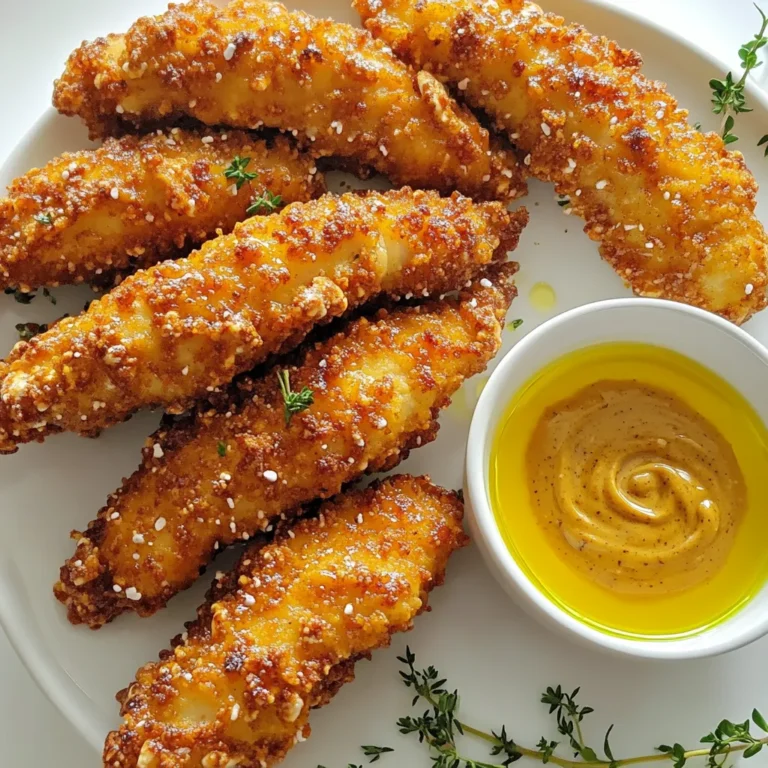 - 450 g Hähnchenstreifen - 240 ml Brezelbrösel - 65 g Weizenmehl - 60 ml Honig - 60 ml Dijon-Senf - 1 Teelöffel Knoblauchpulver - 1 Ei, verquirlt - 1 Esslöffel Olivenöl - Salz und Pfeffer nach Geschmack Die Auswahl der Zutaten ist entscheidend für den Geschmack und die Textur. Ich verwende frische Hähnchenstreifen. Sie bieten den besten Biss und den besten Geschmack. Die Brezelbrösel sorgen für einen knusprigen Crunch. Wenn Sie keine finden, können Sie auch eigene Brezeln zerkleinern. Das Weizenmehl hilft, die Hähnchenstreifen gut zu beschichten. Es ist wichtig, die richtige Mischung aus Honig und Dijon-Senf zu wählen. Diese Mischung sorgt für die perfekte Balance zwischen süß und herzhaft. Knoblauchpulver gibt zusätzlichen Geschmack. Achten Sie darauf, die Gewürze nach Ihrem eigenen Geschmack anzupassen. Ich empfehle, ein frisches Ei zu verwenden, um die Hähnchenstreifen gut zu binden. Olivenöl hilft, die Streifen knusprig zu machen. Vergessen Sie nicht, Salz und Pfeffer hinzuzufügen, um die Aromen zu verstärken. Diese Zutaten bilden die Basis für einen großartigen Snack. Heize deinen Ofen auf 200°C vor. Das sorgt für gleichmäßiges Garen. Lege ein Backblech mit Backpapier aus. So bleibt nichts kleben. Mische das Weizenmehl, Knoblauchpulver, Paprika, Salz und Pfeffer in einer flachen Schüssel. Dies wird deine Mehlmischung. Tauche jedes Hähnchenstück zuerst in die Mehlmischung. Klopfe überschüssiges Mehl ab. Dann tauche das Stück in das verquirlte Ei. Zum Schluss wälze es in den Brezelbröseln. Achte darauf, dass jedes Stück gut bedeckt ist. So bekommst du den besten Crunch. Lege die panierten Hähnchenstreifen auf das Backblech. Beträufle sie mit Olivenöl. Backe die Hähnchenstreifen für 15-20 Minuten im Ofen. Wende sie nach der Hälfte der Zeit. So garen sie gleichmäßig. Während die Streifen backen, bereite die Honig-Senf-Dip-Sauce vor. Mische die restlichen Teile des Honigs und des Dijon-Senfs in einer kleinen Schüssel. Nach dem Backen lasse die Hähnchenstreifen ein paar Minuten abkühlen. Dann kannst du sie servieren. - Verwendung von frischen Brezeln: Frische Brezeln geben den Hähnchenstreifen den besten Crunch. Sie sind knuspriger und voller Geschmack. Zerkleinere sie einfach in kleine Stücke. So bekommst du die perfekte Panade. - Olivenöl für bessere Knusprigkeit: Ein Esslöffel Olivenöl macht das Backen der Hähnchenstreifen knuspriger. Es hilft, die Brezelbrösel schön goldbraun zu machen. Sprühe das Öl gleichmäßig auf die panierten Stücke. So wird jedes Stück köstlich. - Anrichten auf einem Holzbrett: Ein Holzbrett sieht toll aus und hebt die Präsentation hervor. Lege die Hähnchenstreifen darauf und schaffe einen einladenden Snack. - Verwendung von frischen Kräutern zur Dekoration: Frische Kräuter bringen Farbe und Frische auf den Teller. Petersilie oder Schnittlauch passen gut. Streue sie einfach über die Hähnchenstreifen. - Nützliche Werkzeuge, um die Zubereitung zu erleichtern: Nutze eine flache Schüssel für die Mehlmischung. Ein Backblech mit Backpapier macht das Backen einfacher. Ein Schneebesen ist ideal, um das Ei zu verquirlen. Diese Utensilien helfen dir, die Hähnchenstreifen schnell und einfach zuzubereiten. {{image_4}} Wenn du auf der Suche nach neuen Texturen bist, probiere Panko oder Cornflakes. Panko gibt einen leichten, luftigen Crunch. Cornflakes bieten eine süßere Note. Du kannst auch die Gewürze anpassen. Füge deine Lieblingskräuter oder Gewürze hinzu. So wird jedes Gericht ganz neu. Für gesündere Optionen kannst du mageres Hühnchen oder Fisch verwenden. Diese Optionen haben weniger Fett und Kalorien. Auch der Honig kann durch einen kalorienärmeren Süßstoff ersetzt werden. So bleibt der süße Geschmack, ohne viele Kalorien. Das macht das Gericht leichter und gesünder. Den Honig-Senf-Dip kannst du leicht variieren. Probiere andere Dips wie BBQ oder Ranch. Auch Kombinationen von verschiedenen Senfen sind spannend. Dijon-Senf mit Honig ist süß, aber du kannst auch scharfen Senf ausprobieren. Das gibt einen neuen Kick! Lassen Sie die Hähnchenstreifen abkühlen, bevor Sie sie lagern. Legen Sie sie in einen luftdichten Behälter. So bleiben sie frisch und knackig. Vermeiden Sie es, sie warm einzupacken, da dies Feuchtigkeit erzeugt. Im Kühlschrank halten die Hähnchenstreifen bis zu drei Tage. Stellen Sie sicher, dass der Behälter gut verschlossen ist. Wenn Sie sie länger aufbewahren wollen, frieren Sie die Streifen ein. Im Gefrierschrank bleiben sie bis zu drei Monate haltbar. Um die Hähnchenstreifen wieder aufzuwärmen, nutzen Sie den Ofen. Heizen Sie ihn auf 180°C vor. Legen Sie die Streifen auf ein Backblech und backen Sie sie 10-15 Minuten. Dies sorgt für einen knusprigen Biss. Eine Mikrowelle ist auch möglich, aber die Streifen werden weniger knusprig. Die Zubereitung dauert insgesamt 35 Minuten. Davon benötigen Sie 15 Minuten für die Vorbereitung der Zutaten. Die Kochzeit beträgt 20 Minuten. Diese kurze Zeit macht das Rezept perfekt für ein schnelles Abendessen oder einen Snack. Ja, Sie können Brezelbrösel ganz einfach zu Hause herstellen. Nehmen Sie einige frische Brezeln und zerbröseln Sie sie. Nutzen Sie einen Mixer oder einen Plastikbeutel und einen Nudelholz. Zerkleinern Sie die Brezeln, bis sie die gewünschte Konsistenz erreicht haben. Achten Sie darauf, dass die Stücke nicht zu klein sind, damit sie beim Backen knusprig bleiben. Honig-Senf-Dip finden Sie in den meisten Supermärkten. Suchen Sie in der Gewürzabteilung oder bei den Saucen. Achten Sie auf Marken mit hochwertigen Zutaten. Manchmal können Sie auch lokale Produkte finden, die noch besser schmecken. In diesem Blogbeitrag haben wir die tollen Zutaten für Hähnchenstreifen betrachtet. Von der Auswahl der Hauptzutaten bis hin zu den besten Gewürzen und Dips. Ich habe dir einfache Schritt-für-Schritt-Anleitungen gegeben, um leckere Hähnchenstreifen zu machen. Wir sprachen auch über Tipps für das perfekte Ergebnis und kreative Variationen. Du kannst deine Reste richtig lagern und sie später genießen. Probiere die verschiedenen Dips und Alternativen aus. Viel Spaß beim Kochen!