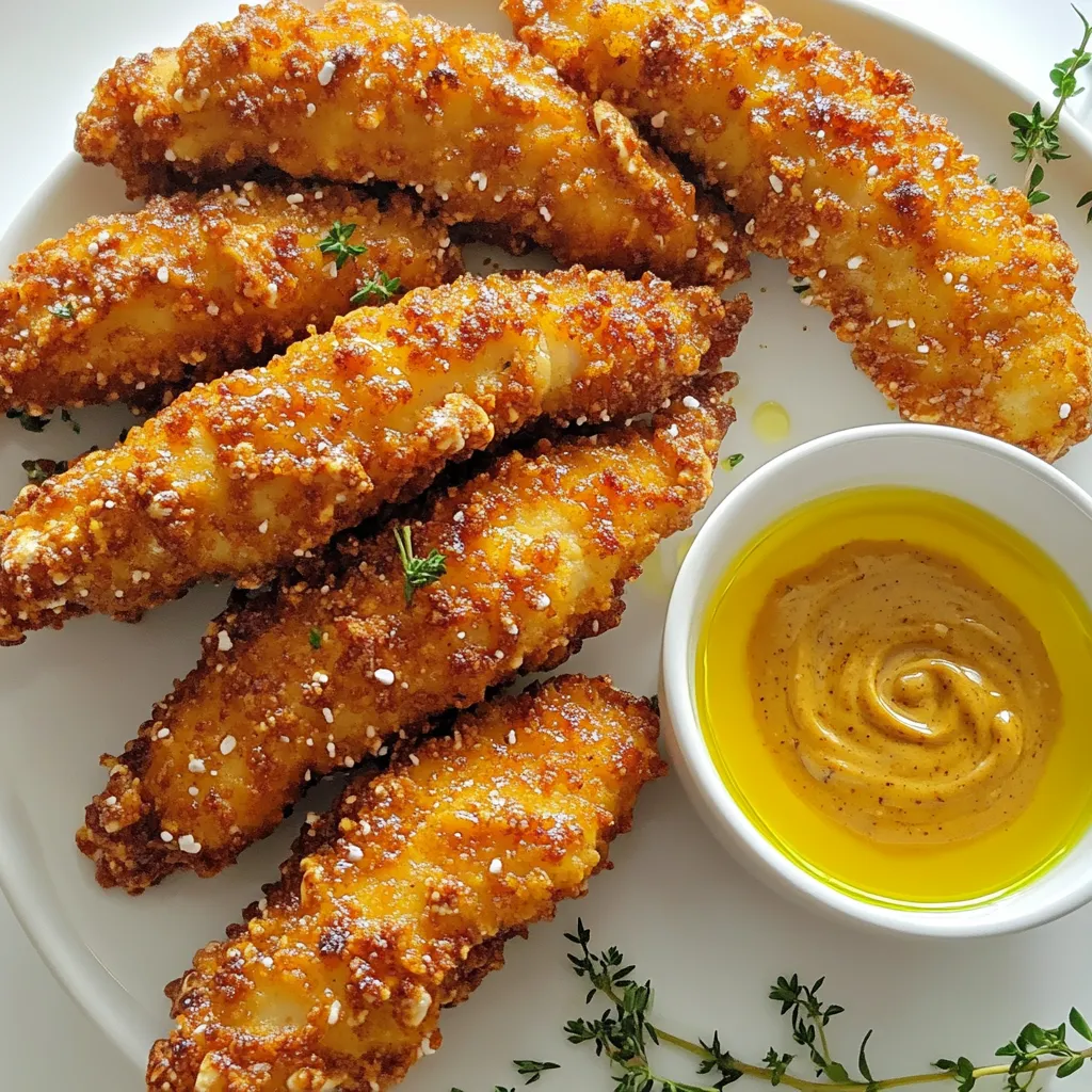 - 450 g Hähnchenstreifen - 240 ml Brezelbrösel - 65 g Weizenmehl - 60 ml Honig - 60 ml Dijon-Senf - 1 Teelöffel Knoblauchpulver - 1 Ei, verquirlt - 1 Esslöffel Olivenöl - Salz und Pfeffer nach Geschmack Die Auswahl der Zutaten ist entscheidend für den Geschmack und die Textur. Ich verwende frische Hähnchenstreifen. Sie bieten den besten Biss und den besten Geschmack. Die Brezelbrösel sorgen für einen knusprigen Crunch. Wenn Sie keine finden, können Sie auch eigene Brezeln zerkleinern. Das Weizenmehl hilft, die Hähnchenstreifen gut zu beschichten. Es ist wichtig, die richtige Mischung aus Honig und Dijon-Senf zu wählen. Diese Mischung sorgt für die perfekte Balance zwischen süß und herzhaft. Knoblauchpulver gibt zusätzlichen Geschmack. Achten Sie darauf, die Gewürze nach Ihrem eigenen Geschmack anzupassen. Ich empfehle, ein frisches Ei zu verwenden, um die Hähnchenstreifen gut zu binden. Olivenöl hilft, die Streifen knusprig zu machen. Vergessen Sie nicht, Salz und Pfeffer hinzuzufügen, um die Aromen zu verstärken. Diese Zutaten bilden die Basis für einen großartigen Snack. Heize deinen Ofen auf 200°C vor. Das sorgt für gleichmäßiges Garen. Lege ein Backblech mit Backpapier aus. So bleibt nichts kleben. Mische das Weizenmehl, Knoblauchpulver, Paprika, Salz und Pfeffer in einer flachen Schüssel. Dies wird deine Mehlmischung. Tauche jedes Hähnchenstück zuerst in die Mehlmischung. Klopfe überschüssiges Mehl ab. Dann tauche das Stück in das verquirlte Ei. Zum Schluss wälze es in den Brezelbröseln. Achte darauf, dass jedes Stück gut bedeckt ist. So bekommst du den besten Crunch. Lege die panierten Hähnchenstreifen auf das Backblech. Beträufle sie mit Olivenöl. Backe die Hähnchenstreifen für 15-20 Minuten im Ofen. Wende sie nach der Hälfte der Zeit. So garen sie gleichmäßig. Während die Streifen backen, bereite die Honig-Senf-Dip-Sauce vor. Mische die restlichen Teile des Honigs und des Dijon-Senfs in einer kleinen Schüssel. Nach dem Backen lasse die Hähnchenstreifen ein paar Minuten abkühlen. Dann kannst du sie servieren. - Verwendung von frischen Brezeln: Frische Brezeln geben den Hähnchenstreifen den besten Crunch. Sie sind knuspriger und voller Geschmack. Zerkleinere sie einfach in kleine Stücke. So bekommst du die perfekte Panade. - Olivenöl für bessere Knusprigkeit: Ein Esslöffel Olivenöl macht das Backen der Hähnchenstreifen knuspriger. Es hilft, die Brezelbrösel schön goldbraun zu machen. Sprühe das Öl gleichmäßig auf die panierten Stücke. So wird jedes Stück köstlich. - Anrichten auf einem Holzbrett: Ein Holzbrett sieht toll aus und hebt die Präsentation hervor. Lege die Hähnchenstreifen darauf und schaffe einen einladenden Snack. - Verwendung von frischen Kräutern zur Dekoration: Frische Kräuter bringen Farbe und Frische auf den Teller. Petersilie oder Schnittlauch passen gut. Streue sie einfach über die Hähnchenstreifen. - Nützliche Werkzeuge, um die Zubereitung zu erleichtern: Nutze eine flache Schüssel für die Mehlmischung. Ein Backblech mit Backpapier macht das Backen einfacher. Ein Schneebesen ist ideal, um das Ei zu verquirlen. Diese Utensilien helfen dir, die Hähnchenstreifen schnell und einfach zuzubereiten. {{image_4}} Wenn du auf der Suche nach neuen Texturen bist, probiere Panko oder Cornflakes. Panko gibt einen leichten, luftigen Crunch. Cornflakes bieten eine süßere Note. Du kannst auch die Gewürze anpassen. Füge deine Lieblingskräuter oder Gewürze hinzu. So wird jedes Gericht ganz neu. Für gesündere Optionen kannst du mageres Hühnchen oder Fisch verwenden. Diese Optionen haben weniger Fett und Kalorien. Auch der Honig kann durch einen kalorienärmeren Süßstoff ersetzt werden. So bleibt der süße Geschmack, ohne viele Kalorien. Das macht das Gericht leichter und gesünder. Den Honig-Senf-Dip kannst du leicht variieren. Probiere andere Dips wie BBQ oder Ranch. Auch Kombinationen von verschiedenen Senfen sind spannend. Dijon-Senf mit Honig ist süß, aber du kannst auch scharfen Senf ausprobieren. Das gibt einen neuen Kick! Lassen Sie die Hähnchenstreifen abkühlen, bevor Sie sie lagern. Legen Sie sie in einen luftdichten Behälter. So bleiben sie frisch und knackig. Vermeiden Sie es, sie warm einzupacken, da dies Feuchtigkeit erzeugt. Im Kühlschrank halten die Hähnchenstreifen bis zu drei Tage. Stellen Sie sicher, dass der Behälter gut verschlossen ist. Wenn Sie sie länger aufbewahren wollen, frieren Sie die Streifen ein. Im Gefrierschrank bleiben sie bis zu drei Monate haltbar. Um die Hähnchenstreifen wieder aufzuwärmen, nutzen Sie den Ofen. Heizen Sie ihn auf 180°C vor. Legen Sie die Streifen auf ein Backblech und backen Sie sie 10-15 Minuten. Dies sorgt für einen knusprigen Biss. Eine Mikrowelle ist auch möglich, aber die Streifen werden weniger knusprig. Die Zubereitung dauert insgesamt 35 Minuten. Davon benötigen Sie 15 Minuten für die Vorbereitung der Zutaten. Die Kochzeit beträgt 20 Minuten. Diese kurze Zeit macht das Rezept perfekt für ein schnelles Abendessen oder einen Snack. Ja, Sie können Brezelbrösel ganz einfach zu Hause herstellen. Nehmen Sie einige frische Brezeln und zerbröseln Sie sie. Nutzen Sie einen Mixer oder einen Plastikbeutel und einen Nudelholz. Zerkleinern Sie die Brezeln, bis sie die gewünschte Konsistenz erreicht haben. Achten Sie darauf, dass die Stücke nicht zu klein sind, damit sie beim Backen knusprig bleiben. Honig-Senf-Dip finden Sie in den meisten Supermärkten. Suchen Sie in der Gewürzabteilung oder bei den Saucen. Achten Sie auf Marken mit hochwertigen Zutaten. Manchmal können Sie auch lokale Produkte finden, die noch besser schmecken. In diesem Blogbeitrag haben wir die tollen Zutaten für Hähnchenstreifen betrachtet. Von der Auswahl der Hauptzutaten bis hin zu den besten Gewürzen und Dips. Ich habe dir einfache Schritt-für-Schritt-Anleitungen gegeben, um leckere Hähnchenstreifen zu machen. Wir sprachen auch über Tipps für das perfekte Ergebnis und kreative Variationen. Du kannst deine Reste richtig lagern und sie später genießen. Probiere die verschiedenen Dips und Alternativen aus. Viel Spaß beim Kochen!