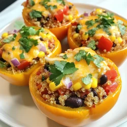 - 4 große Paprika (jede Farbe) - 1 Tasse Quinoa, gewaschen - 2 Tassen Gemüsebrühe - 1 Dose (15 oz) schwarze Bohnen, abgetropft und gewaschen - 1 Tasse Mais (gefroren oder aus der Dose) - 1 mittlerer rote Zwiebel, gewürfelt - 2 Knoblauchzehen, fein gehackt - 1 Teelöffel gemahlener Kreuzkümmel - 1 Teelöffel geräucherter Paprika - ½ Teelöffel Chili-Pulver - 1 Tasse gewürfelte Tomaten (aus der Dose oder frisch) - ½ Tasse frischer Koriander, gehackt (plus zusätzlich für die Garnierung) - Salz und Pfeffer nach Geschmack - 1 Tasse geriebener Käse (Cheddar oder Pepper Jack) - 1 Esslöffel Olivenöl Wenn Sie frische Zutaten wählen, achten Sie auf Farbe und Textur. Die Paprika sollten fest und glänzend sein. Wählen Sie die, die am besten aussieht. Für die Quinoa kaufen Sie die, die gut verpackt ist. Frischer Koriander sollte grün und knackig sein. Achten Sie darauf, dass die Zwiebeln keine dunklen Stellen haben. Bei Bohnen und Mais sind die Dosen gut, wenn sie unbeschädigt sind. - Quinoa: Eine großartige Proteinquelle, voller Ballaststoffe und Mineralien. - Paprika: Reich an Vitamin C und Antioxidantien. - Schwarze Bohnen: Bieten viel Eiweiß und Ballaststoffe. - Mais: Liefert Energie durch Kohlenhydrate und enthält Vitamine. - Käse: Gibt Kalzium und Protein, wichtig für Knochen und Muskeln. Diese Zutaten machen die Mahlzeit nicht nur lecker, sondern auch nahrhaft. {{ingredient_image_2}} Zuerst heizen Sie Ihren Ofen auf 190°C vor. Dann nehmen Sie die großen Paprika und schneiden die Oberseiten ab. Entfernen Sie die Kerne und die weißen Membranen. Diese Teile sind bitter und stören den Geschmack. Bürsten Sie die Außenseiten der Paprika leicht mit Olivenöl ein. Dies hilft, dass sie schön garen. Stellen Sie die Paprika aufrecht in eine Auflaufform. So bleiben sie stabil beim Backen. In einem mittelgroßen Topf bringen Sie die Gemüsebrühe zum Kochen. Fügen Sie die gewaschene Quinoa hinzu. Reduzieren Sie die Hitze auf niedrig und decken Sie den Topf ab. Lassen Sie die Quinoa für 15 Minuten köcheln, bis sie fluffig ist. In einer großen Pfanne erhitzen Sie das verbleibende Olivenöl bei mittlerer Hitze. Dünsten Sie die gewürfelte rote Zwiebel etwa 3-4 Minuten. Fügen Sie den gehackten Knoblauch, Kreuzkümmel, geräucherten Paprika und Chili-Pulver hinzu. Rühren Sie eine weitere Minute, bis die Gewürze gut duften. Geben Sie die schwarzen Bohnen, den Mais, die gewürfelten Tomaten und die gekochte Quinoa in die Pfanne. Rühren Sie alles gut durch und würzen Sie mit Salz und Pfeffer. Mischen Sie den gehackten Koriander ein und lassen Sie die Füllung noch 2-3 Minuten köcheln. Löffeln Sie die Quinoa-Mischung gleichmäßig in die vorbereiteten Paprika. Bestreuen Sie jede Paprika großzügig mit geriebenem Käse. Decken Sie die Auflaufform mit Alufolie ab und backen Sie sie im Ofen für 30 Minuten. Entfernen Sie dann die Folie und backen Sie weitere 10 Minuten. So wird der Käse schön geschmolzen und sprudelnd. Nehmen Sie die Paprika aus dem Ofen und lassen Sie sie etwas abkühlen. Garnieren Sie die gefüllten Paprika nach Belieben mit zusätzlichem Koriander. Um die Quinoa-Füllung lecker zu machen, verwende ich frische Kräuter. Koriander bringt einen frischen Geschmack. Und eine Prise Limettensaft gibt der Füllung einen tollen Kick. Auch die Gewürze sind wichtig. Verwende frischen Knoblauch und Zwiebeln. Diese Zutaten geben der Füllung Tiefe. Du kannst auch etwas scharfe Sauce hinzufügen. Das macht die Füllung noch würziger. Experimentiere mit verschiedenen Bohnenarten oder füge Avocado hinzu. So machst du die Füllung ganz nach deinem Geschmack. Um die Paprika perfekt zu kochen, achte auf die Garzeit. Backe die Paprika nicht zu lange. Sie sollen weich, aber nicht matschig sein. Wenn du die Paprika vor dem Füllen leicht blanchierst, wird das Ergebnis besser. Blanchieren macht sie zarter. Achte auch darauf, die Paprika gut mit Öl zu bestreichen. So bekommen sie beim Backen eine schöne Farbe. Wenn du die Paprika vor dem Füllen füllst, sollten sie aufrecht stehen. Das hilft, dass die Füllung nicht ausläuft. Ein häufiger Fehler ist, die Quinoa nicht richtig abzuspülen. Dies kann den Geschmack beeinträchtigen. Spüle die Quinoa immer gut ab, um Bitterstoffe zu entfernen. Ein anderer Fehler ist, die Füllung zu trocken zu machen. Achte darauf, genügend Gemüsebrühe zu verwenden. Wenn du die Füllung vorbereitest, schmecke sie ab. So kannst du sicherstellen, dass sie gut gewürzt ist. Ein weiterer Fehler ist das Überfüllen der Paprika. Lass etwas Platz, damit die Füllung beim Backen aufgehen kann. Pro Tipps Paprika auswählen: Wählen Sie Paprika in verschiedenen Farben für eine ansprechende Präsentation und einen zusätzlichen Nährstoffmix. Quinoa richtig kochen: Stellen Sie sicher, dass Sie die Quinoa gründlich abspülen, um Bitterstoffe zu entfernen, und verwenden Sie Gemüsebrühe für mehr Geschmack. Füllung anpassen: Variieren Sie die Füllung, indem Sie zusätzliches Gemüse oder verschiedene Bohnenarten verwenden, um den Geschmack zu ändern. Käsewahl: Verwenden Sie Käse mit unterschiedlichen Geschmacksrichtungen, wie würzigen Pepper Jack oder milden Cheddar, um die Füllung zu verfeinern. {{image_4}} Die Quinoa-Mischung ist flexibel. Du kannst sie leicht anpassen. Probiere schwarze Linsen statt Bohnen. Füge Avocado für eine cremige Textur hinzu. Du kannst auch Pilze für einen herzhaften Geschmack verwenden. Für mehr Protein kannst du Hähnchen oder Tofu dazugeben. Jedes dieser Zutaten bringt neue Aromen. Für vegane Optionen lasse den Käse weg oder verwende veganen Käse. Die Füllung bleibt dennoch lecker. Du kannst auch glutenfreie Quinoa verwenden, falls du Gluten meiden musst. Überprüfe die Brühe, um sicherzustellen, dass sie glutenfrei ist. Diese Anpassungen schaffen eine gesunde, schmackhafte Mahlzeit für alle. Serviere die gefüllten Paprika mit frischem Salat. Ein grüner Salat mit Limetten-Dressing passt perfekt. Du kannst auch Avocado-Scheiben oder Joghurt dazu legen. Diese Beilagen ergänzen die Aromen der Paprika. Für einen festlichen Touch, garniere mit frischem Koriander und Limettensaft. Um die gefüllten Paprika aufzubewahren, lassen Sie sie zuerst abkühlen. Legen Sie sie dann in einen luftdichten Behälter. Im Kühlschrank halten sie sich bis zu fünf Tage. Wenn Sie sie länger aufbewahren möchten, frieren Sie sie ein. Für das Einfrieren ist es wichtig, die Paprika gut vorzubereiten. Wickeln Sie jede gefüllte Paprika in Frischhaltefolie. Legen Sie sie dann in einen gefrierfesten Behälter oder Beutel. So bleiben sie bis zu drei Monate frisch. Achten Sie darauf, die Luft gut herauszudrücken, bevor Sie den Behälter schließen. Wenn Sie eine schnelle Mahlzeit wollen, bereiten Sie die Füllung im Voraus zu. Sie können die Quinoa-Mischung bis zu drei Tage im Kühlschrank aufbewahren. Füllen Sie die Paprika erst kurz vor dem Backen. So sparen Sie Zeit und genießen frische Paprika. Gefüllte Paprika halten sich gut im Kühlschrank für etwa 3 bis 5 Tage. Achten Sie darauf, sie in einem luftdichten Behälter aufzubewahren. Wenn Sie sie länger aufbewahren möchten, frieren Sie sie ein. Das hält sie bis zu 3 Monate frisch. Vor dem Servieren einfach aufwärmen. So bleibt der Geschmack erhalten. Ja, Sie können Quinoa durch Reis oder Bulgur ersetzen. Beide Optionen bieten unterschiedliche Geschmäcker und Texturen. Reis ist etwas weicher, während Bulgur etwas mehr Biss hat. Achten Sie darauf, die Kochzeiten anzupassen. Der Austausch gibt Ihnen die Möglichkeit, das Gericht nach Ihrem Geschmack zu variieren. Die Schärfe lässt sich leicht anpassen. Fügen Sie einfach mehr oder weniger Chili-Pulver hinzu. Wenn Sie es schärfer mögen, können Sie auch frische Chilis oder Jalapeños hinzufügen. Für eine mildere Variante lassen Sie die scharfen Gewürze weg. Experimentieren Sie, um die perfekte Balance für Ihren Geschmack zu finden. In diesem Artikel habe ich Ihnen gezeigt, wie Sie gefüllte Paprika zubereiten können. Wir haben die Zutaten, die Zubereitung und nützliche Tipps besprochen. Sie wissen nun, wie Sie die Füllung schmackhaft machen und häufige Fehler vermeiden. Variationen bieten Ihnen viele Möglichkeiten, das Gericht anzupassen. Denken Sie daran, die Paprika gut zu lagern, damit sie frisch bleibt. Genießen Sie dieses einfache und gesunde Gericht für jede Gelegenheit. Probieren Sie es aus!