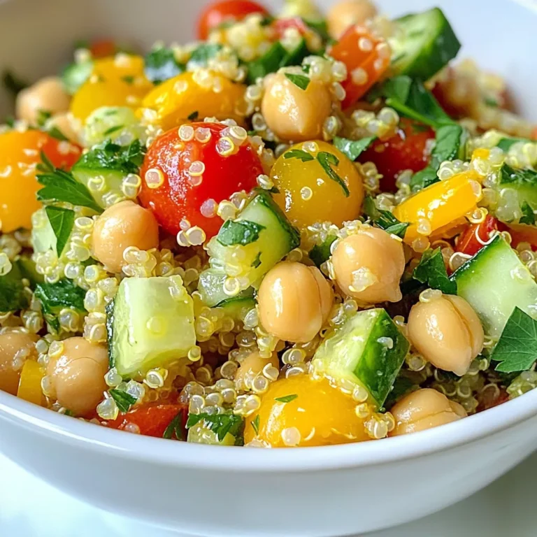 - 1 Tasse Quinoa (gut abgespült) - 2 Tassen Gemüsebrühe oder Wasser - 1 Orange, abgerieben und entsaftet - 1 Zitrone, abgerieben und entsaftet - 1 Limette, abgerieben und entsaftet Die Quinoa ist die Basis des Salats. Sie ist gesund und hat viel Eiweiß. Gemüsebrühe gibt dem Gericht mehr Geschmack. Die Zitrusfrüchte bringen Frische und Säure. Diese Zutaten sind wichtig für das Gesamtbild des Salats. - 1 Tasse Kirschtomaten, halbiert - 1 Gurke, gewürfelt - 1 Tasse Kichererbsen, abgetropft und abgespült - 1/4 Tasse rote Zwiebel, fein gehackt - 1/4 Tasse frische Petersilie, gehackt - 1/4 Tasse frische Minze, gehackt Die Kirschtomaten sorgen für Süße. Gurken bringen Knackigkeit und Frische. Kichererbsen fügen Protein hinzu. Rote Zwiebel gibt einen scharfen Geschmack. Petersilie und Minze sorgen für ein frisches Aroma. Diese Zutaten machen den Salat bunt und gesund. - 3 Esslöffel Olivenöl - Salz und Pfeffer nach Geschmack Das Dressing ist einfach, aber wichtig. Olivenöl macht den Salat reichhaltig. Salz und Pfeffer runden den Geschmack ab. Zusammen mit den Zitrusfrüchten ergibt das ein leckeres Dressing. Es ist leicht und frisch, perfekt für den Sommer. {{ingredient_image_2}} - Vorbereitung der Quinoa Zuerst spülst du die Quinoa gut ab. Das hilft, Bitterstoffe zu entfernen. Verwende ein feines Sieb. - Kochen und Abkühlen der Quinoa Gib die Quinoa mit zwei Tassen Gemüsebrühe oder Wasser in einen Topf. Bringe sie zum Kochen und reduziere dann die Hitze. Bedecke den Topf und lass die Quinoa etwa 15 Minuten köcheln. Sie sollte fluffig sein und die Flüssigkeit komplett aufnehmen. Nimm den Topf vom Herd und lass die Quinoa abkühlen. - Vermengen der Zitrussäfte und Zesten In einer großen Schüssel mischst du den Saft von einer Orange, einer Zitrone und einer Limette. Vergiss nicht, auch die Zesten der Zitrusfrüchte hinzuzufügen. Das gibt einen tollen Geschmack. - Hinzufügen von Olivenöl Füge drei Esslöffel Olivenöl hinzu. Rühre alles gut um, bis du ein gleichmäßiges Dressing hast. - Mischen von Quinoa und Dressing Gib die abgekühlte Quinoa in die Schüssel mit dem Dressing. Rühre vorsichtig um, bis die Quinoa gut benetzt ist. - Hinzufügen von Gemüse und Kräutern Jetzt kommen die frischen Zutaten dazu. Füge Kirschtomaten, Gurke, Kichererbsen, rote Zwiebel, Petersilie und Minze hinzu. Mische alles sanft, damit die Zutaten gut verteilt sind. Jetzt bist du bereit, deinen Zesty Citrus Herb Quinoa Salad zu genießen! - Quinoa richtig abspülen: Quinoa hat eine natürliche Schicht namens Saponin. Diese kann bitter schmecken. Spülen Sie die Quinoa gründlich in einem feinen Sieb unter fließendem Wasser. So entfernen Sie den bitteren Geschmack und verbessern den Genuss. - Tipps zur perfekten Konsistenz: Kochen Sie die Quinoa in zwei Tassen Gemüsebrühe oder Wasser für jede Tasse Quinoa. Lassen Sie sie 15 Minuten köcheln und dann vom Herd nehmen. Lassen Sie die Quinoa abgedeckt stehen, damit sie fluffig wird. - Alternative Zutaten für mehr Geschmack: Fügen Sie Avocado für eine cremige Note hinzu. Für einen extra Kick können Sie auch Jalapeños oder Paprika verwenden. Diese Zutaten geben mehr Textur und Geschmack. - Anpassung der Gewürze: Experimentieren Sie mit verschiedenen Kräutern. Basilikum oder Koriander können die Frische steigern. Fügen Sie auch etwas Kreuzkümmel oder Paprika hinzu, um den Geschmack zu variieren. - Präsentation des Salats: Servieren Sie den Salat in einer großen Schüssel oder auf einem schönen Teller. Streuen Sie frische Kräuter obenauf. So sieht der Salat noch einladender aus. - Kombination mit anderen Gerichten: Dieser Salat passt gut zu gegrilltem Hühnchen oder Fisch. Auch als Beilage zu einer BBQ-Party ist er perfekt. Genießen Sie ihn als Hauptgericht oder als Beilage! Pro Tipps Quinoa richtig kochen: Achten Sie darauf, die Quinoa gut abzuspülen, um die Bitterstoffe zu entfernen, bevor Sie sie kochen. Frische Kräuter verwenden: Für den besten Geschmack verwenden Sie frische Kräuter anstelle von getrockneten, um die Aromen zu intensivieren. Vorbereitung des Dressings: Lassen Sie das Dressing vor dem Mischen mit der Quinoa einige Minuten ziehen, damit sich die Aromen besser entfalten können. Variationen ausprobieren: Fügen Sie zusätzliche Gemüse oder Nüsse hinzu, um den Salat nach Ihrem Geschmack anzupassen und mehr Textur zu erhalten. {{image_4}} Wenn Sie den Salat nahrhafter machen wollen, fügen Sie mehr Kichererbsen hinzu. Diese kleinen Hülsenfrüchte sind voll von Protein. Sie können auch gegrilltes Hühnchen hinzufügen. Es macht den Salat herzhaft und sättigend. Schneiden Sie das Hühnchen in kleine Stücke und mischen Sie es gut unter. Für eine vegane Version lassen Sie das Hühnchen einfach weg. Kichererbsen sind bereits eine tolle Proteinquelle. Sie können auch Tofu verwenden. Würzen Sie den Tofu gut, bevor Sie ihn hinzufügen. So hat der Salat mehr Geschmack. Wenn Sie Nüsse oder Samen mögen, fügen Sie etwas hinzu. Das gibt Crunch und Nährstoffe. Nutzen Sie saisonales Gemüse oder Kräuter für frische Aromen. Im Frühling sind Erbsen und Radieschen toll. Im Sommer können Sie Paprika oder Zucchini probieren. Im Herbst passen Kürbis und Rote Beete gut. Im Winter sind Grünkohl und Spinat lecker. Achten Sie darauf, die Kräuter frisch zu verwenden. Sie geben dem Salat einen tollen Duft und Geschmack. Lagern Sie den Zesty Citrus Herb Quinoa Salad in einem luftdichten Behälter. So bleibt er frisch und lecker. Stellen Sie sicher, dass der Salat vollständig abgekühlt ist, bevor Sie ihn in den Behälter geben. Frische Zutaten sind wichtig. Fügen Sie die Kräuter erst kurz vor dem Servieren hinzu. Dadurch bleiben sie knusprig und aromatisch. Wie lange ist der Salat haltbar? Im Kühlschrank hält der Salat etwa 3 bis 5 Tage. Achten Sie darauf, ihn gut zu verschließen. Wenn Sie den Salat in einem luftdichten Behälter aufbewahren, bleibt der Geschmack länger erhalten. Prüfen Sie immer, ob der Salat frisch riecht, bevor Sie ihn essen. Tipps zum Einfrieren und Auftauen der Quinoa: Es ist am besten, die Quinoa separat einzufrieren. Kochen Sie die Quinoa und lassen Sie sie abkühlen. Teilen Sie die Quinoa in Portionen auf und geben Sie sie in Gefrierbeutel. Zum Auftauen legen Sie die Quinoa einfach in den Kühlschrank über Nacht. So bleibt die Textur gut. Vermeiden Sie das Einfrieren des gesamten Salats, da Gemüse und Kräuter beim Auftauen weich werden. Um Quinoa perfekt zuzubereiten, folge diesen Schritten: - Spüle die Quinoa gut ab. Dies entfernt Bitterstoffe. - Koche 1 Tasse Quinoa in 2 Tassen Gemüsebrühe oder Wasser. - Bring es zum Kochen und reduziere dann die Hitze. - Decke den Topf ab und lasse es 15 Minuten köcheln. - Lass die Quinoa abkühlen, bevor du sie weiterverwendest. Diese Schritte garantieren, dass die Quinoa fluffig wird und nicht klebrig ist. Ja, du kannst den Salat im Voraus zubereiten. - Bereite die Quinoa und das Dressing einen Tag vorher vor. - Mische sie erst kurz vor dem Servieren. - Lagere den Salat in einem luftdichten Behälter im Kühlschrank. - Er bleibt frisch für bis zu drei Tage. Die Aromen entwickeln sich so besser, wenn der Salat etwas zieht. Alternativen für Kichererbsen sind: - Schwarze Bohnen für einen herzhaften Geschmack. - Linsen für eine proteinreiche Option. - Mais für eine süßere Note. - Geröstete Nüsse für einen Crunch. Diese Optionen passen gut zum Zesty Citrus Herb Quinoa Salad und bieten Abwechslung. Dieser Artikel hat die wichtigsten Schritte zur Zubereitung eines Quinoa-Salats behandelt. Wir haben die Zutaten, die Zubereitung und einige nützliche Tipps besprochen. Denke daran, Quinoa gut zu spülen und das Dressing frisch zuzubereiten. Variiere das Rezept nach deinem Geschmack und lagere Reste richtig. Mit diesen Anleitungen kannst du einen leckeren und gesunden Salat zubereiten. Probiere es aus und genieß es!