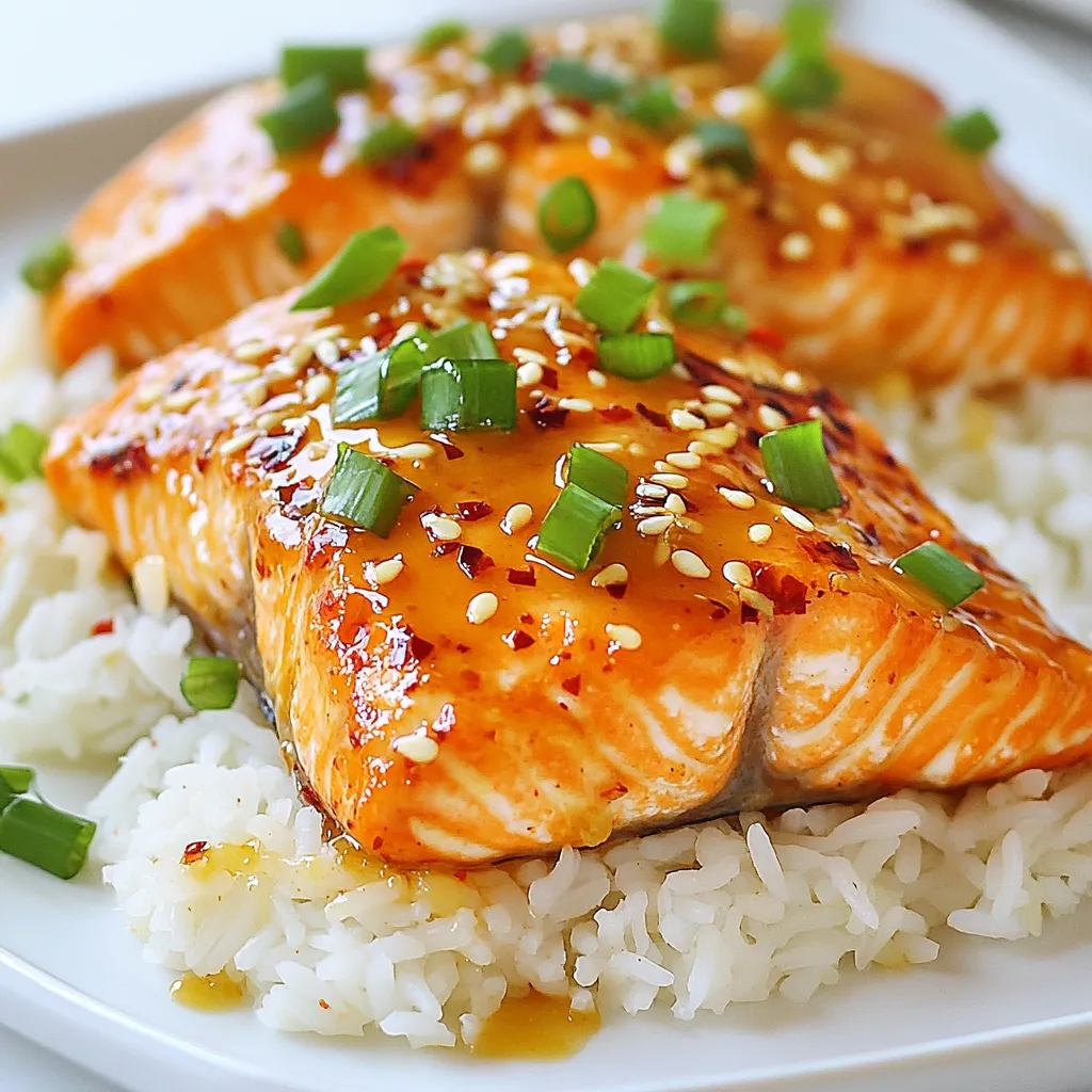 - 4 Lachsfilets - 60 ml süße Chilisauce - 3 Knoblauchzehen, fein gehackt - 2 Esslöffel Honig - 1 Esslöffel Sojasauce (reduzierter Natriumgehalt) - 2 Esslöffel Olivenöl - 1 Esslöffel frischer Ingwer, gerieben - 1 Esslöffel Limettensaft - Salz und Pfeffer nach Geschmack Die Hauptzutaten sind einfach zu finden. Der Lachs bleibt saftig und zart. Die süße Chilisauce bringt eine schöne Schärfe. Knoblauch und Ingwer geben viel Geschmack. Honig fügt eine süße Note hinzu. Sojasauce sorgt für Tiefe. - Salz und Pfeffer nach Geschmack Die Marinade ist der Schlüssel zu diesem Rezept. Sie zieht in den Lachs ein und macht ihn köstlich. Ich empfehle, die Marinade mindestens 30 Minuten ziehen zu lassen. So wird der Geschmack stärker und intensiver. - Frisch gehackte Frühlingszwiebeln für die Garnitur - Sesamsamen für die Garnitur Für eine schöne Präsentation serviere den Lachs auf Jasminreis oder Quinoa. Das gibt eine gute Basis. Die Frühlingszwiebeln und Sesamsamen machen das Gericht bunt und appetitlich. Limettenspalten bringen Frische und sorgen für einen tollen Akzent. {{ingredient_image_2}} Zuerst brauchen wir frische Zutaten. Nimm die Lachsfilets und lege sie in eine Schüssel. Für die Marinade mische in einer anderen Schüssel: - 60 ml süße Chilisauce - 3 fein gehackte Knoblauchzehen - 2 Esslöffel Honig - 1 Esslöffel Sojasauce - 1 Esslöffel geriebenen Ingwer - 1 Esslöffel Limettensaft Verquirle alles gut. Gieße die Marinade über die Lachsfilets. Verschließe den Beutel oder decke die Schüssel ab. Lass die Aromen für 30 Minuten bis 1 Stunde im Kühlschrank ziehen. So wird der Lachs sehr schmackhaft. Heize deinen Ofen auf 200°C vor. Lege ein Backblech mit Backpapier aus. Nimm die Lachsfilets aus der Marinade und lege sie mit der Hautseite nach unten auf das Blech. Bewahre die Marinade für später auf. Würze die Filets mit Salz und Pfeffer. Träufle Olivenöl gleichmäßig darauf. Backe den Lachs für 12-15 Minuten. Der Lachs sollte jetzt leicht zerfallen, wenn du ihn mit einer Gabel anfasst. Dies zeigt, dass er gar ist. In der Zwischenzeit bringe die zurückbehaltene Marinade in einem kleinen Topf zum Kochen. Reduziere die Hitze und lass sie 5 Minuten köcheln. So wird sie dickflüssig und lecker. Nimm den Lachs aus dem Ofen. Trage die dickflüssige Marinade mit einem Pinsel auf die Filets auf. Garniere den Lachs mit frisch gehackten Frühlingszwiebeln und Sesamsamen. So sieht der Lachs nicht nur gut aus, sondern schmeckt auch fantastisch! Die Garzeit für Lachs ist wichtig. Backe ihn bei 200°C für 12 bis 15 Minuten. Er sollte leicht zerfallen, wenn du ihn mit einer Gabel anstichst. Überprüfe die Innentemperatur. Sie sollte bei 63°C liegen. So bleibt der Lachs saftig und zart. Das Marinieren macht den Lachs geschmackvoller. Verwende die Marinade aus süßer Chilisauce, Knoblauch und Honig. Lege die Lachsfilets in die Marinade für 30 Minuten bis 1 Stunde. So ziehen die Aromen gut ein. Du kannst auch über Nacht marinieren, wenn du mehr Zeit hast. Der Geschmack wird intensiver und leckerer. Für die Zubereitung brauchst du einige einfache Dinge: - Eine mittelgroße Schüssel für die Marinade - Ein Backblech mit Backpapier - Ein Pinsel zum Auftragen der Marinade - Eine Gabel zum Testen der Garheit Für die Servierung sind frische Frühlingszwiebeln und Sesamsamen tolle Optionen. Diese geben dem Gericht einen schönen Look und zusätzlichen Geschmack. Serviere den Lachs auf einem Bett aus Jasminreis oder Quinoa. Das sieht nicht nur gut aus, sondern schmeckt auch hervorragend! Profi Tipps Marinade aufbewahren: Verwenden Sie die zurückbehaltene Marinade, um den Lachs vor dem Servieren zu glasieren, für zusätzlichen Geschmack und Glanz. Frische Zutaten: Frischer Ingwer und Limettensaft bringen das beste Aroma in das Gericht. Vermeiden Sie verpackte oder konservierte Varianten. Ofentemperatur: Stellen Sie sicher, dass der Ofen gut vorgeheizt ist, damit der Lachs gleichmäßig gart und nicht austrocknet. Garnitur für den letzten Schliff: Frisch gehackte Frühlingszwiebeln und Sesamsamen verleihen dem Gericht nicht nur Farbe, sondern auch Textur und Geschmack. {{image_4}} Für das Rezept kann man verschiedene Fische nutzen. Thunfisch und Forelle sind gute Alternativen. Beide Fische haben einen kräftigen Geschmack. Man kann auch Garnelen oder Kabeljau verwenden. Diese Meeresfrüchte nehmen die Marinade gut auf. Achte darauf, die Garzeit anzupassen. Garnelen brauchen weniger Zeit als Lachs. Wenn du eine pflanzliche Option suchst, probiere Tofu oder Tempeh. Schneide sie in Stücke und mariniere sie wie den Lachs. Auch Auberginen oder Zucchini funktionieren gut. Sie haben eine schöne Textur und nehmen die Aromen auf. Grillen oder backen ist eine gute Zubereitungsmethode. Dies bringt die Süße und Schärfe der Marinade hervor. Du kannst die Marinade nach deinem Geschmack anpassen. Füge mehr Limettensaft für eine frische Note hinzu. Wenn du es schärfer magst, gib mehr Chilisauce oder frische Chilis dazu. Auch ein Schuss Fischsauce gibt Tiefe. Probiere frische Kräuter wie Koriander oder Basilikum. Diese bringen neue Aromen und machen das Gericht interessanter. Wenn du Reste von deinem Süß-scharfen Knoblauch-Lachs hast, bewahre sie in einem luftdichten Behälter auf. Stelle sicher, dass der Lachs vollständig abgekühlt ist, bevor du ihn in den Kühlschrank stellst. So bleibt er frisch und lecker. Du kannst die Reste innerhalb von 2-3 Tagen genießen. Eine gute Idee ist, den Lachs auf einem Salat oder in einem Wrap zu verwenden. So bleibst du kreativ mit deinen Resten. Willst du deinen Lachs lange aufbewahren? Friere ihn ein! Verpacke die Lachsfilets in Frischhaltefolie und dann in einen Gefrierbeutel. So bleibt der Lachs bis zu drei Monate frisch. Achte darauf, die Luft so gut wie möglich aus dem Beutel zu drücken. Wenn du bereit bist, ihn zu essen, lasse den Lachs über Nacht im Kühlschrank auftauen. So bleibt die Textur gut. Um den Lachs wieder aufzuwärmen, nutze den Ofen. Heize ihn auf 160°C vor. Lege den Lachs auf ein Backblech und decke ihn mit Alufolie ab. So bleibt der Lachs saftig. Erwärme ihn für 10-15 Minuten. Du kannst auch die Mikrowelle verwenden, aber die Ofenmethode erhält den besten Geschmack und die beste Textur. Verteile etwas frische Marinade darüber, bevor du ihn servierst. Sie können den Lachs bis zu einer Stunde marinieren. Eine halbe Stunde reicht oft aus. Je länger der Lachs mariniert, desto mehr Geschmack nimmt er auf. Aber lassen Sie ihn nicht zu lange, da der Fisch sonst zu weich wird. Ja, Sie können die Marinade anpassen. Fügen Sie zum Beispiel mehr Ingwer für extra Würze hinzu. Oder nutzen Sie Limettensaft statt Zitronensaft. Experimentieren Sie mit Aromen, die Ihnen gefallen. So machen Sie das Gericht ganz persönlich. Zu Süß-scharfem Knoblauch-Lachs passt viel Gemüse. Brokkoli und grüne Bohnen sind tolle Optionen. Auch Paprika und Zucchini bringen frische Farben auf den Teller. Servieren Sie das Gemüse gedünstet oder geröstet. So bleibt der Geschmack kräftig und lecker. Dieser Artikel hat Ihnen die Hauptzutaten für süß-scharfen Knoblauch-Lachs vorgestellt und erklärt, wie Sie ihn perfekt zubereiten. Ich habe Ihnen Schritt für Schritt gezeigt, wie Sie marinieren, backen und garnieren. Nutzen Sie unsere Tipps für die beste Garzeit und Geschmack. Denken Sie daran, dass Sie mit verschiedenen Fischen und Variationen experimentieren können. Lagern Sie Reste richtig, um das Beste daraus zu machen. Jetzt sind Sie bereit, Ihr Gericht zu genießen und Ihre Gäste zu beeindrucken!