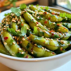 Für dieses einfache Rezept benötigst du folgende Hauptzutaten: - 2 Tassen Edamame (in Schoten) - 4 Knoblauchzehen, fein gehackt - 1 Esslöffel Olivenöl - 1 Esslöffel Sojasoße - 1 Teelöffel rote Chiliflocken (nach Geschmack anpassen) - 1 Teelöffel Sesamöl - 1 Esslöffel Sesamsamen - Salz, nach Geschmack Edamame sind grüne Sojabohnen. Sie sind nahrhaft und lecker. Der Knoblauch bringt viel Geschmack. Das Olivenöl sorgt für eine schöne Bräunung. Die Sojasoße gibt einen herzhaften Umami-Geschmack. Um dein Gericht zu toppen, kannst du folgende Zutaten verwenden: - Frischer Koriander, zum Garnieren Frischer Koriander bringt Farbe und einen frischen Geschmack. Er passt perfekt zu den scharfen Aromen. Du kannst ihn grob hacken und gleich darüber streuen. Falls du keine Edamame findest, gibt es Alternativen: - Grüne Bohnen - Erbsen - Kichererbsen Diese Optionen bieten einen ähnlichen Biss. Sie sind auch gesund und lecker. Jedes Gemüse hat seinen eigenen Geschmack, der das Gericht interessant macht. {{ingredient_image_2}} Um die Edamame zu kochen, füllen Sie einen großen Topf mit Wasser. Bringen Sie das Wasser zum Kochen und fügen Sie eine Prise Salz hinzu. Geben Sie die Edamame-Schoten ins Wasser und kochen Sie sie etwa 5 Minuten lang. Sie sollten zart, aber noch bissfest sein. Nach dem Kochen, seihen Sie die Edamame ab und stellen Sie sie beiseite. Jetzt kommt der leckere Teil! Erhitzen Sie in einer großen Pfanne 1 Esslöffel Olivenöl bei mittlerer Hitze. Fügen Sie 4 fein gehackte Knoblauchzehen hinzu. Braten Sie den Knoblauch für etwa 1 Minute an, bis er duftet. Achten Sie darauf, dass er nicht braun wird, sonst wird er bitter. Rühren Sie 1 Teelöffel rote Chiliflocken und 1 Teelöffel Sesamöl in die Pfanne. Lassen Sie die Mischung für 30 Sekunden weiter brutzeln. So setzen sich die Aromen frei. Danach geben Sie die abgetropften Edamame in die Pfanne. Werfen Sie alles gut um, damit die Edamame mit der Knoblauch-Gewürzmischung überzogen werden. Gießen Sie 1 Esslöffel Sojasoße über die Edamame und vermengen Sie alles gut. Kochen Sie die Mischung für weitere 2 Minuten. Nehmen Sie die Pfanne vom Herd und streuen Sie 1 Esslöffel Sesamsamen darüber. Übertragen Sie die Edamame in eine Servierschüssel. Garnieren Sie das Gericht mit frischem Koriander. Schmecken Sie mit Salz nach Belieben ab. Servieren Sie die würzigen Edamame warm und genießen Sie diesen köstlichen Snack! Um die perfekte Konsistenz der Edamame zu erzielen, ist das Kochen wichtig. Verwende viel Wasser und füge eine Prise Salz hinzu. Koche die Edamame für etwa fünf Minuten. Sie sollten zart, aber noch knackig sein. Nach dem Kochen, seihe die Schoten ab. Lass sie kurz abkühlen, bevor du sie weiterverarbeitest. Du kannst die Würze anpassen, um neue Geschmäcker zu entdecken. Probiere zusätzliches Chili für mehr Schärfe. Eine Prise Kreuzkümmel bringt einen warmen, erdigen Geschmack. Wenn du es süßer magst, füge etwas Honig hinzu. Experimentiere mit verschiedenen Kräutern wie Basilikum oder Petersilie, um deinen eigenen Twist zu kreieren. Wenn du viele Edamame zubereiten möchtest, koche sie in mehreren Töpfen gleichzeitig. So sparst du Zeit. Halte die Gewürze bereit, während die Edamame kochen. Mische die fertigen Edamame in einer großen Schüssel mit der Gewürzmischung. Das sorgt für eine gleichmäßige Verteilung der Aromen. Du kannst auch die doppelte Menge der Gewürze verwenden, um den Geschmack zu intensivieren. Pro Tipps Frische Edamame: Verwenden Sie frische Edamame, wenn möglich, um den besten Geschmack und die beste Textur zu erzielen. Knoblauch nicht verbrennen: Achten Sie darauf, den Knoblauch nicht zu lange zu braten, da er schnell verbrennt und bitter wird. Halten Sie die Hitze niedrig. Würze anpassen: Passen Sie die Menge der roten Chiliflocken an Ihren persönlichen Geschmack an, um die Schärfe zu variieren. Garnieren für Farbe: Verwenden Sie frischen Koriander nicht nur für den Geschmack, sondern auch für eine ansprechende Präsentation. {{image_4}} Wenn du etwas mehr Fleisch magst, füge gebratenes Schweinefleisch hinzu. Brate kleine Stücke von Schweinefleisch in der Pfanne, bevor du den Knoblauch hinzufügst. Das gibt den Edamame einen herzhaften Geschmack. Die Kombination von zartem Fleisch und scharfen Edamame ist einfach lecker. Für eine vegane Version lass das Sesamöl weg oder ersetze es durch eine pflanzliche Alternative. Du kannst auch frische Chili anstelle von Chiliflocken verwenden. Diese Anpassungen machen das Gericht frisch und spannend. So bleibt der volle Geschmack ohne tierische Produkte erhalten. Edamame passen hervorragend zu vielen Gerichten. Du kannst sie als Beilage zu Reis oder Nudeln servieren. Sie ergänzen auch Salate gut. Wenn du Sushi machst, sind sie ein toller Snack. Edamame bringt Farbe und Geschmack auf deinen Tisch. Zudem sind sie gesund und nahrhaft. Wenn du nach dem Essen noch Edamame über hast, lagere sie am besten im Kühlschrank. Nutze einen luftdichten Behälter. So bleiben die Edamame frisch. Du kannst sie bis zu drei Tage aufbewahren. Achte darauf, dass sie gut abgekühlt sind, bevor du sie in den Behälter gibst. Wenn du mehr Edamame gemacht hast, als du essen kannst, kannst du sie einfrieren. Lass die Edamame zuerst vollständig abkühlen. Lege sie dann in einen gefrierfesten Beutel. Drücke die Luft heraus und verschließe den Beutel gut. So bleiben sie bis zu drei Monate haltbar. Bei Bedarf kannst du sie direkt aus dem Gefrierfach verwenden. Um die Edamame wieder aufzuwärmen, kannst du sie in einer Pfanne erhitzen. Füge etwas Olivenöl hinzu und brate sie kurz an. Alternativ kannst du sie auch in der Mikrowelle erwärmen. Gib sie in eine Schüssel mit einem kleinen Spritzer Wasser. Decke die Schüssel ab und erwärme sie für ein bis zwei Minuten. So bleiben die Edamame lecker und saftig. Sie können Spicy Garlic Edamame im Kühlschrank für bis zu drei Tage aufbewahren. Lagern Sie die Edamame in einem luftdichten Behälter. So bleiben sie frisch und lecker. Vor dem Servieren können Sie die Edamame kurz aufwärmen. Ja, dieses Rezept ist glutenfrei, wenn Sie glutenfreie Sojasoße verwenden. Viele Marken bieten nun glutenfreie Optionen an. Achten Sie darauf, dass alle anderen Zutaten auch glutenfrei sind. Ja, Sie können frischen Knoblauch durch Knoblauchpulver ersetzen. Verwenden Sie etwa einen Teelöffel Knoblauchpulver für jede Zehe. Der Geschmack wird anders sein, ist aber immer noch gut. Achten Sie darauf, das Pulver später beim Anbraten hinzuzufügen, damit es nicht verbrennt. Spicy Garlic Edamame ist einfach und lecker. Wir haben die Hauptzutaten, Zubereitung und Tipps durchgenommen. Ich hoffe, du bist inspiriert, dein eigenes Gericht zuzubereiten. Denk daran, dass Variation viel Spaß macht. Probiere verschiedene Gewürze oder Alternativen zu Edamame aus. Schließlich kannst du die Reste ganz leicht aufbewahren. Edamame lassen sich gut einfrieren und aufwärmen. Viel Spaß beim Kochen und genießen!