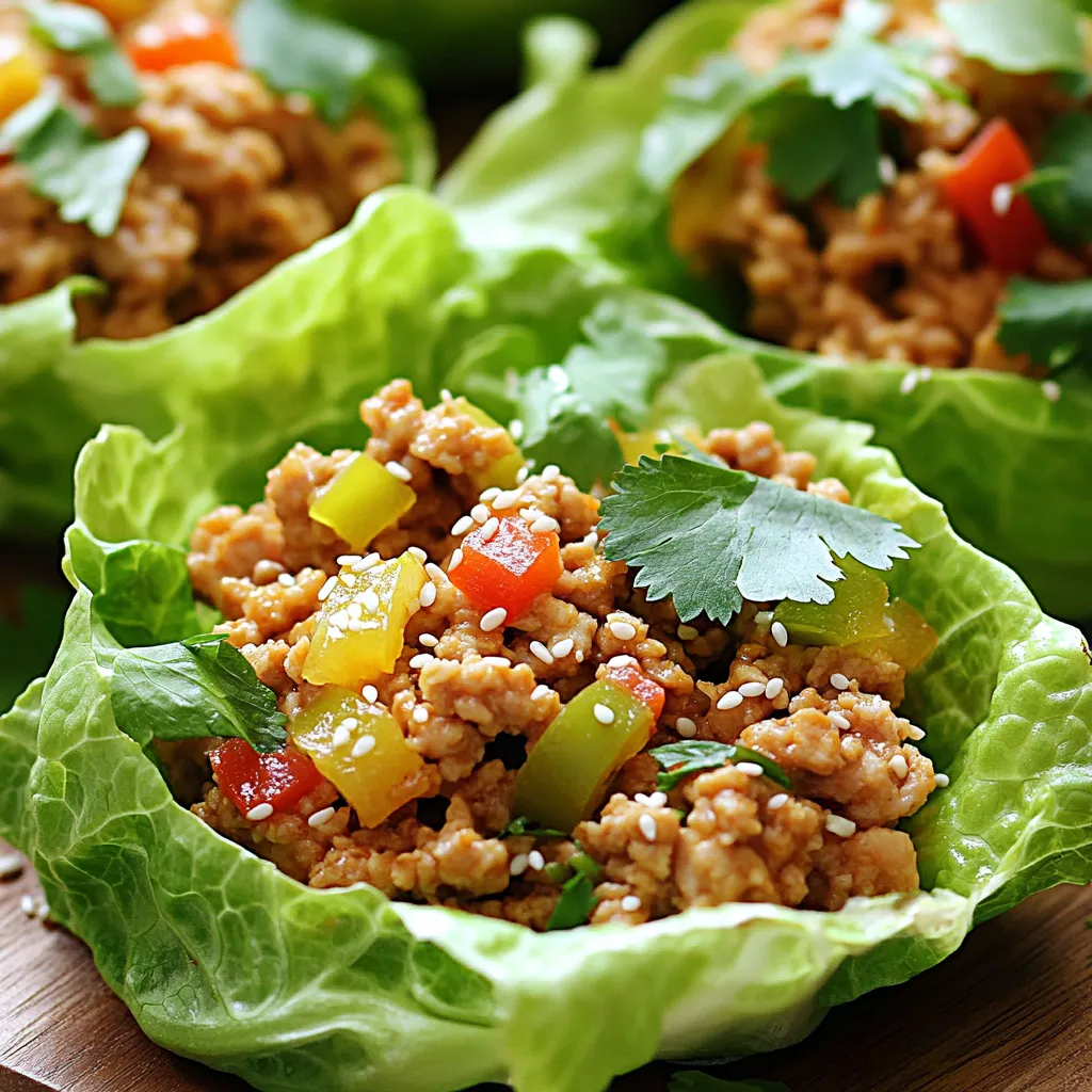 - 450 g gemahlenes Hühnerfleisch - 1 Esslöffel Sesamöl - 2 Knoblauchzehen, fein gehackt - 1 Esslöffel frischer Ingwer, fein gehackt - 1 rote Paprika, fein gewürfelt - 1 Karotte, gerieben - 3 Frühlingszwiebeln, in Ringe geschnitten - 3 Esslöffel Sojasauce - 2 Esslöffel Hoisinsauce - 1 Esslöffel Reisessig - 1 Esslöffel Sriracha (optional) - 1 Kopf Buttersalat (oder Eisbergsalat) - Sesamkörner zur Garnitur - Frischer Koriander zur Garnitur Die Zutaten sind frisch und einfach. Das Hühnerfleisch macht diesen Snack herzhaft. Sesamöl bringt einen nussigen Geschmack. Knoblauch und Ingwer sorgen für Aroma und Schärfe. Rote Paprika und Karotte bringen Farbe und Textur. Frühlingszwiebeln fügen einen frischen Crunch hinzu. Sojasauce und Hoisinsauce geben Tiefe. Reisessig sorgt für einen leichten Säurekick. Sriracha kann für mehr Schärfe hinzugefügt werden. Buttersalat dient als knackige Hülle für die Füllung. Sesamkörner und Koriander runden das Gericht geschmacklich ab. - Kalorien pro Portion: ca. 300 - Protein: 25 g - Fett: 15 g - Kohlenhydrate: 20 g Jede Portion hat gute Nährwerte. Das Gericht hat viel Protein und wenig Kohlenhydrate. Ideal für einen leichten Snack oder eine Mahlzeit. Es ist gesund und sättigend zugleich. Zuerst bereite alle Zutaten vor. Hier sind die Schritte: - 450 g gemahlenes Hühnerfleisch abwiegen. - 2 Knoblauchzehen und 1 Esslöffel frischen Ingwer fein hacken. - 1 rote Paprika in kleine Würfel schneiden. - 1 Karotte reiben. - 3 Frühlingszwiebeln in Ringe schneiden. - Wasche die Blätter des Buttersalats gründlich. - Lege die Salatblätter zum Trocknen auf ein Küchentuch. Jetzt wird das Gericht zubereitet: - Erhitze 1 Esslöffel Sesamöl in einer großen Pfanne bei mittlerer Hitze. - Füge die gehackten Knoblauchzehen und Ingwer hinzu. Brate sie für 1-2 Minuten. - Erhöhe die Hitze auf mittelhoch. Gib das gemahlene Hühnerfleisch in die Pfanne. - Brate das Hühnerfleisch 5-7 Minuten an. Zerbrich es mit einem Spatel in kleine Stücke. - Füge die gewürfelte Paprika und die geriebene Karotte hinzu. Brate alles für weitere 3-4 Minuten. - Rühre 3 Esslöffel Sojasauce, 2 Esslöffel Hoisinsauce, 1 Esslöffel Reisessig und Sriracha unter. Koche diese Mischung 2 Minuten, um die Aromen zu vereinen. - Nimm die Pfanne vom Herd und lasse die Mischung kurz abkühlen. Jetzt kommt der beste Teil: das Servieren. - Verwende einen Löffel, um die Hühnermischung in die Salatblätter zu füllen. - Garniere die Blätter mit Sesamkörnern und frischem Koriander. - Jetzt sind die asiatischen Chicken Lettuce Cups bereit zum Genießen! - Optimale Bratzeit für Hühnerfleisch: Brate das Hühnerfleisch für etwa 5 bis 7 Minuten. Achte darauf, dass es schön gebräunt und gut durchgegart ist. Diese Zeit hilft, die Feuchtigkeit im Fleisch zu halten und einen tollen Geschmack zu entwickeln. - Gemüse richtig dünsten: Dünste die Paprika und Karotte für 3 bis 4 Minuten. Dadurch bleiben die Farben lebendig und die Textur bleibt knackig. So schmeckt das Gemüse frisch und lecker. - Verwendung von verschiedenen Saucen: Probiere unterschiedliche Saucen aus, um den Geschmack zu variieren. Sojasauce bringt Salz, während Hoisinsauce Süße hinzufügt. Reisessig sorgt für eine leichte Säure. - Verwendung frischer Kräuter: Frischer Koriander macht die Lettuce Cups lebendig. Du kannst auch frische Minze oder Basilikum verwenden, um neue Aromen zu entdecken. Experimentiere mit Kräutern, die dir gefallen! {{image_4}} Du kannst das Hühnerfleisch ganz einfach ersetzen. Rindfleisch ist eine gute Wahl. Es hat einen reichhaltigen Geschmack und wird gut gewürzt. Du kannst auch Tofu verwenden. Tofu nimmt die Aromen gut auf und macht das Gericht vegetarisch. Die Zubereitung bleibt gleich. Achte darauf, den Tofu gut zu braten, damit er knusprig wird. Das Gemüse in den Lettuce Cups ist sehr flexibel. Du kannst weitere Gemüsesorten hinzufügen. Zucchini, Pilze oder Erbsen passen gut dazu. Auch saisonale Gemüse wie Spargel oder Kürbis sind toll. Sie bringen frische Farben und Texturen in das Gericht. Experimentiere mit deinem Lieblingsgemüse. Wenn du es weniger scharf magst, verwende weniger Sriracha. Du kannst auch andere Scharfmacher ausprobieren. Frische Chili oder Paprikapulver sind gute Alternativen. So kannst du den Geschmack nach deinem Wunsch anpassen. Schärfe macht das Essen spannend, also finde die perfekte Balance für dich. - Wie lange halten sich die Reste? Reste der asiatischen Chicken Lettuce Cups sind im Kühlschrank etwa 3 Tage haltbar. Bewahre sie in einem luftdichten Behälter auf. So bleiben die Aromen frisch und das Hühnerfleisch saftig. - Lagerbehälter richtig wählen Wähle einen Behälter, der gut schließt. Ein Glasbehälter ist ideal, da er keine Gerüche aufnimmt. Plastiktüten sind auch praktisch, aber achte darauf, die Luft herauszudrücken. - Tipps zum Einfrieren der Mischung Du kannst die Hühnerfüllung gut einfrieren. Lass sie zuerst abkühlen. Fülle sie dann in einen gefrierfesten Behälter oder in Gefrierbeutel. Markiere das Datum, um den Überblick zu behalten. - Auftauen und Aufwärmen Um die Mischung aufzutauen, lege sie über Nacht in den Kühlschrank. Erhitze sie dann in einer Pfanne bei mittlerer Hitze. Füge ein wenig Wasser hinzu, um das Hühnerfleisch wieder saftig zu machen. So bleibt der Geschmack erhalten. Um das Rezept vegan zu machen, kannst du das Hühnerfleisch durch pflanzliche Proteinoptionen ersetzen. Tofu oder Tempeh sind gute Alternativen. Du kannst auch gewürztes Seitan verwenden. Für die Sojasauce, die oft Fischsoße enthält, nutze Tamari oder eine miso-basierte Sauce. Diese Optionen geben deinem Gericht einen tollen Geschmack und eine schöne Textur. Ja, du kannst die Salatblätter leicht ersetzen. Versuche es mit anderen Blattsalaten wie Römersalat oder Mangold. Du kannst auch Reis- oder Maiswraps verwenden. Diese Optionen sind ebenfalls lecker und bieten eine andere Textur. Achte darauf, dass die Blätter groß genug sind, um die Füllung zu halten. Um das Gemüse zu würzen, kannst du verschiedene Gewürze und Kräuter verwenden. Frischer Koriander passt gut zu diesem Gericht. Auch etwas Limettensaft bringt Frische. Du kannst zusätzlich Chili-Flocken für mehr Schärfe hinzufügen. Probiere auch Knoblauchpulver oder gerösteten Sesam, um den Geschmack zu vertiefen. Zusammenfassend haben wir ein leckeres Rezept mit einfachen Zutaten und klaren Schritten betrachtet. Die Hauptzutaten, wie gemahlenes Hühnchen und frisches Gemüse, sorgen für tollen Geschmack und Nährstoffgehalt. Außerdem haben wir Variationen besprochen, damit du das Rezept nach deinem Geschmack anpassen kannst. Denk an die Tipps für die perfekte Konsistenz und Lagerung. Jetzt liegt es an dir, dieses Rezept auszuprobieren und zu genießen!