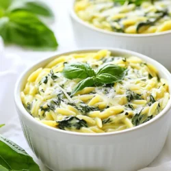 - 1 Tasse Orzo-Pasta - 2 Tassen frischer Spinat, grob gehackt - 1 Esslöffel Olivenöl - 2 Knoblauchzehen, fein gehackt - 1 Tasse Gemüsebrühe - 1/2 Tasse Schlagsahne - 1 Tasse frisch geriebener Parmesan - 1/2 Teelöffel Muskatnuss - Salz und Pfeffer nach Geschmack - Frische Basilikumblätter zum Garnieren Die Mengen sind für vier Portionen gedacht. Du brauchst 1 Tasse Orzo-Pasta, um die Basis zu schaffen. Der Spinat gibt dem Gericht Farbe und Frische. Mit 1 Esslöffel Olivenöl wird der Knoblauch aromatisch. Die Brühe bringt Geschmack. Schlagsahne und Parmesan sorgen für die Cremigkeit. Muskatnuss gibt einen besonderen Kick. Frischer Spinat ist ideal, aber du kannst auch Tiefkühlspinat verwenden. Achte darauf, ihn gut abzutropfen. Du kannst auch andere grüne Blätter wie Mangold oder Grünkohl ausprobieren. Für den Käse bietet sich frisch geriebener Parmesan an, aber auch Pecorino passt gut. {{ingredient_image_2}} Zuerst bringst du einen mittelgroßen Topf mit gesalzenem Wasser zum Kochen. Die Orzo-Pasta kochst du dann nach den Anweisungen auf der Verpackung. Achte darauf, sie al dente zu kochen. Wenn die Pasta fertig ist, lässt du sie abtropfen und stellst sie beiseite. So bleibt die Pasta schön locker. Jetzt kommt der spannende Teil! Erhitze in einer großen Pfanne das Olivenöl bei mittlerer Hitze. Füge die fein gehackten Knoblauchzehen hinzu und brate sie für etwa eine Minute. Der Geruch wird köstlich sein! Dann gib den grob gehackten Spinat in die Pfanne. Koche ihn 2 bis 3 Minuten lang, bis er zusammenfällt. Gieße dann die Gemüsebrühe in die Pfanne und bringe alles zum Simmern. Lass die Brühe für 3 bis 4 Minuten leicht reduzieren. Stelle die Hitze auf niedrig, bevor du die Schlagsahne, den frisch geriebenen Parmesan und die Muskatnuss hinzufügst. Rühre alles gut um, bis der Käse geschmolzen ist und die Sauce cremig wird. Jetzt ist es Zeit, die Orzo-Pasta und die cremige Sauce zu vereinen! Füge die gekochte Orzo-Pasta in die Pfanne. Rühre alles gut um, damit die Pasta gleichmäßig mit der Sauce bedeckt ist. Schmecke das Gericht mit Salz und Pfeffer ab. Nehme die Pfanne vom Herd und lasse das Gericht eine Minute ruhen. So kann es leicht eindicken. Serviere den cremigen Spinat-Parmesan-Orzo in Schalen und garniere ihn mit frischen Basilikumblättern. Guten Appetit! Um die Sauce perfekt cremig zu machen, achte auf die Hitze. Halte die Temperatur niedrig, wenn du die Schlagsahne und den Käse hinzufügst. So schmilzt der Käse gleichmäßig. Wenn die Sauce zu dick ist, füge mehr Gemüsebrühe hinzu. So bleibt sie schön flüssig. Frischer Spinat bringt mehr Geschmack und Nährstoffe. Du kannst auch Babyspinat verwenden, wenn du es milder magst. Wasche den Spinat gut, bevor du ihn hinzufügst. Lass ihn in der Pfanne kurz zusammenfallen. So behält er seine lebendige Farbe und Nährstoffe. Parmesan ist der Hauptkäse in diesem Gericht. Er gibt einen tollen Geschmack. Du kannst auch andere Käsesorten probieren, wie Pecorino oder Grana Padano. Diese Käsesorten haben ähnliche Texturen. Achte darauf, den Käse frisch zu reiben. So bleibt der Geschmack intensiv und frisch. Pro Tipps Frischer Spinat: Verwende immer frischen Spinat für den besten Geschmack und die beste Textur. Getrockneter Spinat bringt nicht den gleichen frischen Geschmack in dein Gericht. Parmesan frisch reiben: Reibe den Parmesan frisch, anstatt vorgeriebenen Käse zu verwenden. Dies sorgt für eine bessere Schmelze und intensiveren Geschmack. Muskatnuss frisch mahlen: Wenn möglich, verwende frisch geriebene Muskatnuss. Der Geschmack ist viel intensiver und verleiht deinem Gericht eine besondere Note. Variationen: Du kannst das Rezept leicht abwandeln, indem du zusätzliches Gemüse wie Erbsen oder geröstete Paprika hinzufügst, um mehr Farbe und Nährstoffe zu integrieren. {{image_4}} Du kannst den cremigen Spinat-Parmesan-Orzo ganz einfach auffrischen. Füge zum Beispiel Erbsen, Paprika oder Zucchini hinzu. Diese Gemüsesorten bringen Farbe und Geschmack. Erbsen geben eine süße Note. Paprika bringt Knackigkeit und Zucchini sorgt für Frische. Dämpfe das Gemüse kurz, bevor du es der Sauce hinzufügst. Das macht dein Gericht noch gesünder und bunter. Wenn du etwas mehr Protein möchtest, sind Hühnchen oder Garnelen eine gute Wahl. Brate das Hühnchen in Stücke geschnitten an und füge es zur Sauce hinzu. Für Garnelen, koche sie einfach in der Pfanne, bevor du die Sauce machst. Beides passt perfekt zu den Aromen des Orzo. Diese Optionen machen das Gericht sättigender und nahrhafter. Für eine vegane Variante verwende pflanzliche Sahne und veganen Käse. Ersetze den Parmesan durch Hefeflocken. Diese geben einen würzigen Geschmack. Du kannst auch mehr Gemüse wie Brokkoli oder Karotten hinzufügen. So bleibt das Gericht lecker und gesund, ohne tierische Produkte. Es ist eine einfache Anpassung, die alle genießen können. Du kannst den cremigen Spinat-Parmesan-Orzo gut aufbewahren. Lass das Gericht zuerst abkühlen. Fülle es dann in einen luftdichten Behälter. Im Kühlschrank hält es sich bis zu drei Tage. Du kannst auch Portionsgrößen einfrieren. Achte darauf, die Orzo nicht zu lange einzufrieren, damit die Textur bleibt. Im Gefrierschrank hält es bis zu einem Monat. Wenn du den Orzo wieder aufwärmen möchtest, mache das langsam. Erwärme ihn in einem Topf bei schwacher Hitze. Füge einen Spritzer Gemüsebrühe oder etwas Sahne hinzu, um die Cremigkeit zurückzubringen. Rühre häufig, damit nichts anbrennt. Du kannst auch die Mikrowelle verwenden, aber achte darauf, den Orzo in kurzen Intervallen zu erhitzen. Die Haltbarkeit des cremigen Spinats ist wichtig. Wenn du ihn im Kühlschrank aufbewahrst, verbrauche ihn innerhalb von drei Tagen. Überprüfe immer auf Anzeichen von Verderb. Wenn etwas komisch riecht oder die Farbe sich ändert, wirf es lieber weg. Im Gefrierfach hält es sich länger, aber der Geschmack könnte sich leicht verändern. Um die Sauce dicker zu machen, kannst du mehr Parmesan hinzufügen. Parmesan schmilzt gut und macht die Sauce cremiger. Eine andere Möglichkeit ist, etwas mehr Schlagsahne zu verwenden. Wenn du es noch dicker magst, kannst du auch einen kleinen Löffel Maisstärke mit Wasser mischen und in die Sauce rühren. Lass die Sauce dann kurz aufkochen, damit sie eindickt. Ja, du kannst gefrorenen Spinat verwenden! Achte darauf, ihn zuerst gut abzutropfen. Das hilft, die Flüssigkeit zu reduzieren. Du brauchst etwa die gleiche Menge gefrorenen Spinat wie frischen. Gib ihn in die Pfanne, nachdem du den Knoblauch angebraten hast. Koche ihn, bis er aufgetaut und heiß ist. Zu cremigem Spinat-Parmesan-Orzo passen viele Beilagen. Ein frischer grüner Salat ist eine tolle Wahl. Auch gegrilltes Gemüse ergänzt das Gericht gut. Wenn du etwas Herzhaftes magst, probiere dazu knuspriges Brot oder Brötchen. Diese Beilagen sorgen für einen schönen Kontrast zu der cremigen Pasta. In diesem Artikel haben wir die Zutaten, die Zubereitung, die besten Tipps und kreative Variationen für Gericht betrachtet. Die richtige Pasta und Sauce ergeben ein großartiges Ergebnis. Denken Sie daran, frische Zutaten zu verwenden, um den Geschmack zu verbessern. Experimentieren Sie mit Gemüse und Protein, um Ihr Gericht zu personalisieren. Gut gelagert bleibt das Essen frisch. Sie haben nun alles, was Sie brauchen, um ein köstliches Gericht zu zaubern. Viel Spaß beim Kochen!