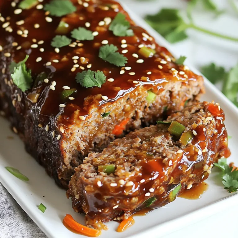 Für diesen leckeren Hackbraten brauchst du die folgenden Zutaten: - 450 g Rinderhackfleisch (oder Putenhackfleisch) - 120 g Semmelbrösel - 60 g geriebene Karotte - 60 g fein gehackte Frühlingszwiebeln - 60 ml Teriyakisauce (plus extra zum Glasieren) - 1 großes Ei - 2 Knoblauchzehen, gehackt - 1 Teelöffel geriebener Ingwer - 1/2 Teelöffel Salz - 1/2 Teelöffel schwarzer Pfeffer - 1/2 Teelöffel Sesamöl Diese Zutaten bringen die Aromen zusammen. Das Rinderhackfleisch hat einen tollen Geschmack. Putenhackfleisch macht das Gericht leichter, aber genauso lecker. Um deinen Hackbraten noch schöner zu machen, verwende: - Sesamkörner - Frischer Koriander Diese Garnierungen sorgen für einen tollen Look und zusätzlichen Geschmack. Der Koriander bringt einen frischen Hauch, während die Sesamkörner knusprig sind. Du kannst auch andere Fleischsorten nutzen. Probiere mal: - Schweinehackfleisch - Lammhackfleisch Diese Alternativen geben dem Gericht eine neue Note. Das Wichtigste ist, dass du die Zutaten gut mischst. So bleibt der Hackbraten saftig und geschmackvoll. {{ingredient_image_2}} Beginnen Sie mit der Vorbereitung der Hackfleischmischung. Nehmen Sie eine große Rührschüssel. Geben Sie 450 g Rinderhackfleisch oder Putenhackfleisch hinein. Fügen Sie 120 g Semmelbrösel und 60 g geriebene Karotte hinzu. Dann kommen 60 g fein gehackte Frühlingszwiebeln dazu. Gießen Sie 60 ml Teriyakisauce in die Schüssel. Jetzt ist das große Ei dran. Hacken Sie 2 Knoblauchzehen und geben Sie diese dazu. Reiben Sie 1 Teelöffel Ingwer und fügen Sie ihn auch hinzu. Streuen Sie 1/2 Teelöffel Salz und 1/2 Teelöffel schwarzen Pfeffer in die Mischung. Zum Schluss kommt 1/2 Teelöffel Sesamöl. Mischen Sie alles gut, aber übertreiben Sie es nicht. Die Mischung sollte gut verbunden sein, aber die Textur bleibt wichtig. Jetzt formen wir den Hackbraten. Nehmen Sie eine Kastenform und fetten Sie sie leicht ein oder verwenden Sie Backpapier. Geben Sie die Hackfleischmischung in die Form. Drücken Sie sie vorsichtig, damit sie gleichmäßig geformt ist. Nehmen Sie etwas Teriyakisauce und bestreichen Sie die Oberseite des Hackbratens. Diese Glasur gibt dem Hackbraten einen tollen Geschmack. Heizen Sie den Ofen auf 175 °C vor. Backen Sie den Hackbraten 45-50 Minuten lang. Überprüfen Sie die Innentemperatur. Sie sollte 70 °C erreichen. Nach der Hälfte der Backzeit fügen Sie eine weitere Schicht Teriyakisauce hinzu. Nach dem Backen nehmen Sie den Hackbraten heraus und lassen ihn 10 Minuten ruhen. Schneiden Sie den Hackbraten in Scheiben und servieren Sie ihn. Beträufeln Sie jede Scheibe mit mehr Teriyakisauce. Garnieren Sie das Gericht mit Sesamkörnern und frischem Koriander. Ein häufiger Fehler bei Hackbraten ist das Übermischen der Zutaten. Mische die Mischung nur so lange, bis alles gut verbunden ist. Zu viel Mischen macht den Hackbraten fest und trocken. Ein anderer Fehler ist, die Teriyakisauce zu früh hinzuzufügen. Verwende sie erst beim Glasieren. So bleibt der Geschmack frisch und intensiv. Für eine perfekte Textur nutze frische Zutaten. Die geriebene Karotte und die Frühlingszwiebeln bringen Feuchtigkeit in den Hackbraten. Das Ei hilft, alles zusammenzuhalten, ohne die Mischung zu schwer zu machen. Achte darauf, das Hackfleisch nicht zu zerdrücken. Das sorgt für eine lockere, saftige Konsistenz. Dieser Teriyaki glasierte Hackbraten ist perfekt für Meal Prep. Du kannst ihn im Voraus zubereiten und im Kühlschrank aufbewahren. Schneide ihn in Portionen und lagere ihn in luftdichten Behältern. So hast du gesunde Mahlzeiten für die ganze Woche. Erwärme einfach die Stücke in der Mikrowelle oder im Ofen, wenn du Hunger hast. Pro Tipps Fleischwahl: Verwenden Sie für eine saftigere Variante Rinderhackfleisch, für eine leichtere Option Putenhackfleisch. Beide Varianten sind köstlich! Glasur-Tipps: Tragen Sie die Teriyakisauce in mehreren Schichten auf, um eine intensivere Geschmacksnote und eine schöne Glasur zu erzielen. Ruhenlassen: Lassen Sie den Hackbraten nach dem Backen etwa 10 Minuten ruhen, damit sich die Säfte setzen können und der Braten saftiger bleibt. Garnierung: Frischer Koriander und Sesamkörner verleihen dem Gericht nicht nur Farbe, sondern auch zusätzlichen Geschmack und Textur. {{image_4}} Wenn Sie eine vegetarische oder vegane Option wünschen, können Sie das Hackfleisch leicht ersetzen. Verwenden Sie stattdessen eine Mischung aus schwarzen Bohnen, gekochtem Quinoa oder Linsen. Diese Zutaten geben eine ähnliche Textur und sind reich an Proteinen. Fügen Sie die gleichen Gewürze und die Teriyakisauce hinzu, um den vollen Geschmack zu bewahren. Vergessen Sie nicht, ein veganes Ei-Ersatzmittel wie Chia-Pudding oder Apfelmus zu verwenden. So genießen Sie eine leckere und gesunde Mahlzeit. Um Ihren Hackbraten noch interessanter zu machen, können Sie verschiedene Gewürze ausprobieren. Fügen Sie zum Beispiel einen Teelöffel Kreuzkümmel oder Paprika hinzu. Diese Gewürze sorgen für eine spannende Note. Auch ein Hauch von Chili-Pulver kann für eine scharfe Überraschung sorgen. Seien Sie kreativ und mischen Sie Ihre Lieblingsgewürze, um das Gericht nach Ihrem Geschmack zu gestalten. Beilagen spielen eine große Rolle beim Servieren des Hackbratens. Probieren Sie gedämpftes Gemüse wie Brokkoli oder grüne Bohnen. Diese Beilagen bringen Farbe und Nährstoffe. Reis oder Quinoa sind ebenfalls tolle Optionen. Sie ergänzen die süße Teriyakisauce perfekt. Für eine asiatische Note können Sie auch einen Gurkensalat oder einen einfachen Kohl-Salat zubereiten. So wird Ihr Essen nicht nur lecker, sondern auch abwechslungsreich. Um Ihren Teriyaki glasierten Hackbraten frisch zu halten, lagern Sie ihn in einem luftdichten Behälter. So bleibt er saftig und lecker. Stellen Sie sicher, dass der Hackbraten vollständig abgekühlt ist, bevor Sie ihn in den Kühlschrank legen. Am besten genießen Sie ihn innerhalb von drei bis vier Tagen nach dem Kochen. Wenn Sie mehr Hackbraten gemacht haben, können Sie ihn einfrieren. Wickeln Sie ihn gut in Frischhaltefolie oder Aluminiumfolie ein. Nutzen Sie einen gefrierfesten Behälter, um Gefrierbrand zu vermeiden. So bleibt er bis zu drei Monate frisch. Zum Auftauen legen Sie den Hackbraten einfach über Nacht in den Kühlschrank. Danach können Sie ihn im Ofen oder in der Mikrowelle aufwärmen. Die Reste des Hackbratens sind eine wunderbare Möglichkeit, Zeit zu sparen. Nach dem ersten Kochen können Sie sie im Kühlschrank aufbewahren. Sie bleiben dort bis zu vier Tage genießbar. Achten Sie darauf, die Reste gut abzudecken, um ihren Geschmack zu bewahren. So haben Sie immer eine schnelle Mahlzeit zur Hand! Der Hackbraten muss 45 bis 50 Minuten backen. Achte darauf, die Innentemperatur zu prüfen. Sie sollte 70 °C erreichen. So bleibt das Fleisch saftig und lecker. Wenn du die Ofentür öffnest, um die Temperatur zu messen, achte darauf, dass die Hitze nicht entweicht. Ja, du kannst andere Saucen verwenden. Sojasauce oder BBQ-Sauce sind gute Alternativen. Sie geben dem Hackbraten einen anderen Geschmack. Probiere auch süße Chilisauce für eine würzige Note. Du kannst die Sauce auch nach deinem Geschmack anpassen. Experimentiere mit verschiedenen Aromen und finde deine Lieblingskombination. Um die Innentemperatur zu überprüfen, verwende ein Fleischthermometer. Stecke es in die Mitte des Hackbratens. Achte darauf, dass es nicht den Boden berührt. Wenn die Temperatur 70 °C zeigt, ist der Hackbraten fertig. Das sorgt dafür, dass er gut durchgegart ist und sicher zu essen bleibt. Dieser Artikel hat die wichtigsten Zutaten für Teriyaki-glasierten Hackbraten behandelt. Ich habe dir gezeigt, wie du die Hackfleischmischung vorbereitest und was du beim Backen beachten musst. Auch Tipps zu Textur und Lagerung gab es. Denken daran, kreative Variationen zu nutzen, um den Hackbraten zu verbessern. Mit diesem Wissen kannst du nun dein Gericht perfekt zubereiten und anpassen. Viel Spaß beim Kochen!