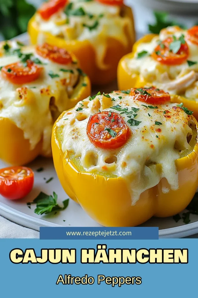 Entdecke dieses leckere gefüllte Paprika Rezept mit Cajun Hähnchen Alfredo! Diese bunten Paprika sind gefüllt mit zartem Hähnchen, Fettuccine und einer cremigen Alfredo-Sauce, verfeinert mit Cajun Gewürz. Perfekt für eine bequeme und schmackhafte Mahlzeit. Probiere es aus und teile deine Kreation! #CajunHähnchenAlfredo #gefülltePaprika #AlfredoSause #CajunGewürzRezept
