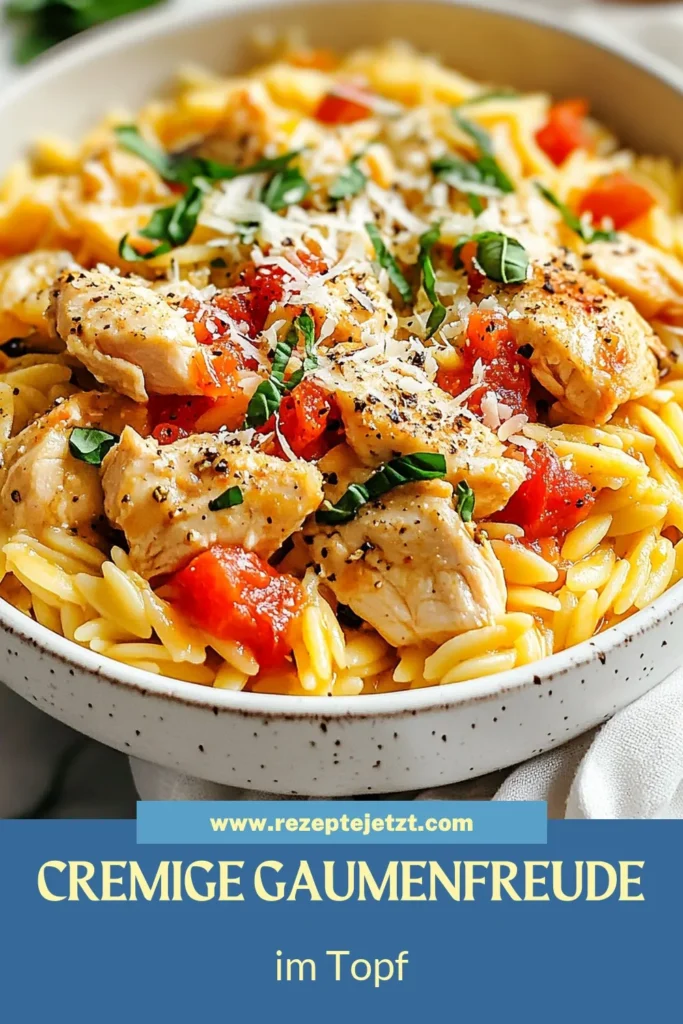 Entdecken Sie unser leckeres Rezept für cremiges Hähnchen mit Orzo! Dieses Tomaten-Basilikum-Rezept kombiniert saftiges Hähnchen in Sahnesauce mit zarten Orzo-Nudeln. Ideal für schnelle Hähnchengerichte, die Ihre Familie lieben wird. In nur 30 Minuten auf dem Tisch – perfekt für hektische Wochentage! Probieren Sie es aus und speichern Sie das Rezept für später! #Hähnchenrezepte #OrzoNudeln #Kochinspiration #SchnelleGerichte
