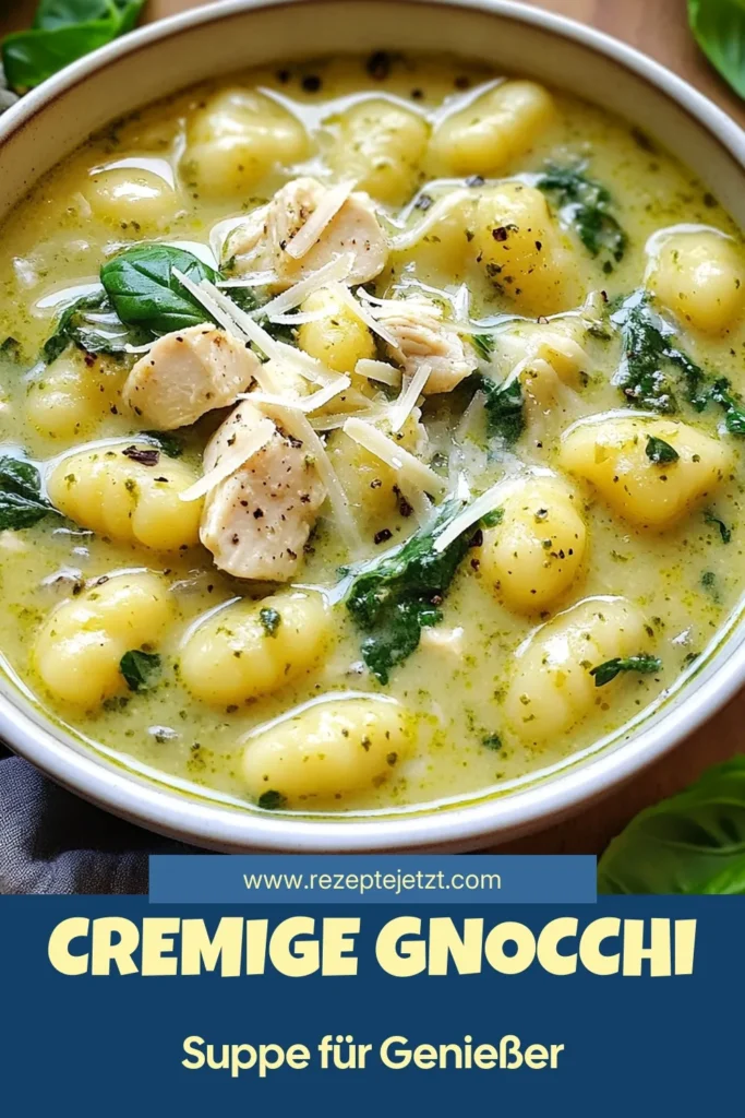 Entdecke dieses Rezept für cremige Gnocchi Suppe mit köstlichem Pesthühnchen! Unsere einfache Hähnchen-Gnocchi Suppe vereint die Aromen von italienischer Pesto Suppe und wird schnell zu deinem neuen Lieblingsgericht. In nur 35 Minuten zubereitet, ist diese cremige Gnocchi Suppe perfekt für jede Gelegenheit. Probiere es aus und lass dich von diesem einfachen Gnocchi Rezept begeistern! #Gnocchi #PestoHähnchen #Suppe #italienisch