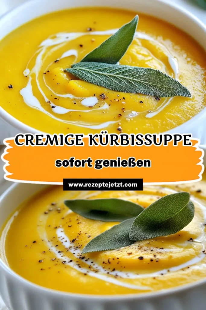 Entdecken Sie das perfekte Rezept für cremige Kürbissuppe! Diese geröstete Kürbissuppe ist einfach zuzubereiten und ideal für jede Jahreszeit. Verleihen Sie Ihrer vegane Kürbissuppe mit Kokosmilch eine besondere Note. Mit frisch geröstetem Kürbis und aromatischen Gewürzen genießen Sie ein köstliches Geschmackserlebnis. Probieren Sie unser einfaches Kürbissuppe Rezept und verwandeln Sie Ihre warmen Mahlzeiten! Speichern Sie das Rezept jetzt! #Kürbissuppe #veganeRezepte #Kürbissuppenliebe #gesundessen
