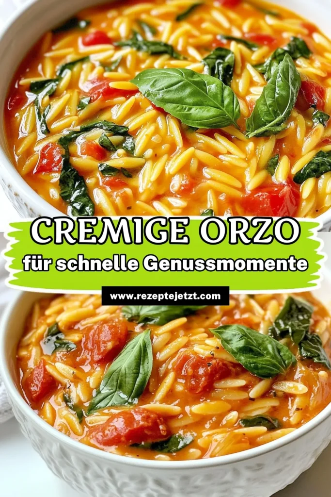 Entdecken Sie dieses köstliche Rezept für cremige Tomaten-Spinat-Orzo, das perfekt für alle ist, die schnelle Beilagen Rezepte lieben! Mit Orzo-Nudeln, frischem Spinat und einer cremigen Sauce ist dieses vegetarisches Pasta-Gericht einfach zuzubereiten und wird zum Highlight Ihres Essens. Ideal als einfaches Gericht mit Spinat. Lassen Sie sich inspirieren und probieren Sie es aus! #CremigeTomatenSpinatOrzo #OrzoNudelnRezept #VegetarischesPastaGericht #SchnelleBeilagenRezepte