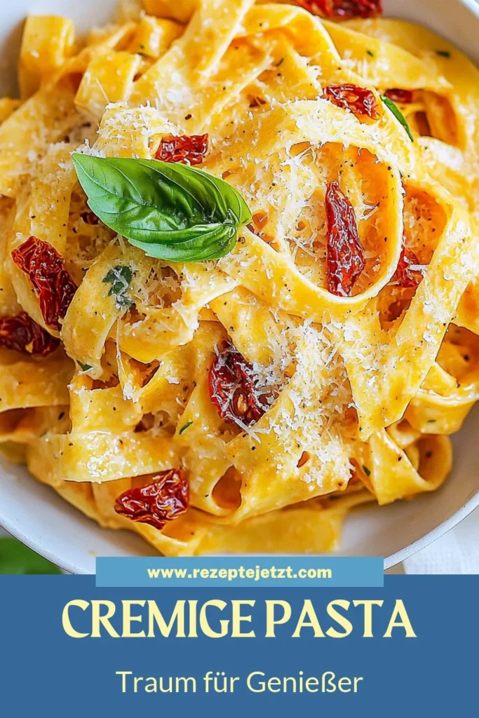 Entdecke dieses köstliche Pasta Rezept mit frisch cremiger Pasta mit getrockneten Tomaten und köstlichem Parmesan. Diese Fettuccine mit Schlagsahne ist ein ideales Beispiel einfacher Pasta Gerichte, perfekt für jeden Anlass. Verfeinere dein Abendessen mit diesem Pasta mit Basilikum Rezept und verwöhne deine Gäste. Probiere es aus und speichere dieses Rezept für ein schnelles, leckeres Essen! #PastaLiebe #Essen #SchnelleRezepte #PastaRezept