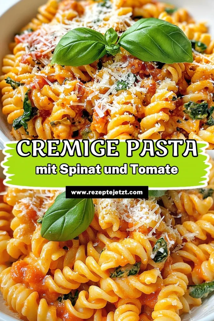 Entdecken Sie dieses köstliche Rezept für cremige Tomaten-Spinat Pasta, ideal für Fans einfacher Pasta Rezepte. Mit frischem Spinat und einer verführerischen Pasta mit Sahnesauce ist dieses vegetarische Pasta Gericht ein Genuss. Perfekt für schnelle Abendessen! Probieren Sie jetzt dieses cremige Pasta Rezept aus und überzeugen Sie sich selbst! Teilen und speichern! #CremigePastaRezepte #TomatenSpinatPasta #EinfachePastaRezepte #VegetarischePastaGerichte