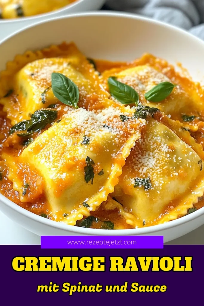 Entdecken Sie dieses cremige Ravioli Rezept mit köstlichen Tomaten-Spinat-Ravioli, die in einer samtigen Sahnesauce zubereitet werden. Dieses einfache Pasta Rezept ist perfekt für die italienische Küche und lässt sich in nur 25 Minuten zubereiten. Genießen Sie ein schnelles und leckeres Gericht, das Ihre Familie lieben wird. Kreieren Sie dieses Rezept und sichern Sie sich jetzt Ihre neuen Lieblingsgerichte! #RavioliMitSahnesauce #CremigeRavioliRezept #EinfachePastaRezepte #ItalienischeKücheRezepte