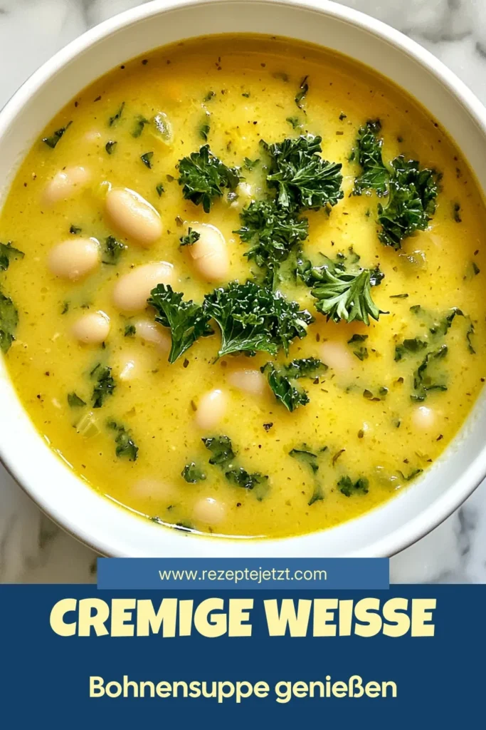 Entdecken Sie die köstliche cremige weiße Bohnensuppe mit unserem toskanischen Suppenrezept! Diese vegane Bohnensuppe ist nicht nur gesund, sondern auch reichhaltig und sättigend dank der Gemüsebrühe und dem nährstoffreichen Grünkohl. Perfekt für jedes Abendessen! Lassen Sie sich diese einfache und schmackhafte Suppe nicht entgehen. Teilen und speichern Sie unser Rezept! #Bohnensuppe #VeganeRezepte #GesundeSuppe #ToskanaEssen