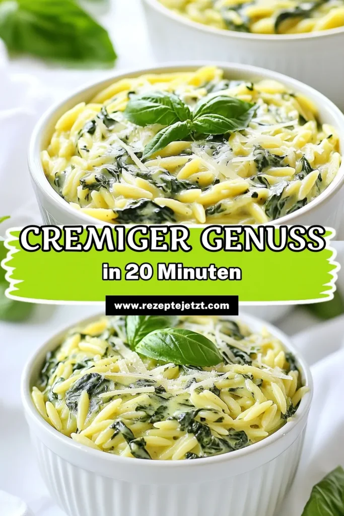 Entdecke dieses köstliche Rezept für cremigen Spinat-Orzo! Dieses Parmesan-Orzo Rezept begeistert mit frischem Spinat und einer samtigen Sahnesauce. Ideal für schnelle und einfache vegetarische Pasta Gerichte. Mit nur wenigen Zutaten hast du ein schmackhaftes Spinat Rezept schnell zubereitet. Probiere es aus und teile deine Kreationen! Schmeckt nach mehr! #CremigerSpinatOrzo #ParmesanOrzoRezept #VegetarischePasta #SpinatRezeptSchnell