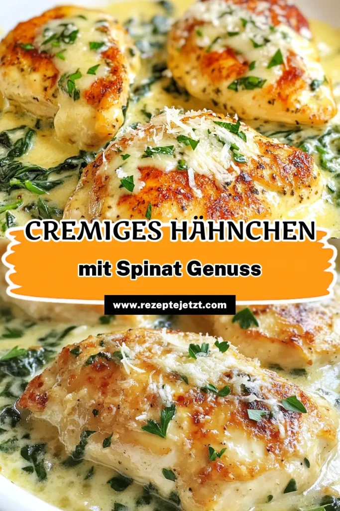 Entdecken Sie dieses cremige Hähnchen Rezept mit Knoblauch Spinat Huhn, das einfach zu machen ist und perfekt für italienische Hähnchengerichte. Mit saftigem Hähnchen, frischem Spinat und einer köstlichen Sahnesauce wird Ihr Abendessen zum Genuss! Ideal für Busy Weeknights – einfach und lecker! Speichern Sie das Rezept und überraschen Sie Ihre Familie! #CremigesHähnchenRezept #EinfachEssen #HähnchenMitSpinat #ItalienischeKüche