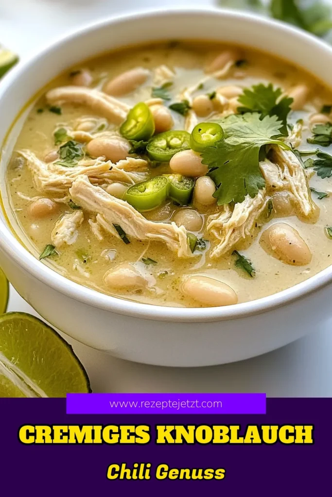 Entdecke das köstliche cremige Knoblauch-Hühnchen Chili, ein einfaches Hühnchen Chili Rezept, das deine Gaumen verwöhnt! Vollgepackt mit zarten, zerrupften Hühnchen und herzhaften weißen Bohnen Chili, ist dieses gesunde Hühnchengericht perfekt für jede Gelegenheit. Bereite es in 30 Minuten zu und genieße eine wahre Geschmacksexplosion. Probiere es heute aus und teile deine Kreation! #HühnchenChiliRezept #CremigesKnoblauchHühnchen #EinfacheChiliRezepte #GesundeHühnchengerichte