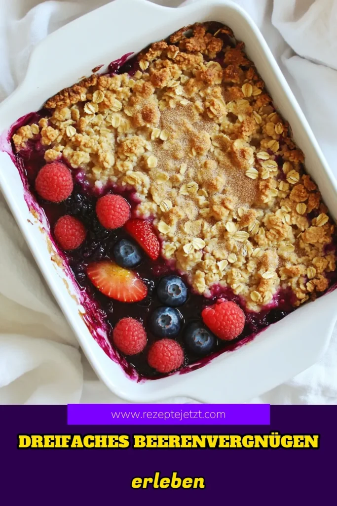 Entdecken Sie das perfektes Dessert für jede Gelegenheit mit unserem Dreifach Beeren-Crisp Rezept! Dieses köstliche Dessert vereint Erdbeeren, Blaubeeren und Himbeeren, gekrönt von einer knusprigen Hafer-Topping. Ideal für den Sommer – einfach zuzubereiten und unwiderstehlich lecker! Klicken Sie auf unseren Link, um die vollständige Anleitung zu sehen und sich inspirieren zu lassen. Genießen Sie das Fruchtvergnügen! #BeerenCrisp #DessertRezepte #Backen #Sommerrezepte